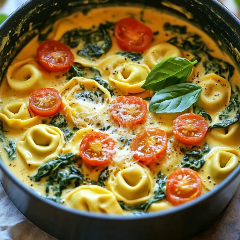 - 12 oz cheese tortellini (choose fresh or frozen based on your preference) - 2 cups fresh spinach, roughly chopped - 1 cup heavy cream, for luxurious richness - 1 cup vegetable broth, to enhance the flavor - 1 medium lemon, zested and juiced to brighten the dish - 1 cup cherry tomatoes, halved for a pop of sweetness - 2 cups Parmesan cheese, freshly grated for the ultimate creaminess - 2 tablespoons olive oil, for sautéing - 3 cloves garlic, minced for aromatic depth - Salt and freshly ground pepper, to taste - Fresh basil leaves for garnish (optional, but recommended for a burst of freshness) Gathering these ingredients is simple. Start with cheese tortellini, either fresh or frozen. I love using fresh for a soft bite, but frozen works well too. Next, grab fresh spinach. It adds a nice color and nutrition. Heavy cream brings rich flavor, while vegetable broth adds depth. Now, let’s talk about flavor enhancers. The lemon zest and juice brighten this dish. Cherry tomatoes add sweetness and color. For creaminess, use freshly grated Parmesan cheese. Olive oil and garlic create a fragrant base. Don’t forget seasoning! Salt and freshly ground pepper bring everything together. Finally, fresh basil leaves add a lovely touch on top. With these ingredients, you're ready to create a delicious meal. - Sautéing garlic and olive oil: Start by heating 2 tablespoons of olive oil in a large pot over medium heat. Once it's hot, add 3 minced garlic cloves. Sauté for 1-2 minutes until you smell the garlic, but don't let it brown. This step gives your dish a rich flavor base. - Combining vegetable broth and heavy cream: Next, add 1 cup of vegetable broth and 1 cup of heavy cream to the pot. Stir them together until they blend smoothly. This creamy mixture is the heart of your dish, adding richness and depth. - Boiling and simmering instructions: Bring the mixture to a gentle boil. Then, add 12 ounces of cheese tortellini. Reduce the heat to medium-low and let it simmer for about 5-7 minutes. Stir occasionally to prevent sticking. - Assessing tortellini doneness: Check the tortellini after 5 minutes. They should be tender and cooked through. If they need more time, let them simmer a bit longer. Perfectly cooked tortellini are key to a great dish. - Mixing in lemon and spinach: Once the tortellini is cooked, stir in the zest and juice of 1 medium lemon. Then, add 2 cups of roughly chopped spinach. Mix until the spinach wilts, blending its vibrant color and flavor into your dish. - Incorporating Parmesan cheese: Gradually sprinkle in 2 cups of freshly grated Parmesan cheese while stirring continuously. This will melt and create a creamy texture. If the sauce is too thick, add a splash of vegetable broth. - Adding cherry tomatoes and seasoning: Gently fold in 1 cup of halved cherry tomatoes. Season with salt and freshly ground pepper to taste. Heat through for an additional 2 minutes to let the flavors meld. Now, you're ready to enjoy a creamy one-pot lemon spinach tortellini that bursts with flavor! To ensure perfect tortellini texture, cook them until they float. This usually takes about 5-7 minutes. Stir often to prevent sticking. For sauce consistency, add the Parmesan cheese slowly. If it's too thick, pour in a splash of vegetable broth. This helps to keep it creamy and smooth. You can customize the dish with herbs like thyme or oregano. Add a pinch of red pepper flakes for spice. Using fresh ingredients makes a big difference. Fresh spinach and ripe tomatoes bring vibrant flavor. Always zest your lemon before juicing for extra brightness. For garnishing, sprinkle extra Parmesan on top. Add fresh basil leaves for color and flavor. Serve in shallow bowls to show off the creamy sauce. You can also drizzle a bit of olive oil for a nice finish. This makes the dish look appealing and delicious. {{image_4}} You can change up the tortellini type. Try meat, mushroom, or spinach tortellini. Each adds a unique taste. For a dairy-free option, use coconut cream instead of heavy cream. Nutritional yeast can replace Parmesan cheese for a vegan twist. You still get that creamy texture and rich flavor. If you want a low-carb version, swap tortellini for zucchini noodles. They cook fast and soak up flavor well. Gluten-free folks can use gluten-free tortellini. This keeps the dish friendly for all diets. This recipe shines in any season. In spring, add peas or asparagus for a fresh touch. Summer calls for zucchini or bell peppers, adding color and crunch. In fall, consider adding roasted butternut squash for sweetness. Winter can bring in kale; it wilts nicely like spinach. Each season brings new flavors and fun twists! To store leftovers, let the creamy tortellini cool before placing it in an airtight container. This keeps moisture out and helps maintain flavor. The dish lasts up to three days in the fridge. After that, the taste and texture may change. You can freeze creamy tortellini for longer storage. Place it in a freezer-safe container or bag. Make sure to remove as much air as possible. This dish can stay fresh in the freezer for up to three months. When it's time to enjoy, thaw it in the fridge overnight. To reheat, place the tortellini in a pot over low heat. Add a splash of vegetable broth or cream to help loosen the sauce. Stir gently until warm. You can also microwave it in a safe bowl. Heat in short bursts, stirring in between. For the best taste, reheat the creamy tortellini slowly. This keeps it creamy and prevents drying. Serve with a sprinkle of fresh Parmesan and a squeeze of lemon for extra zest. Pair this dish with a light salad or garlic bread for a complete meal. A crisp white wine, like Sauvignon Blanc, can enhance the flavors nicely. Yes, you can use frozen spinach. Here are the pros and cons: Pros: - Frozen spinach is convenient and often pre-washed. - It saves time in meal prep. - It has a long shelf life. Cons: - Frozen spinach may lose some texture. - It can have a slightly different taste. - You need to thaw and drain it before use. Using frozen spinach is fine. Just remember to adjust cooking time. To add heat, consider these options: - Add red pepper flakes while cooking. - Stir in diced jalapeños for a fresh kick. - Use spicy sausage instead of tortellini. - Top with hot sauce before serving. Try one or more of these ideas to suit your taste. Here are some great side dish ideas: - Garlic bread for a classic pairing. - A fresh garden salad to balance the dish. - Roasted vegetables for extra flavor. For beverages, I suggest: - A crisp white wine like Sauvignon Blanc. - Sparkling water with lemon for a light touch. These pairings enhance the meal and make it complete. This blog post shared an easy and tasty creamy lemon spinach tortellini recipe. We covered key ingredients, step-by-step instructions, and helpful tips. You learned about variations and storage methods. Remember, small tweaks can enhance your dish. Experiment with flavors and presentations to make it yours. Enjoy your cooking journey and savor your delicious meal!