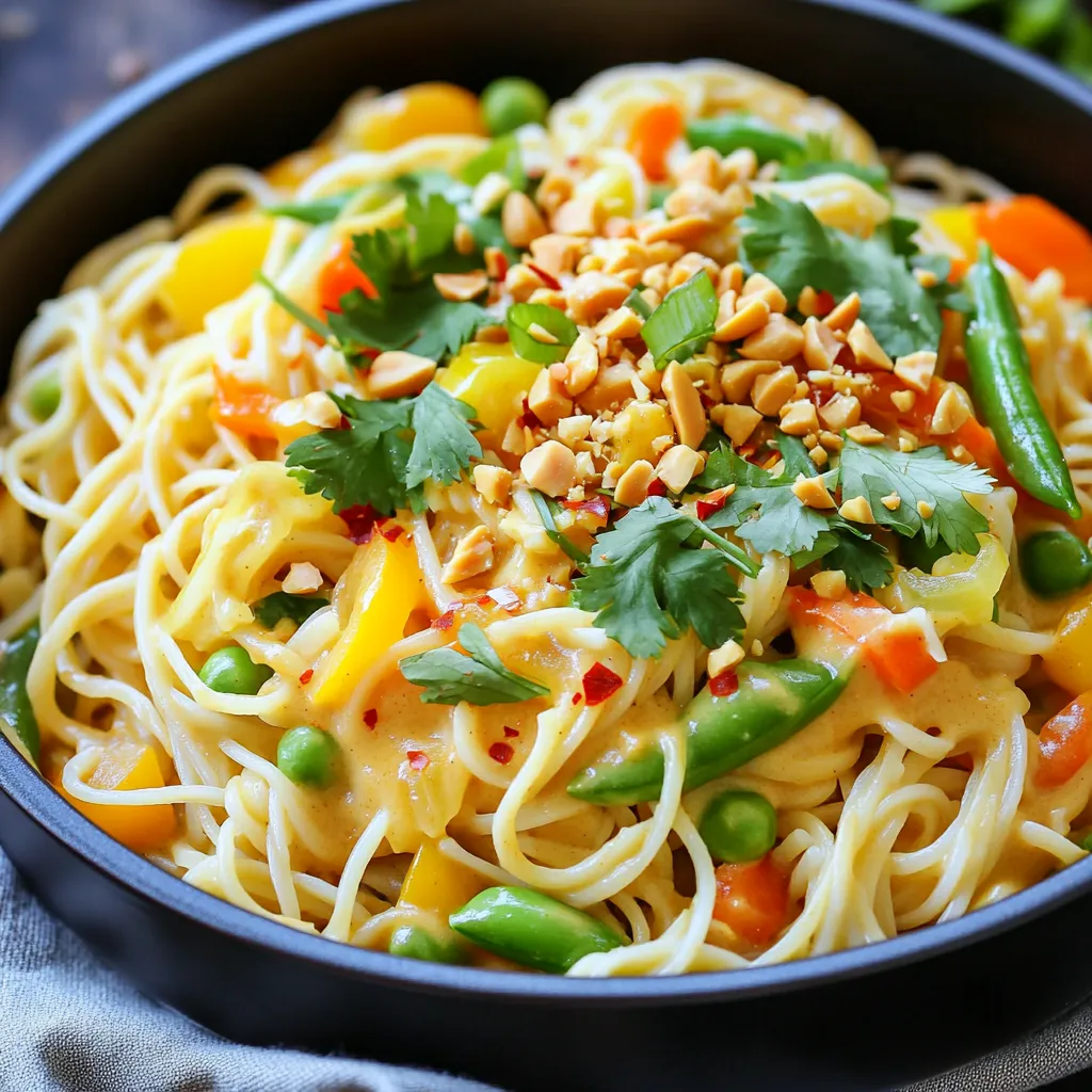 To make this dish, you will need: - 8 oz rice noodles - 1 cup coconut milk - 1/2 cup creamy peanut butter - 2 tablespoons soy sauce (or tamari for a gluten-free option) - 2 tablespoons freshly squeezed lime juice - 1 tablespoon brown sugar - 1 tablespoon sesame oil - 2 cups mixed vegetables (like bell peppers, finely sliced carrots, and snap peas) - 2 green onions, thinly sliced - 1/4 cup fresh cilantro, roughly chopped - Crushed peanuts for garnish - Red pepper flakes (optional for extra heat) If you need gluten-free options, use tamari instead of soy sauce. For vegan needs, check that your peanut butter and sugar are vegan-friendly. You can skip the crushed peanuts for a nut-free version. If you want to add protein, consider tofu or chickpeas, both of which fit well into this dish. Choose rice noodles that are smooth and unbroken. Fresh vegetables should be bright and firm. Look for coconut milk that is creamy and without additives. Fresh herbs like cilantro and green onions should smell fragrant. This will help you create a dish that bursts with flavor and looks great on the plate. 1. Start by boiling 4 cups of water in a large pot. 2. Once the water boils, add 8 oz of rice noodles. Cook them until they are al dente, as per the package instructions. 3. Drain the noodles in a colander and set them aside for now. 4. In the same pot, lower the heat to medium. Pour in 1 cup of coconut milk. 5. Add in 1/2 cup of creamy peanut butter, 2 tablespoons of soy sauce, and 2 tablespoons of lime juice. 6. Mix in 1 tablespoon of brown sugar and 1 tablespoon of sesame oil. Stir this well until it forms a smooth sauce. 7. Next, toss in 2 cups of mixed vegetables. Cook them for about 5 minutes. Stir occasionally until they are tender but still a bit crisp. 8. Now, return the cooked rice noodles to the pot. Toss them gently with the sauce and vegetables. Make sure everything is coated well and heated through. 9. Serve the noodles in bowls. Top with sliced green onions, chopped cilantro, and crushed peanuts. Add red pepper flakes if you want extra heat. - Step 1 & 2: Image of boiling water with noodles. - Step 3: Video of noodles being drained. - Step 4: Photo of coconut milk being poured into the pot. - Step 5: Video of mixing peanut butter and other ingredients. - Step 6: Image showing the smooth sauce consistency. - Step 7: Photo of mixed vegetables in the pot. - Step 8: Video of tossing noodles with sauce and veggies. - Step 9: Final dish presentation image with toppings. - Do not overcook the noodles; they should be al dente. - Make sure to stir the sauce well to avoid lumps. - Avoid adding too many vegetables at once; this can make them soggy. - Don’t skip the toppings; they add flavor and texture. - Be careful with the heat level; adjust red pepper flakes to your taste. To get a creamy sauce, start with high-quality coconut milk. Use full-fat coconut milk for best results. Mix the peanut butter in well. Heat the pot on medium for a smooth blend. Stir often to avoid lumps and ensure a creamy texture. If it’s too thick, add a splash of water or more coconut milk. You can swap soy sauce for tamari if you need a gluten-free option. For more zing, add a bit of ginger or garlic. Try using almond butter instead of peanut butter for a twist. If you want more color, add red bell peppers or snap peas. Fresh herbs like basil can also boost the taste. Prep your veggies ahead of time. Slice them the night before and store them in the fridge. You can also cook the noodles early and store them. This makes cooking faster when you’re ready to eat. A large pot saves time by cooking everything in one go. Clean as you go to make it easier later. {{image_4}} You can easily add protein to your One-Pot Creamy Thai Peanut Noodles. For chicken, use cooked, shredded chicken. It adds a nice texture and works well with the sauce. If you like shrimp, add them in the last few minutes of cooking. They cook fast and absorb great flavors. Tofu is a fantastic plant-based choice. Just cube it and sauté it before adding to the noodles. This way, it gets crispy and adds depth to your dish. Making this dish vegan is simple. Start with tofu as your protein. You can also swap the creamy peanut butter for a nut-free butter if you have allergies. Use tamari instead of soy sauce to keep it gluten-free. All other ingredients fit well into a vegan diet. This way, everyone can enjoy the creamy goodness without meat or dairy. To keep things fresh, use seasonal veggies in your Thai peanut noodles. In spring, add snap peas and asparagus. In summer, use bell peppers and zucchini. Fall is great for squash and carrots, while winter calls for hearty greens like kale. Changing the vegetables can change the dish's flavor while keeping it colorful and healthy. Plus, it gives you a chance to try new textures and tastes. To keep your One-Pot Thai Peanut Noodles fresh, store them in an airtight container. Make sure to let the noodles cool down to room temperature before sealing. This helps prevent moisture buildup, which can make them soggy. You can keep them in the fridge for up to three days. If you know you won’t eat them right away, consider freezing them. When ready to eat your leftovers, reheat them gently. You can use a microwave or a stovetop. If using a microwave, place the noodles in a bowl and add a splash of water. Cover the bowl with a damp paper towel to keep moisture in. Heat them in short bursts, stirring in between. For stovetop reheating, place the noodles in a pan over low heat. Add a bit of coconut milk or water to keep them creamy. Stir until they are heated through. To freeze your Thai Peanut Noodles, portion them into freezer-safe bags. Remove as much air as possible before sealing. Label each bag with the date to track freshness. These noodles can last up to three months in the freezer. When you’re ready to eat, thaw them in the fridge overnight. Reheat as mentioned above for the best results. You can use tamari for a gluten-free option. If you want a different flavor, use coconut aminos. This choice has a mild taste and is less salty. Both options work well in this dish. To add heat, sprinkle in red pepper flakes while cooking. You can also add sliced fresh chilies or a dash of hot sauce. Start with a little, then taste as you go. This way, you can find the spice level you enjoy. Yes, you can swap rice noodles for other types. Try soba noodles or whole grain spaghetti. Just be sure to adjust the cooking time based on the noodle type. Each will give a unique twist to your dish. Thai peanut noodles come from Thailand, where peanut sauces are common. The dish blends Thai flavors with Asian noodles. It reflects the balance of sweet, salty, and spicy tastes in Thai cuisine. Leftovers can last up to three days in the fridge. Store them in an airtight container to keep them fresh. When reheating, add a splash of coconut milk if the noodles seem dry. This keeps the dish creamy and delicious. In this post, we covered how to make One-Pot Creamy Thai Peanut Noodles. We explored key ingredients, cooking steps, and tips for a tasty dish. You can customize it with proteins or spices. Remember, choose fresh ingredients for the best flavor. Proper storage will keep your leftovers delicious. Enjoy your cooking, and feel free to ask questions if you have them. Your kitchen will shine with this meal!