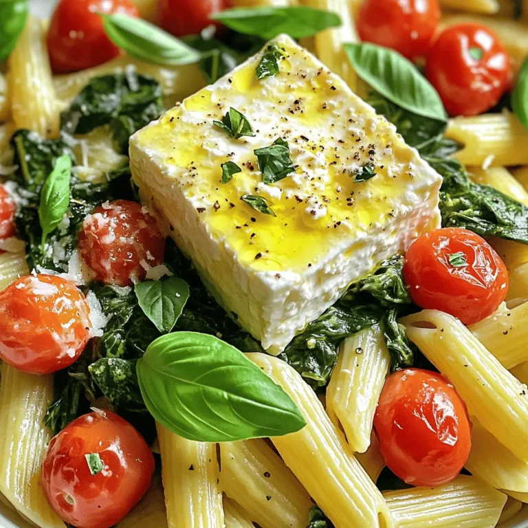 To make Baked Feta Pasta with Spinach, you need a few key ingredients that blend well together. Here is what you will need: - 200g pasta (penne or fusilli) - 200g block of feta cheese - 300g cherry tomatoes, halved - 2 cups fresh spinach - 4 cloves garlic, finely minced - 3 tablespoons extra virgin olive oil - 1 teaspoon dried oregano - Salt and freshly cracked black pepper to taste - Fresh basil leaves for garnish - Grated Parmesan cheese (optional, for serving) Each ingredient plays a vital role in creating a rich and creamy dish. The feta cheese melts beautifully, while the cherry tomatoes burst with flavor. The spinach adds a fresh touch, and the garlic gives a nice kick. Don't forget to have a sprinkle of Parmesan on hand for extra taste! First, you need to preheat your oven to 400°F (200°C). This step is key for roasting the tomatoes and melting the feta. Next, take a medium-sized baking dish. Add the halved cherry tomatoes. Drizzle 2 tablespoons of olive oil over them. Sprinkle salt, pepper, and dried oregano. Toss the tomatoes well to coat them in oil and spices. Now, make a small space in the center of your tomatoes. Place the block of feta cheese here. Drizzle the last tablespoon of olive oil over the feta. It adds more flavor. Place the dish in the oven and bake for 25-30 minutes. The tomatoes should burst with juices, and the feta should be soft and golden. While the feta and tomatoes bake, boil salted water in a large pot. Add the pasta and cook according to the package instructions. Aim for al dente texture. Remember to save 1 cup of pasta water before draining. In a large skillet, heat over medium heat. Add the minced garlic and sauté for 1-2 minutes. It should smell good! Then, add the fresh spinach. Cook until it wilts, about 2-3 minutes. Once the feta and tomatoes are done, remove the dish from the oven. Use a fork to mash the feta and mix it with the tomatoes. It should turn creamy. Now, add the drained pasta and wilted spinach to the baking dish. Toss everything together. If it feels too thick, add some reserved pasta water. Taste and adjust salt and pepper. Serve hot, garnished with fresh basil leaves. If you like, sprinkle grated Parmesan cheese on top. Enjoy! Roasting cherry tomatoes brings out their sweet flavor. Use ripe, plump tomatoes for the best taste. Cut them in half and toss with olive oil, salt, and pepper before baking. This helps them caramelize nicely. Bake until they burst. This usually takes about 25 to 30 minutes at 400°F. The juices will mix with the feta, creating a rich sauce. If you want a creamier sauce, save some pasta water. After cooking the pasta, reserve one cup of this starchy water. When mixing the pasta with the feta and tomatoes, add the water a little at a time. This helps you control how creamy the dish becomes. Mix until you reach your preferred texture. To boost the flavor, add more spices. Fresh or dried herbs, like basil or thyme, work well. You can also stir in a squeeze of lemon juice for brightness. For a spicy kick, sprinkle in some red pepper flakes. Don't forget to taste your dish before serving. Adjust the salt and pepper as needed for the best flavor. {{image_4}} You can boost this dish by adding protein. Cooked chicken, shrimp, or sausage work great. Simply add diced protein to the baking dish with the tomatoes. If you like beans, chickpeas add a healthy twist. They blend well with the creamy feta and spinach. While penne and fusilli are tasty, try other pasta shapes. Bowtie, orzo, or even whole wheat pasta are excellent options. Each type changes the dish's texture and look. You can even use gluten-free pasta if needed. Just make sure to follow cooking times on the package. Feel free to mix in more veggies. Zucchini, bell peppers, or even broccoli are delicious. Just chop them up and add them to the baking dish. They will roast nicely with the tomatoes. You can also use frozen spinach if fresh isn’t handy. This dish offers much room for your favorite flavors. After you make this dish, let it cool to room temperature. Place any leftovers in an airtight container. Store in the fridge for up to four days. This helps keep the flavors fresh and the pasta safe to eat. You can freeze this pasta dish too. First, let it cool completely. Then, transfer it to a freezer-safe container. Seal it tightly to avoid freezer burn. It will last for about two months in the freezer. When you're ready to eat, thaw it overnight in the fridge. To reheat, warm it gently in a skillet over low heat. Add a splash of water or olive oil to help loosen the sauce. Stir often to ensure even heating. You can also use the microwave. Heat in short bursts, stirring in between, until hot. Enjoy your meal just like fresh! Yes, you can use goat cheese or ricotta. Goat cheese offers a tangy taste. Ricotta gives a creamier texture. Both options will change the flavor slightly, but they will still be delicious. To make this dish gluten-free, use gluten-free pasta. Many brands offer penne or fusilli made from rice or chickpeas. Always check the label to ensure it fits your needs. If you don't have fresh spinach, try kale or Swiss chard. Both veggies add nice texture and flavor. You can also use frozen spinach; just thaw and drain it before adding. The dish lasts about 3 to 5 days in the fridge. Store it in an airtight container. Reheat it in the oven or microwave before serving. This blog post covered a tasty pasta dish with feta, tomatoes, and spinach. I shared a simple recipe, easy steps, tips for the best flavor, and storage advice. You can also make it your own with protein or veggie swaps. Remember, cooking is fun, so experiment! Enjoy making this dish and sharing it with loved ones. Your meal will be a hit, bringing smiles to the table. Happy cooking!