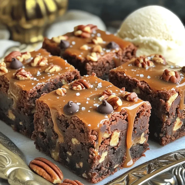 - 1 cup unsalted butter (equivalent to 2 sticks) - 2 cups granulated sugar - 4 large eggs - 1 teaspoon pure vanilla extract - 1 cup all-purpose flour - 1 cup unsweetened cocoa powder - ½ teaspoon kosher salt - 1 cup pecans, chopped - 1 cup chocolate chips (semi-sweet or dark) - 1 cup caramel sauce (can be store-bought or homemade) - Flaky sea salt, for a finishing sprinkle To make Caramel Pecan Turtle Brownies, you need rich, simple ingredients. Each one plays a key role in flavor and texture. First, unsalted butter creates a rich base. Granulated sugar adds sweetness and helps the brownies rise. Eggs bind the mix and give it a nice lift. Pure vanilla extract brings warmth and depth to the taste. Next, all-purpose flour provides structure. Unsweetened cocoa powder gives that deep chocolate flavor we crave. Kosher salt enhances the sweetness and balances the flavors. Chopped pecans add crunch and a nutty taste. Chocolate chips melt into the brownies, giving pockets of gooey goodness. Caramel sauce adds sweetness and a sticky, decadent layer. Finally, flaky sea salt on top gives a perfect finish, making each bite special. These ingredients blend to create a dessert that is both rich and comforting. Each element contributes to the overall taste. So, gather these items, and get ready to bake! - Preheat the oven to 350°F (175°C). - Prepare a 9x13 inch baking pan. You can grease it with butter or line it with parchment paper. This helps with easy removal of the brownies later. - Start by melting the unsalted butter in a medium saucepan over medium heat. Once it melts, take it off the heat. - Stir in the granulated sugar until it mixes well and is smooth. - Now, add the eggs one by one. Mix each egg in well before adding the next. - Next, stir in the pure vanilla extract. This adds a nice flavor to the batter. - In another bowl, sift together the all-purpose flour, unsweetened cocoa powder, and kosher salt. - Gently fold this dry mix into the wet mixture. Be careful not to overmix. This keeps the brownies fudgy. - Finally, fold in the chopped pecans and chocolate chips. Make sure they spread evenly in the batter. - Pour half of the brownie batter into the prepared baking pan. Spread it evenly across the bottom. - Drizzle half of the caramel sauce over the brownie layer. You can spread it slightly with a spatula if needed. - Carefully pour the rest of the brownie batter over this caramel layer. Spread it gently to avoid mixing with the caramel. - Now, drizzle the remaining caramel sauce over the top. - Use a toothpick or a knife to swirl the caramel into the brownie batter. Make sure to leave some caramel visible on the surface. - Put the pan in your preheated oven. Bake for 25-30 minutes. - To check if they are done, insert a toothpick into the center. It should come out with a few moist crumbs, not wet batter. - After baking, take the pan out of the oven. Let the brownies cool in the pan for at least 15 minutes. - Before cutting, sprinkle a pinch of flaky sea salt on top. This enhances the sweet flavors. - Once cooled, cut the brownies into squares. You can serve them warm or let them cool to room temperature. Enjoy! To get that fudgy texture, mix the batter gently. When you add the dry ingredients, stir until just combined. Overmixing can make your brownies cakey instead of fudgy. Checking doneness is vital. Insert a toothpick in the center; it should come out with a few moist crumbs. If it’s clean, you may have baked them too long. Use high-quality chocolate chips for deeper flavor. Semi-sweet or dark chocolate chips work best. They bring richness that enhances the overall taste of the brownies. You can add extra toppings to boost flavor. Try sprinkling extra chopped pecans or chocolate chips on top before baking. A pinch of flaky sea salt can also make a big difference. Serve the brownies on a nice platter. Drizzle additional caramel sauce on top for a beautiful look. Garnish with more chopped pecans for that extra touch. Pair each brownie with a scoop of creamy vanilla ice cream. The cold ice cream complements the warm brownies perfectly. Whipped cream is another great option for a delightful finish. {{image_4}} You can make these brownies gluten-free. Use a gluten-free flour blend instead of all-purpose flour. This swap keeps the brownies rich and tasty. For vegan substitutes, replace eggs with flax eggs. Mix one tablespoon of ground flaxseed with three tablespoons of water and let it sit until thick. Use a plant-based butter for a dairy-free option. It works well and keeps the brownies moist. If you want to change the nuts, try walnuts or almonds. They add a new texture and flavor. You can also skip the nuts for a nut-free version. For different sauce variations, try chocolate sauce or peanut butter. These can add fun flavors to your brownies. You can mix sauces together for a unique twist. Adding fruits can elevate your brownies. Chopped cherries or raspberries can bring a fresh taste. You can also add spices like cinnamon for warmth. Seasonal variations can make your brownies special. For fall, add pumpkin spice. For winter, consider peppermint extract. These twists can create a festive treat for any holiday. Store your leftover brownies in a cool, dry place. Use an airtight container to keep them fresh. This helps prevent them from drying out. Layer parchment paper between the brownies to avoid sticking. * Recommended containers: - Airtight glass containers - Plastic food storage containers - Aluminum foil wraps If you want to save some brownies for later, freezing works well. First, cut the brownies into squares. Wrap each square in plastic wrap. Then, place the wrapped brownies in a freezer-safe bag. * Proper freezing techniques: - Ensure brownies are fully cooled before wrapping - Remove as much air as possible to prevent freezer burn To enjoy your frozen treats, thaw them in the fridge overnight. You can also warm them in the microwave for a few seconds. This brings back their gooey goodness. To make these brownies fudgier, you can adjust the baking time and ingredients. Bake them for less time, around 20 to 25 minutes. Check for doneness with a toothpick. It should have moist crumbs, not dry. You can also add more butter or chocolate chips to increase the richness. Yes, you can use different nuts if you prefer. Walnuts, almonds, or hazelnuts work well. Just chop them up and use the same amount as pecans. Keep in mind that each nut has a unique flavor, which can change the taste of your brownies. To make homemade caramel sauce, you need just sugar, butter, and cream. Start by melting sugar in a pan until it turns golden brown. Then add butter and stir until melted. Finally, slowly mix in heavy cream. This gives you a rich, smooth sauce that pairs nicely with brownies. These brownies can last up to a week when stored properly. Keep them in an airtight container at room temperature. For longer storage, you can freeze them for up to three months. Just wrap them well in plastic wrap and place them in a freezer bag. You now have a complete guide to making rich, fudgy brownies. We covered all the key ingredients, step-by-step instructions, and useful tips. Remember to check for doneness and try different toppings. Feel free to explore variations like gluten-free or vegan options. Make these brownies your own by adding flavors you love. Enjoy your baking and indulge in your delicious treats!