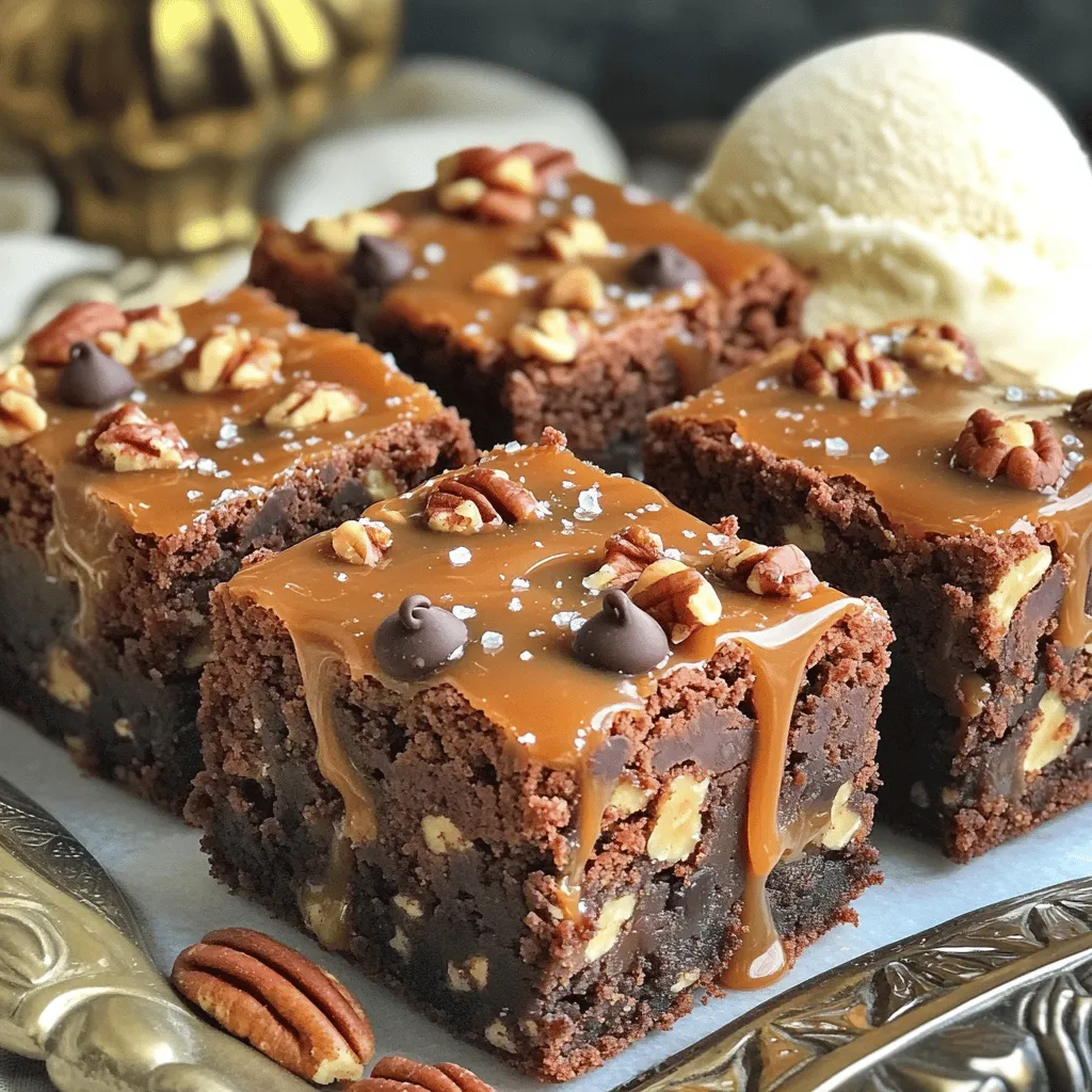 - 1 cup unsalted butter (equivalent to 2 sticks) - 2 cups granulated sugar - 4 large eggs - 1 teaspoon pure vanilla extract - 1 cup all-purpose flour - 1 cup unsweetened cocoa powder - ½ teaspoon kosher salt - 1 cup pecans, chopped - 1 cup chocolate chips (semi-sweet or dark) - 1 cup caramel sauce (can be store-bought or homemade) - Flaky sea salt, for a finishing sprinkle To make Caramel Pecan Turtle Brownies, you need rich, simple ingredients. Each one plays a key role in flavor and texture. First, unsalted butter creates a rich base. Granulated sugar adds sweetness and helps the brownies rise. Eggs bind the mix and give it a nice lift. Pure vanilla extract brings warmth and depth to the taste. Next, all-purpose flour provides structure. Unsweetened cocoa powder gives that deep chocolate flavor we crave. Kosher salt enhances the sweetness and balances the flavors. Chopped pecans add crunch and a nutty taste. Chocolate chips melt into the brownies, giving pockets of gooey goodness. Caramel sauce adds sweetness and a sticky, decadent layer. Finally, flaky sea salt on top gives a perfect finish, making each bite special. These ingredients blend to create a dessert that is both rich and comforting. Each element contributes to the overall taste. So, gather these items, and get ready to bake! - Preheat the oven to 350°F (175°C). - Prepare a 9x13 inch baking pan. You can grease it with butter or line it with parchment paper. This helps with easy removal of the brownies later. - Start by melting the unsalted butter in a medium saucepan over medium heat. Once it melts, take it off the heat. - Stir in the granulated sugar until it mixes well and is smooth. - Now, add the eggs one by one. Mix each egg in well before adding the next. - Next, stir in the pure vanilla extract. This adds a nice flavor to the batter. - In another bowl, sift together the all-purpose flour, unsweetened cocoa powder, and kosher salt. - Gently fold this dry mix into the wet mixture. Be careful not to overmix. This keeps the brownies fudgy. - Finally, fold in the chopped pecans and chocolate chips. Make sure they spread evenly in the batter. - Pour half of the brownie batter into the prepared baking pan. Spread it evenly across the bottom. - Drizzle half of the caramel sauce over the brownie layer. You can spread it slightly with a spatula if needed. - Carefully pour the rest of the brownie batter over this caramel layer. Spread it gently to avoid mixing with the caramel. - Now, drizzle the remaining caramel sauce over the top. - Use a toothpick or a knife to swirl the caramel into the brownie batter. Make sure to leave some caramel visible on the surface. - Put the pan in your preheated oven. Bake for 25-30 minutes. - To check if they are done, insert a toothpick into the center. It should come out with a few moist crumbs, not wet batter. - After baking, take the pan out of the oven. Let the brownies cool in the pan for at least 15 minutes. - Before cutting, sprinkle a pinch of flaky sea salt on top. This enhances the sweet flavors. - Once cooled, cut the brownies into squares. You can serve them warm or let them cool to room temperature. Enjoy! To get that fudgy texture, mix the batter gently. When you add the dry ingredients, stir until just combined. Overmixing can make your brownies cakey instead of fudgy. Checking doneness is vital. Insert a toothpick in the center; it should come out with a few moist crumbs. If it’s clean, you may have baked them too long. Use high-quality chocolate chips for deeper flavor. Semi-sweet or dark chocolate chips work best. They bring richness that enhances the overall taste of the brownies. You can add extra toppings to boost flavor. Try sprinkling extra chopped pecans or chocolate chips on top before baking. A pinch of flaky sea salt can also make a big difference. Serve the brownies on a nice platter. Drizzle additional caramel sauce on top for a beautiful look. Garnish with more chopped pecans for that extra touch. Pair each brownie with a scoop of creamy vanilla ice cream. The cold ice cream complements the warm brownies perfectly. Whipped cream is another great option for a delightful finish. {{image_4}} You can make these brownies gluten-free. Use a gluten-free flour blend instead of all-purpose flour. This swap keeps the brownies rich and tasty. For vegan substitutes, replace eggs with flax eggs. Mix one tablespoon of ground flaxseed with three tablespoons of water and let it sit until thick. Use a plant-based butter for a dairy-free option. It works well and keeps the brownies moist. If you want to change the nuts, try walnuts or almonds. They add a new texture and flavor. You can also skip the nuts for a nut-free version. For different sauce variations, try chocolate sauce or peanut butter. These can add fun flavors to your brownies. You can mix sauces together for a unique twist. Adding fruits can elevate your brownies. Chopped cherries or raspberries can bring a fresh taste. You can also add spices like cinnamon for warmth. Seasonal variations can make your brownies special. For fall, add pumpkin spice. For winter, consider peppermint extract. These twists can create a festive treat for any holiday. Store your leftover brownies in a cool, dry place. Use an airtight container to keep them fresh. This helps prevent them from drying out. Layer parchment paper between the brownies to avoid sticking. * Recommended containers: - Airtight glass containers - Plastic food storage containers - Aluminum foil wraps If you want to save some brownies for later, freezing works well. First, cut the brownies into squares. Wrap each square in plastic wrap. Then, place the wrapped brownies in a freezer-safe bag. * Proper freezing techniques: - Ensure brownies are fully cooled before wrapping - Remove as much air as possible to prevent freezer burn To enjoy your frozen treats, thaw them in the fridge overnight. You can also warm them in the microwave for a few seconds. This brings back their gooey goodness. To make these brownies fudgier, you can adjust the baking time and ingredients. Bake them for less time, around 20 to 25 minutes. Check for doneness with a toothpick. It should have moist crumbs, not dry. You can also add more butter or chocolate chips to increase the richness. Yes, you can use different nuts if you prefer. Walnuts, almonds, or hazelnuts work well. Just chop them up and use the same amount as pecans. Keep in mind that each nut has a unique flavor, which can change the taste of your brownies. To make homemade caramel sauce, you need just sugar, butter, and cream. Start by melting sugar in a pan until it turns golden brown. Then add butter and stir until melted. Finally, slowly mix in heavy cream. This gives you a rich, smooth sauce that pairs nicely with brownies. These brownies can last up to a week when stored properly. Keep them in an airtight container at room temperature. For longer storage, you can freeze them for up to three months. Just wrap them well in plastic wrap and place them in a freezer bag. You now have a complete guide to making rich, fudgy brownies. We covered all the key ingredients, step-by-step instructions, and useful tips. Remember to check for doneness and try different toppings. Feel free to explore variations like gluten-free or vegan options. Make these brownies your own by adding flavors you love. Enjoy your baking and indulge in your delicious treats!