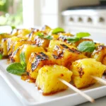 - 1 ripe fresh pineapple, peeled and cut into bite-sized chunks - 2 tablespoons sweet chili sauce - 1 tablespoon honey - 2 tablespoons freshly squeezed lime juice - Zest of 1 lime (about 1 teaspoon) - 1 teaspoon ground ginger - A pinch of salt - Fresh mint leaves for garnish (optional) - Skewers (wooden or metal) When making Sweet Chili Lime Grilled Pineapple Skewers, the right ingredients are key. Start with a ripe pineapple. Look for one that feels heavy and has a sweet smell. The sweet chili sauce adds a nice kick. Honey brings in extra sweetness. Fresh lime juice and zest brighten the flavor. Ground ginger adds warmth to the sweet mix. A pinch of salt balances all the flavors. If you want, garnish with fresh mint leaves for a pop of color. Choose either wooden or metal skewers. Wooden skewers need soaking to prevent burning, while metal ones can go straight on the grill. Each ingredient plays an important role in creating a delicious dish. Soak wooden skewers in water for at least 30 minutes. This step stops them from burning on the grill. If you use metal skewers, you can skip this step. Metal skewers heat up quickly but don’t catch fire. In a large bowl, combine sweet chili sauce, honey, lime juice, lime zest, ground ginger, and a pinch of salt. Whisk these ingredients well. A smooth marinade coats the pineapple evenly and adds great flavor. Add the cut pineapple chunks to the marinade. Toss them gently to ensure each piece gets covered. Let the pineapple marinate for 15–20 minutes at room temperature. This time allows the flavors to soak in. While the pineapple marinates, preheat your grill to medium heat. This is key for caramelizing the pineapple. A hot grill gives you those lovely grill marks and a sweet, smoky flavor. Once marinated, take your skewers and thread the pineapple chunks onto them. Leave a small gap between each piece. This gap helps heat circulate around the pineapple, ensuring even cooking. Place the skewers on the grill. Cook for 2-3 minutes on each side. Look for nice grill marks and slight caramelization. The pineapple should smell sweet and inviting. After grilling, let the skewers rest for about a minute. This step lets the juices redistribute, making the pineapple juicy. Garnish the skewers with fresh mint leaves for a burst of color and flavor before serving. When picking a ripe pineapple, look for a few signs: - The color should be bright yellow, especially at the base. - The skin should be firm but slightly soft when pressed. - A sweet smell at the base is a good sign of ripeness. The best varieties for grilling include the Queen and Gold varieties. They are sweeter and have a nice texture that holds up well on the grill. To make your skewers pop, consider adding these seasonings: - A dash of cayenne for heat. - A sprinkle of cinnamon for warmth. - A splash of coconut milk for creaminess. Pair your skewers with yogurt or ice cream for dessert. They also go well with grilled meats or fish for a savory meal. Use direct grilling for a quick sear and caramelization. Place the skewers directly over the flames. For larger grills, try indirect grilling. This method cooks the pineapple evenly without burning. Adjust your grilling time based on your grill type. Gas grills heat quickly, while charcoal may need a bit more time to reach the right temperature. Always check for grill marks to know when to flip! {{image_4}} You can swap honey for maple syrup or agave. These sweeteners offer a different taste. Each adds a nice touch to the marinade. You can also try various sweet chili sauces. Some brands are spicier, while others are milder. Adjust based on your taste. Mixing in bell peppers or zucchini can add color and crunch. These veggies grill well and soak up the marinade. You can also combine pineapple with other tropical fruits. Mango and kiwi work wonderfully. They enhance the sweetness and make a beautiful platter. Skewers can be a sweet dessert or a tasty side dish. Serve them with vanilla ice cream for a fun treat. As a side, they pair well with grilled meats. You can also offer sauces or dips. Yogurt or coconut cream adds a creamy contrast. Enjoy experimenting with these options! To store leftover Sweet Chili Lime Grilled Pineapple Skewers, use airtight containers. Glass or plastic containers work well. They keep the pineapple fresh and tasty. You can also wrap the skewers tightly in plastic wrap. For best quality, eat the leftovers within three days. After that, the pineapple may lose its flavor and texture. To reheat the skewers, avoid overcooking. You want to keep that juicy taste. The best method is to use a grill or an oven. - Grill: Preheat your grill to medium heat. Place the skewers on the grill for about one minute on each side. This method brings back the smoky flavor. - Oven: Preheat the oven to 350°F (175°C). Place the skewers on a baking sheet. Heat for about 5-7 minutes. Check often to prevent overcooking. - Microwave: If you're in a hurry, use the microwave. Heat on low for about 30 seconds. Flip the skewers and heat again for 30 seconds. This method works but may make them a bit softer. Enjoy your tasty grilled pineapple again! You can use canned pineapple, but I prefer fresh. Fresh pineapple has a better flavor and texture. Canned pineapple can be softer and more watery. If you use canned, drain it well and pat it dry. This helps avoid excess moisture on the skewers. Soak wooden skewers for at least 30 minutes. This step is key. Soaking helps prevent the skewers from burning on the grill. If you skip this, you may end up with charred skewers. These skewers pair well with many dishes. Try serving them with grilled chicken or fish. They also go great with coconut rice or a fresh salad. For a fun twist, add them to tacos or serve with yogurt for dipping. Yes, you can make this recipe vegan. Substitute honey with maple syrup or agave nectar. Also, ensure your sweet chili sauce is vegan-friendly. This way, everyone can enjoy the sweet chili lime flavor. Look for grill marks and a slight caramelization. The pineapple should be warm and slightly soft. Generally, grill for 2-3 minutes on each side. Keep an eye on it to prevent overcooking. This ensures a perfect sweet and juicy bite. This blog post shared a simple guide for making Sweet Chili Lime Grilled Pineapple Skewers. You learned about choosing fresh pineapples and how to grill them perfectly. I also covered how to store leftovers and reheat them well. Remember, you can easily tweak the recipe with different fruits and sweeteners. Enjoy these skewers as a fun side or sweet treat. With practice, you'll master this dish and impress everyone at your next cookout. Happy grilling!