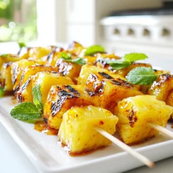 - 1 ripe fresh pineapple, peeled and cut into bite-sized chunks - 2 tablespoons sweet chili sauce - 1 tablespoon honey - 2 tablespoons freshly squeezed lime juice - Zest of 1 lime (about 1 teaspoon) - 1 teaspoon ground ginger - A pinch of salt - Fresh mint leaves for garnish (optional) - Skewers (wooden or metal) When making Sweet Chili Lime Grilled Pineapple Skewers, the right ingredients are key. Start with a ripe pineapple. Look for one that feels heavy and has a sweet smell. The sweet chili sauce adds a nice kick. Honey brings in extra sweetness. Fresh lime juice and zest brighten the flavor. Ground ginger adds warmth to the sweet mix. A pinch of salt balances all the flavors. If you want, garnish with fresh mint leaves for a pop of color. Choose either wooden or metal skewers. Wooden skewers need soaking to prevent burning, while metal ones can go straight on the grill. Each ingredient plays an important role in creating a delicious dish. Soak wooden skewers in water for at least 30 minutes. This step stops them from burning on the grill. If you use metal skewers, you can skip this step. Metal skewers heat up quickly but don’t catch fire. In a large bowl, combine sweet chili sauce, honey, lime juice, lime zest, ground ginger, and a pinch of salt. Whisk these ingredients well. A smooth marinade coats the pineapple evenly and adds great flavor. Add the cut pineapple chunks to the marinade. Toss them gently to ensure each piece gets covered. Let the pineapple marinate for 15–20 minutes at room temperature. This time allows the flavors to soak in. While the pineapple marinates, preheat your grill to medium heat. This is key for caramelizing the pineapple. A hot grill gives you those lovely grill marks and a sweet, smoky flavor. Once marinated, take your skewers and thread the pineapple chunks onto them. Leave a small gap between each piece. This gap helps heat circulate around the pineapple, ensuring even cooking. Place the skewers on the grill. Cook for 2-3 minutes on each side. Look for nice grill marks and slight caramelization. The pineapple should smell sweet and inviting. After grilling, let the skewers rest for about a minute. This step lets the juices redistribute, making the pineapple juicy. Garnish the skewers with fresh mint leaves for a burst of color and flavor before serving. When picking a ripe pineapple, look for a few signs: - The color should be bright yellow, especially at the base. - The skin should be firm but slightly soft when pressed. - A sweet smell at the base is a good sign of ripeness. The best varieties for grilling include the Queen and Gold varieties. They are sweeter and have a nice texture that holds up well on the grill. To make your skewers pop, consider adding these seasonings: - A dash of cayenne for heat. - A sprinkle of cinnamon for warmth. - A splash of coconut milk for creaminess. Pair your skewers with yogurt or ice cream for dessert. They also go well with grilled meats or fish for a savory meal. Use direct grilling for a quick sear and caramelization. Place the skewers directly over the flames. For larger grills, try indirect grilling. This method cooks the pineapple evenly without burning. Adjust your grilling time based on your grill type. Gas grills heat quickly, while charcoal may need a bit more time to reach the right temperature. Always check for grill marks to know when to flip! {{image_4}} You can swap honey for maple syrup or agave. These sweeteners offer a different taste. Each adds a nice touch to the marinade. You can also try various sweet chili sauces. Some brands are spicier, while others are milder. Adjust based on your taste. Mixing in bell peppers or zucchini can add color and crunch. These veggies grill well and soak up the marinade. You can also combine pineapple with other tropical fruits. Mango and kiwi work wonderfully. They enhance the sweetness and make a beautiful platter. Skewers can be a sweet dessert or a tasty side dish. Serve them with vanilla ice cream for a fun treat. As a side, they pair well with grilled meats. You can also offer sauces or dips. Yogurt or coconut cream adds a creamy contrast. Enjoy experimenting with these options! To store leftover Sweet Chili Lime Grilled Pineapple Skewers, use airtight containers. Glass or plastic containers work well. They keep the pineapple fresh and tasty. You can also wrap the skewers tightly in plastic wrap. For best quality, eat the leftovers within three days. After that, the pineapple may lose its flavor and texture. To reheat the skewers, avoid overcooking. You want to keep that juicy taste. The best method is to use a grill or an oven. - Grill: Preheat your grill to medium heat. Place the skewers on the grill for about one minute on each side. This method brings back the smoky flavor. - Oven: Preheat the oven to 350°F (175°C). Place the skewers on a baking sheet. Heat for about 5-7 minutes. Check often to prevent overcooking. - Microwave: If you're in a hurry, use the microwave. Heat on low for about 30 seconds. Flip the skewers and heat again for 30 seconds. This method works but may make them a bit softer. Enjoy your tasty grilled pineapple again! You can use canned pineapple, but I prefer fresh. Fresh pineapple has a better flavor and texture. Canned pineapple can be softer and more watery. If you use canned, drain it well and pat it dry. This helps avoid excess moisture on the skewers. Soak wooden skewers for at least 30 minutes. This step is key. Soaking helps prevent the skewers from burning on the grill. If you skip this, you may end up with charred skewers. These skewers pair well with many dishes. Try serving them with grilled chicken or fish. They also go great with coconut rice or a fresh salad. For a fun twist, add them to tacos or serve with yogurt for dipping. Yes, you can make this recipe vegan. Substitute honey with maple syrup or agave nectar. Also, ensure your sweet chili sauce is vegan-friendly. This way, everyone can enjoy the sweet chili lime flavor. Look for grill marks and a slight caramelization. The pineapple should be warm and slightly soft. Generally, grill for 2-3 minutes on each side. Keep an eye on it to prevent overcooking. This ensures a perfect sweet and juicy bite. This blog post shared a simple guide for making Sweet Chili Lime Grilled Pineapple Skewers. You learned about choosing fresh pineapples and how to grill them perfectly. I also covered how to store leftovers and reheat them well. Remember, you can easily tweak the recipe with different fruits and sweeteners. Enjoy these skewers as a fun side or sweet treat. With practice, you'll master this dish and impress everyone at your next cookout. Happy grilling!