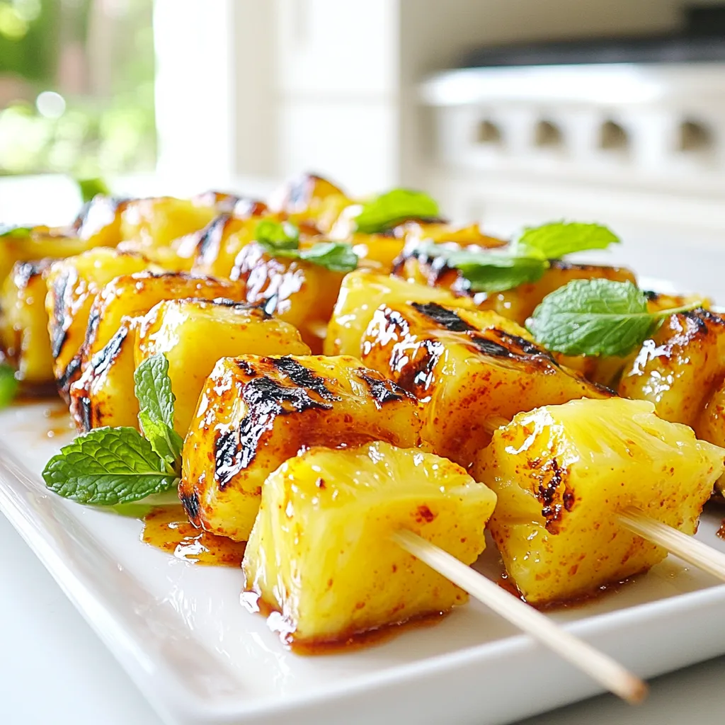 - 1 ripe fresh pineapple, peeled and cut into bite-sized chunks - 2 tablespoons sweet chili sauce - 1 tablespoon honey - 2 tablespoons freshly squeezed lime juice - Zest of 1 lime (about 1 teaspoon) - 1 teaspoon ground ginger - A pinch of salt - Fresh mint leaves for garnish (optional) - Skewers (wooden or metal) When making Sweet Chili Lime Grilled Pineapple Skewers, the right ingredients are key. Start with a ripe pineapple. Look for one that feels heavy and has a sweet smell. The sweet chili sauce adds a nice kick. Honey brings in extra sweetness. Fresh lime juice and zest brighten the flavor. Ground ginger adds warmth to the sweet mix. A pinch of salt balances all the flavors. If you want, garnish with fresh mint leaves for a pop of color. Choose either wooden or metal skewers. Wooden skewers need soaking to prevent burning, while metal ones can go straight on the grill. Each ingredient plays an important role in creating a delicious dish. Soak wooden skewers in water for at least 30 minutes. This step stops them from burning on the grill. If you use metal skewers, you can skip this step. Metal skewers heat up quickly but don’t catch fire. In a large bowl, combine sweet chili sauce, honey, lime juice, lime zest, ground ginger, and a pinch of salt. Whisk these ingredients well. A smooth marinade coats the pineapple evenly and adds great flavor. Add the cut pineapple chunks to the marinade. Toss them gently to ensure each piece gets covered. Let the pineapple marinate for 15–20 minutes at room temperature. This time allows the flavors to soak in. While the pineapple marinates, preheat your grill to medium heat. This is key for caramelizing the pineapple. A hot grill gives you those lovely grill marks and a sweet, smoky flavor. Once marinated, take your skewers and thread the pineapple chunks onto them. Leave a small gap between each piece. This gap helps heat circulate around the pineapple, ensuring even cooking. Place the skewers on the grill. Cook for 2-3 minutes on each side. Look for nice grill marks and slight caramelization. The pineapple should smell sweet and inviting. After grilling, let the skewers rest for about a minute. This step lets the juices redistribute, making the pineapple juicy. Garnish the skewers with fresh mint leaves for a burst of color and flavor before serving. When picking a ripe pineapple, look for a few signs: - The color should be bright yellow, especially at the base. - The skin should be firm but slightly soft when pressed. - A sweet smell at the base is a good sign of ripeness. The best varieties for grilling include the Queen and Gold varieties. They are sweeter and have a nice texture that holds up well on the grill. To make your skewers pop, consider adding these seasonings: - A dash of cayenne for heat. - A sprinkle of cinnamon for warmth. - A splash of coconut milk for creaminess. Pair your skewers with yogurt or ice cream for dessert. They also go well with grilled meats or fish for a savory meal. Use direct grilling for a quick sear and caramelization. Place the skewers directly over the flames. For larger grills, try indirect grilling. This method cooks the pineapple evenly without burning. Adjust your grilling time based on your grill type. Gas grills heat quickly, while charcoal may need a bit more time to reach the right temperature. Always check for grill marks to know when to flip! {{image_4}} You can swap honey for maple syrup or agave. These sweeteners offer a different taste. Each adds a nice touch to the marinade. You can also try various sweet chili sauces. Some brands are spicier, while others are milder. Adjust based on your taste. Mixing in bell peppers or zucchini can add color and crunch. These veggies grill well and soak up the marinade. You can also combine pineapple with other tropical fruits. Mango and kiwi work wonderfully. They enhance the sweetness and make a beautiful platter. Skewers can be a sweet dessert or a tasty side dish. Serve them with vanilla ice cream for a fun treat. As a side, they pair well with grilled meats. You can also offer sauces or dips. Yogurt or coconut cream adds a creamy contrast. Enjoy experimenting with these options! To store leftover Sweet Chili Lime Grilled Pineapple Skewers, use airtight containers. Glass or plastic containers work well. They keep the pineapple fresh and tasty. You can also wrap the skewers tightly in plastic wrap. For best quality, eat the leftovers within three days. After that, the pineapple may lose its flavor and texture. To reheat the skewers, avoid overcooking. You want to keep that juicy taste. The best method is to use a grill or an oven. - Grill: Preheat your grill to medium heat. Place the skewers on the grill for about one minute on each side. This method brings back the smoky flavor. - Oven: Preheat the oven to 350°F (175°C). Place the skewers on a baking sheet. Heat for about 5-7 minutes. Check often to prevent overcooking. - Microwave: If you're in a hurry, use the microwave. Heat on low for about 30 seconds. Flip the skewers and heat again for 30 seconds. This method works but may make them a bit softer. Enjoy your tasty grilled pineapple again! You can use canned pineapple, but I prefer fresh. Fresh pineapple has a better flavor and texture. Canned pineapple can be softer and more watery. If you use canned, drain it well and pat it dry. This helps avoid excess moisture on the skewers. Soak wooden skewers for at least 30 minutes. This step is key. Soaking helps prevent the skewers from burning on the grill. If you skip this, you may end up with charred skewers. These skewers pair well with many dishes. Try serving them with grilled chicken or fish. They also go great with coconut rice or a fresh salad. For a fun twist, add them to tacos or serve with yogurt for dipping. Yes, you can make this recipe vegan. Substitute honey with maple syrup or agave nectar. Also, ensure your sweet chili sauce is vegan-friendly. This way, everyone can enjoy the sweet chili lime flavor. Look for grill marks and a slight caramelization. The pineapple should be warm and slightly soft. Generally, grill for 2-3 minutes on each side. Keep an eye on it to prevent overcooking. This ensures a perfect sweet and juicy bite. This blog post shared a simple guide for making Sweet Chili Lime Grilled Pineapple Skewers. You learned about choosing fresh pineapples and how to grill them perfectly. I also covered how to store leftovers and reheat them well. Remember, you can easily tweak the recipe with different fruits and sweeteners. Enjoy these skewers as a fun side or sweet treat. With practice, you'll master this dish and impress everyone at your next cookout. Happy grilling!
