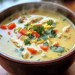 - 1 lb boneless, skinless chicken breasts, cut into 1-inch pieces - 1 can creamy coconut milk - 4 cups rich chicken broth - 1 medium onion, finely diced - 3 cloves garlic, minced - 2 tablespoons fresh ginger, grated - 2 medium carrots, peeled and diced - 1 vibrant red bell pepper, chopped - 1 cup fresh baby spinach leaves - 2 tablespoons extra-virgin olive oil Chicken forms the heart of this dish. I use boneless, skinless breasts for lean protein. The creamy coconut milk adds rich flavor and texture. It mixes well with the broth, making a luscious base. Fresh vegetables like onion, garlic, ginger, carrots, and bell pepper bring color and sweetness. - Juice of 2 fresh lemons - Zest of 1 lemon - Salt and freshly cracked black pepper, to taste - Fresh cilantro leaves, for garnish For zest, I squeeze fresh lemon juice and add the zest. This brightens the soup and cuts through the creaminess. I use salt and pepper to enhance all the flavors. Fresh cilantro adds a pop of color and a fresh taste on top. This simple list of ingredients creates a comforting soup that warms the soul. Each bite offers a delightful mix of creamy, tangy, and savory notes. Enjoy the comfort and joy this dish brings! - Sauté Onion, Garlic, and Ginger Start by heating 2 tablespoons of olive oil in a large pot over medium heat. Add 1 finely diced onion, 3 minced garlic cloves, and 2 tablespoons of grated ginger. Stir these together for about 3-4 minutes. The onion should be soft and see-through. - Cook the Chicken Next, add 1 pound of diced chicken breast to the pot. Season it with salt and black pepper. Cook the chicken for 5-7 minutes, stirring often. The chicken should be cooked all the way through and no longer pink. - Add Carrots and Bell Pepper Toss in 2 diced carrots and 1 chopped red bell pepper. Stir these vegetables for about 4-5 minutes. They should start to soften and blend with the chicken. - Brief Sauté This step helps bring out the flavors in the vegetables. Keep stirring until you notice the bright colors of the bell pepper and carrots. - Pour in Chicken Broth Now, pour in 4 cups of rich chicken broth. Stir everything together well. Turn the heat up a bit to bring the soup to a gentle simmer. Let it cook for about 10 minutes. This allows the flavors to mix nicely. - Introduce Coconut and Lemon Reduce the heat to low and stir in 1 can of creamy coconut milk, the juice of 2 fresh lemons, and the zest of 1 lemon. Let this simmer for another 5-7 minutes. You will smell the lovely citrus and coconut scent filling your kitchen. - Add Spinach Fold in 1 cup of fresh baby spinach. Let it wilt in the soup for about 2 minutes. The spinach adds color and nutrition. - Adjust Seasoning Taste your soup and add more salt or pepper if needed. This step ensures you have the perfect flavor. Serve the soup hot, garnished with fresh cilantro leaves for an extra pop of color and flavor. Enjoy! Using Fresh Herbs Fresh herbs add bright flavors to your soup. I love using cilantro or basil. Just chop them finely before adding. This step makes the soup feel fresh and alive. The herbs bring a nice contrast to the creamy coconut. Adjusting Lemon for Acidity Lemon juice gives this soup its zing. You can tweak the amount for your taste. If you want it more tart, add more lemon juice. For a milder flavor, use less. Always taste as you go to find your perfect balance. Ensuring Chicken is Cooked Through To make sure your chicken is safe to eat, cook it until no pink shows. This usually takes about 5-7 minutes. Stir often to cook evenly. I recommend cutting the chicken into small, even pieces for quicker cooking. Perfectly Wilting Spinach Add spinach at the end of cooking. Just fold it in and let it wilt for about 2 minutes. This keeps it bright green and full of nutrients. Overcooking can make it mushy, so keep an eye on it. Serving Suggestions Serve the soup in deep bowls for a cozy feel. Pair it with warm, crusty bread. This adds texture and makes the meal satisfying. You can also serve it with a side salad for a fresh crunch. Garnishing Techniques Garnish with fresh cilantro leaves for a pop of color. You can also sprinkle some lemon zest on top for extra flavor and brightness. This small touch makes the dish look gourmet and inviting. {{image_4}} You can switch out chicken for other proteins. Try using shrimp or tofu. Both options work well. Shrimp cooks quickly and adds a nice flavor. Tofu absorbs the soup's taste and is great for a vegetarian meal. If you want to make this soup dairy-free, use coconut milk. This recipe already includes it, making it creamy and rich. You can also add nut milk for extra creaminess. Almond or cashew milk are good choices. Want some heat? Add red pepper flakes or a diced jalapeño. These will give the soup a nice kick. If you like it milder, skip these spicy options. Feel free to mix in other veggies you enjoy. Peas, corn, or green beans can add more color. Broccoli or zucchini can work too. Just chop them small so they cook quickly. Refrigeration Tips You can keep leftover Creamy Coconut Lemon Chicken Soup in the fridge. Place it in an airtight container. The soup will stay fresh for about 3 to 4 days. When you want to eat it, just check for any off smells or changes in texture. If it smells fine, it’s good to go! Freezing Recommendations To store the soup longer, freezing works well. Use freezer-safe containers or bags. Make sure to leave some space at the top for expansion. You can freeze it for up to 3 months. Label your containers with the date, so you know what you have. Best Methods for Reheating Reheating this soup is easy. You can use the stove or microwave. If you use the stove, pour the soup into a pot. Heat it over medium heat, stirring often until it’s hot. This will help keep the creamy texture. For the microwave, transfer the soup to a microwave-safe bowl. Heat it in 1-minute intervals, stirring in between. This way, it warms evenly. Always check the temperature before serving. Enjoy! It takes about 15 minutes to prep and 25 minutes to cook. In total, you need around 40 minutes. This makes it a quick and tasty meal. Yes, you can make this soup ahead of time. Just store it in the fridge. It stays fresh for about three days. Reheat it before serving for the best taste. This soup pairs well with warm, crusty bread. You might also enjoy it with a fresh salad. Both options complement the flavors nicely. Absolutely! You can swap the chicken for chickpeas or tofu. Use vegetable broth instead of chicken broth. The coconut milk and lemon will still give great flavor. To reheat, pour the soup into a pot. Heat it over medium heat until warm. Stir occasionally to ensure even heating. You can also use the microwave, but heat it in short bursts and stir often. This blog covered how to make a tasty Creamy Coconut Lemon Chicken Soup. You learned about the key ingredients like chicken, coconut milk, and fresh herbs. I provided clear steps to prepare, cook, and serve the soup. Plus, I shared tips for flavor and storage. In the end, this soup is not just easy; it’s very customizable. You can switch ingredients, adjust flavors, or try new add-ins. Enjoy making this dish your own!