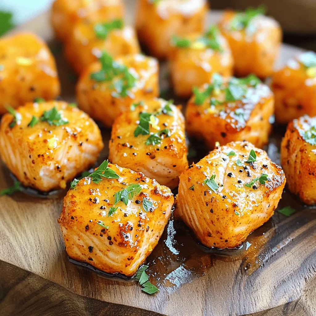 For this recipe, you need 1 pound of fresh salmon fillet. Remove the skin and cut it into bite-sized cubes. Fresh salmon gives your nuggets the best taste and texture. You will mix several key items for the marinade: - 2 tablespoons olive oil - 1 teaspoon lemon zest - 2 tablespoons fresh lemon juice - 1 teaspoon freshly cracked black pepper - 1 teaspoon garlic powder - 1 teaspoon onion powder - ½ teaspoon smoked paprika - Salt to taste These ingredients create a bright, zesty flavor. The lemon juice and zest make the salmon fresh and vibrant. Garlic and onion powder add a nice depth, while smoked paprika gives a subtle warmth. To finish your dish, consider fresh parsley. Chop it finely and sprinkle it on top of the salmon nuggets. This adds color and a fresh taste. You can also serve these nuggets with lemon wedges for extra zing. Enjoy your meal! Start by gathering your ingredients. In a large bowl, mix: - 2 tablespoons olive oil - 1 teaspoon lemon zest - 2 tablespoons fresh lemon juice - 1 teaspoon freshly cracked black pepper - 1 teaspoon garlic powder - 1 teaspoon onion powder - ½ teaspoon smoked paprika - Salt to taste Whisk these together until smooth. This mix is your tasty marinade. Take your salmon fillet, which is cut into bite-sized cubes. Gently add the salmon to the marinade. Toss each cube carefully. You want every piece coated well. Let the salmon soak in the marinade for 15-20 minutes. This time helps the flavors blend and soak in. While the salmon marinates, preheat your air fryer to 400°F (200°C). Let it heat for 3-5 minutes. Once ready, lay the salmon nuggets in the air fryer basket. Don't overcrowd them; this helps them get crispy. Cook for 8-10 minutes. Halfway through, shake the basket gently. The nuggets should turn golden brown and be fully cooked. When done, move them to a plate and garnish with fresh parsley. Enjoy your meal! To get that perfect crispiness, you need to preheat your air fryer. Set it to 400°F (200°C) for 3-5 minutes. This step helps the nuggets cook evenly. When you cook them, place the salmon in a single layer. If you stack the pieces, they won’t crisp up. Turning or shaking the basket halfway through also helps. Marinating your salmon is key for deep flavor. I recommend at least 15-20 minutes. This time allows the marinade to soak into the fish. If you have more time, you can marinate it longer, up to one hour. Just keep it in the fridge. The longer it sits, the better the taste will be! Overcrowding the air fryer basket is a common mistake. When you cram too many pieces in, they steam instead of crisp. For the best results, cook in batches if needed. Each nugget should have some space around it. This way, hot air can circulate freely and cook each piece evenly. {{image_4}} You can change the flavor of your lemon pepper salmon nuggets easily. Try adding herbs like dill or thyme for a fresh taste. If you like heat, sprinkle in some cayenne pepper or red pepper flakes. For a sweeter note, mix in a bit of honey with the marinade. This adds a nice balance to the savory flavors. You can also use different spices, like cumin or coriander, for a unique twist. If you don't have an air fryer, you can bake or pan-sear the nuggets. To bake, preheat your oven to 400°F (200°C). Spread the nuggets on a baking sheet and cook for about 12-15 minutes. For pan-searing, heat oil in a skillet over medium heat. Cook the nuggets for 3-4 minutes on each side until golden brown. Both methods keep the salmon juicy and flavorful. These salmon nuggets are great on their own. You can serve them with a side of steamed veggies or a light salad. Try adding a dip, like tzatziki or a spicy mayo, for extra flavor. You can also place the nuggets on a bed of rice or quinoa for a complete meal. Garnishing with fresh parsley adds color and freshness. Enjoy this tasty dish in many fun ways! After you enjoy your Air Fryer Lemon Pepper Salmon Nuggets, store any leftovers. Place the nuggets in an airtight container. They will stay fresh for up to three days in the fridge. Make sure they cool down before sealing the container. This keeps them from getting soggy. To reheat your salmon nuggets, use the air fryer again. Set it to 350°F (175°C) for about 3-5 minutes. This method helps them regain their crispiness. You can also use a microwave, but this may make them soft. If using the microwave, heat them for 30 seconds at a time until warm. You can freeze the salmon nuggets if you want to save some for later. Place them in a freezer-safe bag or container. They will keep well for up to three months. When ready to eat, thaw them overnight in the fridge. Reheat them in the air fryer for the best texture. Yes, you can use frozen salmon. Just make sure to thaw it first. Place the salmon in the fridge overnight or use cold water for a quick thaw. Once thawed, remove the skin and cut it into bite-sized cubes. This allows the marinade to soak in well. I love these nuggets with several tasty sauces. Here are my favorites: - Lemon aioli - Tartar sauce - Honey mustard - Spicy mayo - Soy sauce with ginger Each sauce adds a unique flavor that complements the salmon. Feel free to try different ones to find your favorite! To check if the salmon is done, look for a few signs: - The color should change from translucent to opaque. - It should flake easily with a fork. - An internal temperature of 145°F (63°C) indicates it’s cooked. If you notice these signs, your salmon nuggets are ready to enjoy! This blog post covered how to make delicious salmon nuggets using fresh ingredients. You learned about key ingredients, easy steps, and helpful tips for the best results. We explored variations to suit your taste and shared smart ways to store leftovers. You can try frozen salmon and find tasty dips too. Cooking can be fun and simple. Enjoy making these salmon nuggets and share them with family and friends!