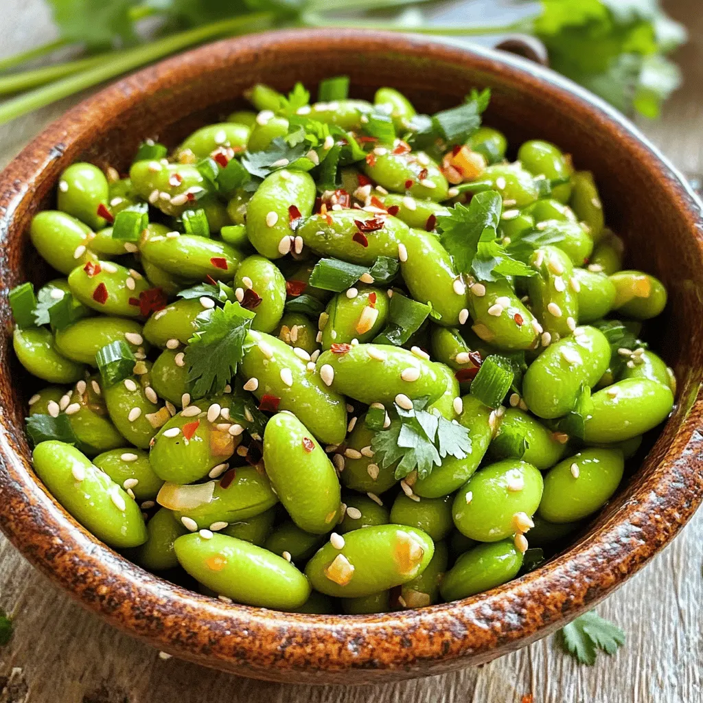- 2 cups shelled edamame (fresh or frozen) - 3 tablespoons extra virgin olive oil - 5 cloves garlic, finely minced - 1 teaspoon red pepper flakes (adjust to taste) - 1 tablespoon low-sodium soy sauce - 1 tablespoon toasted sesame oil - 1 teaspoon sesame seeds - Sea salt, to taste - Fresh cilantro or sliced green onions, chopped Gathering your ingredients is the first step in making spicy garlic edamame. This dish is simple but packs a big punch of flavor. The star ingredients are edamame and garlic. They work together to create a tasty snack. Shelled edamame is green soybeans. You can use fresh or frozen. If you choose frozen, they save time and still taste great. The garlic adds a rich flavor. It gives the dish warmth and depth. Now, for the spices and sauces. Red pepper flakes add heat. You can adjust how much you use based on your taste. Soy sauce brings a savory taste. The toasted sesame oil adds a nutty aroma. Together, they make a delicious blend. Don't forget the garnishes! Sesame seeds give a nice crunch. Sea salt enhances all the flavors. Fresh cilantro or green onions add color and freshness. When you have your ingredients ready, you're set for a fun cooking experience. This snack is not only quick to make but also full of taste and nutrition. To cook the edamame, start by getting a pot. Fill it with lightly salted water and bring it to a boil. If you use frozen edamame, add it to the pot once the water boils. Cook for about 3-5 minutes. You want them bright green and tender. After cooking, drain the edamame in a colander and set it aside. Next, grab a large skillet. Pour in the extra virgin olive oil. Heat it on medium. Once hot, add the finely minced garlic to the oil. Sauté for 1-2 minutes. Stir continuously so the garlic does not burn. You want it fragrant and just turning golden. Now it’s time to spice things up! Add the red pepper flakes to the skillet. Stir them in for about 30 seconds to release their flavor. Then, carefully add the drained edamame. Toss it gently to coat every piece with the garlic mixture. Next, drizzle the low-sodium soy sauce and toasted sesame oil over the edamame. Stir well to mix all the flavors. Cook for another 2-3 minutes. This lets the edamame soak up the savory goodness. Finally, taste and adjust the sea salt if needed. When cooking garlic, watch it closely. Garlic can burn fast and lose its taste. You want it golden, not brown. If you like spice, add more red pepper flakes. Start with one teaspoon and taste as you go. Everyone has different heat levels. Serve your spicy garlic edamame in a nice bowl. For fun, use chopsticks for eating. You can pair it with sushi or rice for a full meal. Add colorful toppings like cilantro or green onions for a fresh look. Edamame is packed with nutrients. It's high in protein, fiber, and healthy fats. These small beans can help lower cholesterol and improve heart health. They also contain vitamins and minerals, like vitamin K and folate. Eating edamame can support your overall wellness. {{image_4}} You can play with the flavors in this dish. Try adding different spices or oils. For a smoky kick, use smoked paprika. A drizzle of chili oil can add heat and depth. If you like citrus, a squeeze of lime or lemon juice brightens the dish. Fresh herbs like basil or mint can also add a unique twist. This recipe is easy to modify for different diets. To make it vegan, just ensure your soy sauce is plant-based. For a gluten-free option, use tamari instead of soy sauce. You can also skip the sesame oil if you have a seed allergy. This way, everyone can enjoy this tasty snack! If you're short on time, look for pre-packaged options. Many stores sell ready-made spicy edamame. Check the ingredients to ensure they fit your dietary needs. Some brands offer organic choices that are both healthy and tasty. This way, you can enjoy a quick snack without any hassle. After enjoying your spicy garlic edamame, you may have some left. To keep it fresh, store it in an airtight container. Place it in the fridge. It will stay good for about three days. When you're ready to eat, simply reheat it in a skillet over medium heat. Stir it gently until it warms through. You can also microwave it for a quick option. Just heat it in short bursts, so you don’t overcook it. If you want to save some for later, freezing is a great choice. First, let the edamame cool completely. Then, transfer it to a freezer-safe bag. Try to remove as much air as possible to avoid freezer burn. It can last up to three months in the freezer. When you want to eat it, thaw it overnight in the fridge. Then, reheat in a skillet or microwave like before. Spicy garlic edamame has a decent shelf life. In the fridge, it will stay fresh for up to three days. If you freeze it, it can last for about three months. Just remember, the sooner you eat it, the better the flavor will be. Enjoying it fresh is always the best way! You can make this snack quickly in just a few steps. 1. Cook the Edamame: Boil 2 cups of shelled edamame in salted water for 3-5 minutes. Drain it well. 2. Heat the Oil: In a skillet, warm 3 tablespoons of extra virgin olive oil over medium heat. 3. Sauté the Garlic: Add 5 cloves of finely minced garlic to the skillet. Cook for 1-2 minutes until it smells great. 4. Add Spice: Stir in 1 teaspoon of red pepper flakes and cook for another 30 seconds. 5. Combine Edamame: Toss in the drained edamame and mix well. 6. Incorporate Sauces: Pour in 1 tablespoon each of low-sodium soy sauce and toasted sesame oil. Cook for 2-3 minutes. 7. Final Seasoning: Taste and add sea salt if needed. 8. Serve and Garnish: Transfer to a bowl, sprinkle with sesame seeds, and add fresh cilantro or green onions. This method is quick and keeps the flavors vibrant. Yes, you can make it milder or spicier. - For Milder Edamame: Use less red pepper flakes, maybe just ½ teaspoon. You can also skip them altogether. - For Spicier Edamame: Add more red pepper flakes or use a hotter chili oil. You can even mix in fresh chopped chili peppers for an extra kick. Adjusting the heat lets you customize the snack to your taste. Edamame is not just tasty; it's also good for you. - High in Protein: Edamame is packed with plant-based protein, making it great for vegetarians. - Rich in Fiber: It helps with digestion and keeps you full longer. - Packed with Vitamins: Edamame contains vitamins like K and C, plus folate, which is good for your health. - Low in Calories: This snack is low in calories, making it a smart choice for weight management. Eating edamame offers many health benefits while enjoying a delicious snack. In this article, we explored how to create a tasty garlic edamame dish. We reviewed key ingredients, cooking steps, and helpful tips. Edamame is not only delicious but also packed with nutrients. You can modify the flavors to suit your taste. Remember, this dish is perfect for sharing or enjoying as a snack. I encourage you to try these methods and enjoy the healthy twist on your meals. Embrace your creativity with edamame, and your taste buds will thank you!