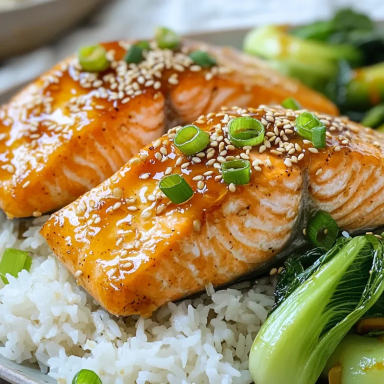 - 4 salmon fillets (about 6 oz each) - 3 tablespoons soy sauce - 2 tablespoons honey - 1 tablespoon freshly grated ginger - 2 garlic cloves, minced - 1 tablespoon sesame oil - 1 tablespoon rice vinegar - 2 tablespoons toasted sesame seeds - 2 green onions, sliced (for garnish) - Salt and freshly ground black pepper to taste When making Air Fryer Sesame Ginger Salmon, you need fresh and good-quality ingredients. The salmon is the star here, so choose fillets that look bright and firm. The soy sauce adds saltiness, while honey brings a touch of sweetness. Freshly grated ginger gives a warm, spicy kick. Minced garlic rounds out the flavor nicely. The sesame oil adds richness, and rice vinegar provides a tangy note. Don't forget the toasted sesame seeds! They add a nice crunch and nutty flavor. Green onions are perfect for garnish, giving your dish a pop of color and freshness. Make sure to have salt and pepper on hand to season your salmon well. A good balance of these ingredients creates a dish that is not only tasty but also visually appealing. - In a medium bowl, whisk together: - 3 tablespoons soy sauce - 2 tablespoons honey - 1 tablespoon freshly grated ginger - 2 minced garlic cloves - 1 tablespoon sesame oil - 1 tablespoon rice vinegar - Season each salmon fillet with salt and pepper. - Place the fillets in a shallow dish or bag. Pour the marinade over the salmon. Make sure each piece is coated well. Cover it and chill in the fridge for at least 30 minutes. This gives the flavors time to mix. - Preheat your air fryer to 400°F (200°C). This takes about 5 minutes. - Once heated, take the salmon out of the marinade. Save the marinade for later. - Arrange the salmon fillets skin-side down in the air fryer basket. This helps them cook evenly. - Air fry the salmon at 400°F for 10 to 12 minutes. - Check for doneness. The salmon should be flaky and cooked through. If it’s still raw in the middle, cook it a few more minutes. - While the salmon cooks, pour the saved marinade into a small pot. - Bring it to a gentle boil, then reduce to a simmer. Let it thicken for about 2 to 3 minutes, stirring often. - Once the salmon is ready, carefully take it out of the air fryer. - Drizzle the thickened marinade over each fillet. - Add a garnish of toasted sesame seeds and sliced green onions for extra flavor and color. To get the best taste from your salmon, marinating is key. I suggest marinating for at least 30 minutes. This time allows the flavors to soak into the fish. You can adjust the marinade ingredients to match your taste. For example, if you love ginger, add a bit more. If you prefer less sweetness, cut down on the honey. For even cooking, always place the salmon skin-side down in the air fryer. This helps create a nice crust while keeping the fish moist. You should also check the internal temperature. Salmon is perfectly cooked when it reaches 145°F. This small step ensures you enjoy flaky, tender salmon every time. I love serving this dish over rice or quinoa. Both options soak up the flavors well. You can also add sautéed greens as a side. Bok choy or spinach works great here. For a fun twist, include a lime wedge. The acidity from the lime brightens up the whole meal and makes it even better. {{image_4}} You can swap salmon for chicken or tofu. Both options offer unique flavors. Chicken has a mild taste, and tofu absorbs marinades well. Use the same marinade for chicken. For tofu, press it to remove extra moisture. This helps the marinade soak in better. Adjust cooking time based on thickness. Chicken may take longer, while tofu cooks quickly. Want to mix it up? Add citrus like orange or lime to your marinade. This gives a fresh twist. You might also spice things up with sriracha or chili flakes. These options add heat and depth. Experiment with different combinations to find what you love most. Don't be afraid to play with flavors! If you need gluten-free options, swap soy sauce for tamari. Tamari has a similar taste and works great in this recipe. For a vegan version, use plant-based salmon substitutes. You can also try chickpeas or lentils for a hearty meal. These changes help everyone enjoy this dish, no matter their diet. To keep your air fryer sesame ginger salmon fresh, place leftovers in an airtight container. This helps prevent any unwanted smells from other foods. You can store the salmon in the fridge for up to three days. Make sure to let it cool before sealing the container. Reheating this salmon can be tricky. The best way to do this is by using the air fryer again. Set it to 350°F (175°C) and heat for about 5 to 7 minutes. This method keeps the salmon crispy and tasty. If you don’t have an air fryer, you can use a skillet on low heat. Add a splash of water to keep the fish moist. Avoid using the microwave as it can dry out the salmon, making it less enjoyable. You should marinate the salmon for at least 30 minutes. This time helps the flavors mix well. If you have more time, marinate for up to 2 hours for a stronger taste. Just keep it in the fridge while it marinates. If your salmon is overcooked, don’t worry! You can still use it in other dishes. Try flaking it and mixing it into a salad. You can also add it to a stir-fry or pasta dish. This way, the flavors blend nicely with other ingredients. Yes, you can freeze cooked air fryer salmon. Let it cool completely first. Then, wrap it tightly in plastic wrap or foil. Place it in an airtight container or freezer bag. When you want to eat it, thaw it in the fridge overnight. Reheat it in the oven or microwave for best results. This blog post guides you through making delicious air-fryer salmon. You learned about the key ingredients, marinating techniques, and cooking steps to achieve juicy fillets. Remember, marinating well and cooking at the right temperature are key. Feel free to customize with different proteins and flavors to suit your taste. Enjoy your meal over rice or with greens. This recipe not only saves time but boosts flavor, making your kitchen adventures rewarding. Happy cooking!