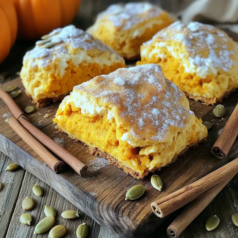 - 2 cups all-purpose flour - 1/2 cup granulated sugar - 1 tablespoon baking powder - 1 teaspoon ground cinnamon - 1/2 teaspoon ground nutmeg - 1/4 teaspoon ground ginger - 1/2 teaspoon salt - 1/2 cup unsalted butter, chilled and cubed - 1/2 cup pumpkin puree - 1/4 cup cream cheese, softened - 1/4 cup heavy cream - 1 large egg - 1 teaspoon vanilla extract - 1/2 cup chopped walnuts or pecans (optional) - Egg wash: 1 egg beaten with 1 tablespoon milk When making pumpkin cream cheese scones, each ingredient plays a key role. The flour helps create the base. Sugar adds sweetness, while baking powder gives the scones a lift. Spices like cinnamon and nutmeg bring warmth and flavor. The butter, when cold, helps create a flakier texture. Pumpkin puree adds moisture and a subtle sweetness. Cream cheese contributes to a rich flavor, making every bite creamy. For the wet ingredients, heavy cream adds richness and helps bind the dough. The egg improves texture and adds color. The vanilla extract enhances all the flavors. If you choose to add walnuts or pecans, they give a nice crunch. Finally, the egg wash ensures a golden, shiny finish. Sprinkling raw sugar on top adds a sweet crunch. This combination of flavors and textures makes these scones a true delight. - Preheat oven to 400°F (200°C). - Line baking sheet with parchment paper. Start by preheating your oven. This step is key for getting those perfect scones. Lining the baking sheet helps keep the scones from sticking. - Whisk together flour, sugar, baking powder, and spices. In a large bowl, mix the flour, sugar, baking powder, cinnamon, nutmeg, and salt. Whisking helps to blend all the dry ingredients evenly. This step sets the base for your scones. - Add butter to dry mix and work until coarse crumbs form. Cut the chilled butter into small cubes. Add these cubes to the dry mix. Use your fingers or a pastry cutter to work the butter into the flour. Stop when the mix looks like coarse crumbs, with some small butter pieces still showing. This gives your scones a flaky texture. - Combine pumpkin puree, cream cheese, heavy cream, egg, and vanilla extract. In a separate bowl, mix the pumpkin puree, cream cheese, heavy cream, egg, and vanilla extract. Stir until smooth. This creamy mix adds moisture and flavor to your scones. - Fold wet ingredients into dry, avoiding overmixing. Slowly pour the wet mixture into the dry ingredients. Use a spatula or wooden spoon to fold them together gently. Be careful not to overmix; this keeps your scones tender and light. If you like, add chopped nuts for extra crunch. - Knead and shape the dough into the desired form and cut. Turn the dough out onto a floured surface. Knead it gently just a few times until it forms a ball. Then, press it into a rectangle about 1 inch thick. Cut it into triangles or squares based on your preference. - Transfer to baking sheet, brush with egg wash, sprinkle with sugar. - Bake for 15-20 minutes until golden. Place your cut scones on the prepared baking sheet. Brush the tops with the egg wash, and sprinkle raw sugar on top. Bake in your preheated oven for about 15-20 minutes. Look for a golden brown color and a clean toothpick when testing for doneness. Enjoy the warm, sweet aroma as they bake! To get perfect scones, use cold butter. Cold butter helps make the scones flaky. When the butter is cold, it creates little pockets of air as it melts. This gives the scones their light texture. Be careful not to overmix the dough. Overmixing leads to tough scones. Mix just until the ingredients combine. A few lumps are fine. This keeps your scones tender and soft. Brushing your scones with an egg wash makes them shine. The wash adds a nice golden color. It also helps the sugar stick. For extra crunch, use raw sugar on top. This gives a sweet crunch with every bite. Serve your pumpkin cream cheese scones warm. They taste best fresh from the oven. You can enjoy them with butter or cream cheese. Pair them with a hot drink like tea or coffee. They also go well with apple cider. The warm flavors blend nicely, making for a cozy treat. {{image_4}} You can add more fun to your scones with spices. Try adding a pinch of allspice or a splash of maple extract. These will brighten the flavor. You can also toss in chocolate chips or dried cranberries for a sweet twist. They pair well with pumpkin and cream cheese. If you need a gluten-free option, use a gluten-free flour blend. It works well in most scone recipes. For dairy-free scones, swap cream cheese with a vegan cream cheese. Coconut cream can replace heavy cream, adding a nice flavor. Cutting scones into different shapes makes them fun. Use cookie cutters for stars, hearts, or even fun shapes like pumpkins. For a quick snack, try mini scones. They bake faster and are easy to share. Store your leftover scones in an airtight container. This keeps them fresh. If you leave them out, they may dry out. For best results, keep them at room temperature for up to two days. If you want to keep them longer, refrigeration can help but may change their texture. You can freeze both uncooked and baked scones. For uncooked scones, shape them and place them on a baking sheet. Freeze them for about an hour, then transfer to a zip-top bag. For baked scones, let them cool completely before wrapping them tightly. They can last in the freezer for up to three months. When you're ready to eat, thaw overnight in the fridge or at room temperature. To reheat scones, use an oven for the best results. Preheat your oven to 350°F (175°C). Place the scones on a baking sheet for about 10-15 minutes. This keeps them warm and flaky. You can also microwave them for 10-15 seconds, but the oven is better for keeping their texture. Enjoy your scones fresh and warm! You can tell if your scones are done by checking a few signs. First, look for a golden-brown color on top. Use a toothpick to poke the center. If it comes out clean, your scones are ready. The sides should feel firm, not soft or doughy. Lastly, you will smell a warm, inviting scent that fills your kitchen. Yes, you can prepare these scones ahead of time. Make the dough and shape it into triangles or squares. Wrap the cut scones in plastic wrap. You can store them in the fridge for up to 24 hours. When you are ready, bake them straight from the fridge. Just add a few extra minutes to the bake time. Pumpkin cream cheese scones pair well with many treats. Serve them with a smear of butter or cream cheese. They also go great with honey or maple syrup. A warm drink like coffee, tea, or cider complements them perfectly. You can even add a sprinkle of cinnamon or nutmeg on top for extra flavor. Absolutely! You can use pumpkin spice instead of the individual spices. Just replace the spices with about 2 teaspoons of pumpkin spice for a warm flavor. This makes it easy and quick. Pumpkin spice blends already contain cinnamon, nutmeg, and ginger. You get great taste with less measuring. If your scones turn out dry, there are ways to fix them. First, add a little butter or cream on top before serving. This adds moisture and flavor. You can also warm them in the oven for a few minutes with a damp paper towel over them. This helps soften them. Lastly, make sure to measure your ingredients correctly next time. Too much flour can lead to dryness. This blog post covered all you need for perfect pumpkin cream cheese scones. We discussed ingredients, mixing methods, and baking steps. I shared tips to enhance your scone-making skills. Remember, cold butter creates flakiness, and avoid overmixing for a tender result. Try different flavors or shapes for fun! With proper storage, enjoy them fresh later. Now, get baking and savor the delicious outcome!