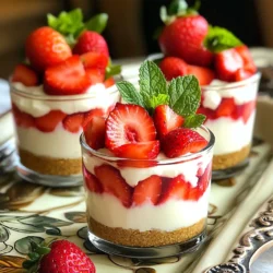 - 1 cup crushed graham crackers - 4 tablespoons unsalted butter, melted - 1 (8 oz) package cream cheese, softened - 1/2 cup powdered sugar - 1 teaspoon vanilla extract - 1 cup whipped cream - 1 cup fresh strawberries, diced - Additional whole strawberries for garnish - Fresh mint leaves for garnish (optional) In this simple dessert, we start with the crust. You need crushed graham crackers and melted butter. This mix gives us a tasty base. Next, the filling is key. We use cream cheese, powdered sugar, and vanilla. These blend into a smooth and sweet mix. Whipped cream adds lightness. It makes the filling fluffy and airy. Fresh strawberries give a pop of color and flavor. Diced strawberries mix right into the layers. You can also add whole strawberries for a nice touch. Mint leaves make a pretty garnish, too. They add a fresh look and taste. Together, these ingredients create a delightful treat. Each cup is a balance of creamy, sweet, and fruity flavors. You’ll love how easy it is to make and enjoy! - In a small bowl, combine 1 cup of crushed graham crackers and 4 tablespoons of melted butter. - Stir until the mixture looks like wet sand. - Take about 2 tablespoons of this mixture and spoon it into each cup. - Press down gently to form an even crust layer at the bottom. - In a medium bowl, beat 1 (8 oz) package of softened cream cheese until it is smooth. - Gradually mix in 1/2 cup of powdered sugar and 1 teaspoon of vanilla extract. - Keep mixing until there are no lumps, and the mixture is creamy. - Carefully fold in 1 cup of whipped cream using a spatula. - Be gentle to keep the mixture light and fluffy. - Use a spoon to layer the cream cheese mixture over the crust in each cup. - Fill each cup halfway with the cream cheese mixture. - Evenly distribute 1 cup of diced strawberries on top of the cream cheese layer. - Spoon the remaining cream cheese mixture over the strawberries, filling the cups nearly to the brim. - Finish with a layer of diced strawberries and garnish each cup with a whole strawberry and a mint leaf if you like. - Cover the cups with plastic wrap and refrigerate for at least 2 hours. To get the best texture, start with softened cream cheese. This step is key. Cold cream cheese can make your filling lumpy. Let it sit at room temperature for about 30 minutes before mixing. When you mix the whipped cream, be gentle. Use a spatula to fold it into the cream cheese. This helps keep the mixture light and airy. If you stir too hard, it can lose that fluffy feel. For a stunning look, serve your cheesecake cups on a decorative tray. This small touch makes a big difference. You can impress your guests with simple, elegant serving. To add some texture, sprinkle crushed graham crackers on top. This extra layer gives a nice crunch. Plus, it adds to the visual appeal of the dessert. With these tips, your no-bake strawberry cheesecake cups will shine! {{image_4}} You can change the fruit in your cheesecake cups. Try using blueberries or raspberries instead of strawberries. Both fruits add a sweet and tart flavor. You can also use seasonal fruits. In summer, peaches or cherries can shine in this dessert. In fall, consider apples or pears for a cozy twist. Each fruit brings its own taste and joy to your cups. You can make this recipe fit your diet. If you need gluten-free options, use gluten-free graham crackers. They work just as well for the crust. If you are dairy-free, look for cream cheese made from nuts or soy. These swaps keep the creamy texture while fitting your needs. Enjoy your dessert without worry! To store leftovers, cover each cup tightly with plastic wrap. This keeps them fresh and prevents any odors from the fridge. I recommend eating them within three days. This keeps the flavors bright and the texture creamy. If you wait too long, they may lose their charm. Yes, you can freeze no-bake strawberry cheesecake cups! To do this, wrap each cup with plastic wrap and then place them in a freezer-safe bag. They will stay good for up to a month. When you are ready to enjoy them, take the cups out and place them in the fridge overnight. This allows them to thaw slowly. After thawing, serve them cold for a refreshing treat! No-bake cheesecake cups stay fresh for about 3 to 5 days in the fridge. To keep them tasty, make sure to cover each cup with plastic wrap. This prevents drying and keeps flavors intact. If you plan to enjoy them later, it’s best to store them in an airtight container. Yes, you can use store-bought whipped cream. It saves time and still gives that light, fluffy texture. Just make sure it is fresh and unsweetened for the best taste. If you prefer, you can still whip heavy cream at home. This way, you control the sweetness and flavor. If you want an alternative to graham crackers, try using crushed cookies like Oreos or digestive biscuits. You can also use crushed nuts mixed with melted butter for a gluten-free option. Each choice adds a unique flavor and texture to your cheesecake cups. You learned how to make delicious no-bake strawberry cheesecake cups. We discussed the key ingredients, easy steps to prepare, and tips for the best texture. You can also explore fun variations and storage options for leftovers. This dessert is simple and can fit any occasion. Enjoy making this treat for friends or family. Your perfect cheesecake cups are just a few steps away!