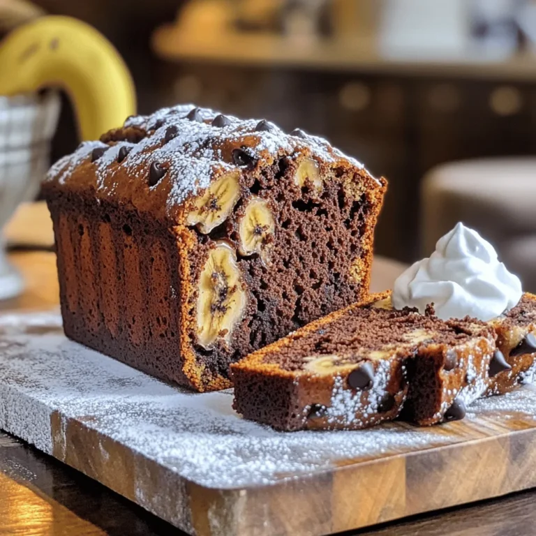 To create a rich and flavorful chocolate espresso banana bread, you'll need the following ingredients: - 3 ripe bananas, thoroughly mashed - 1/3 cup melted coconut oil (or vegetable oil as an alternative) - 1/2 cup packed brown sugar - 1/4 cup granulated sugar - 2 large eggs, at room temperature - 1 teaspoon pure vanilla extract - 1 teaspoon espresso powder - 1 teaspoon baking soda - 1/2 teaspoon baking powder - 1/2 teaspoon salt - 1 1/2 cups all-purpose flour - 1/2 cup dark chocolate chips - 1/4 cup chopped walnuts (optional for added crunch) If you need to make some swaps, here are a few ideas: - Oil: Use melted butter instead of coconut oil. - Sugar: Try using coconut sugar or maple syrup. Adjust the liquid in the batter if using syrup. - Eggs: Use flax eggs (1 tablespoon flaxseed meal + 2.5 tablespoons water = 1 egg). - Flour: Substitute whole wheat flour for a nuttier flavor. - Chocolate Chips: Use white chocolate chips or milk chocolate for a sweeter twist. These alternatives can change the taste and texture slightly, so experiment to find what you enjoy most. Ripe bananas are key for great banana bread. Here’s how to pick them: - Look for bananas with a deep yellow color and brown spots. These spots show ripeness. - Avoid bananas that are too green or too brown. Green ones lack flavor, and brown ones may be overly mushy. - If you have green bananas, place them in a brown paper bag. This speeds up the ripening process. - For a strong banana flavor, choose bananas that are very ripe. The sweetness will enhance your bread. Choosing the right bananas makes a big difference in flavor. Enjoy the process! First, set your oven to 350°F (175°C). This heat will cook the bread just right. Next, grab a 9x5-inch loaf pan. Grease it well or line it with parchment paper. This step helps the bread come out easily after baking. In a large bowl, mash three ripe bananas until smooth. Add 1/3 cup of melted coconut oil to the bananas. Mix these until they blend well. Now, add 1/2 cup of brown sugar and 1/4 cup of granulated sugar. Stir until the mixture is creamy. Then, add two large eggs, one at a time. Don’t forget to mix in 1 teaspoon of pure vanilla extract and 1 teaspoon of espresso powder. This adds rich flavor! In another bowl, whisk together 1 1/2 cups of all-purpose flour, 1 teaspoon of baking soda, 1/2 teaspoon of baking powder, and 1/2 teaspoon of salt. This helps to mix the dry things well. Slowly add the dry mix to the wet mix. Fold gently until just combined. Be careful not to overmix or the bread may turn out dense. Finally, fold in 1/2 cup of dark chocolate chips and 1/4 cup of chopped walnuts if you like. Now, pour the batter into the loaf pan. Smooth the top with a spatula. Bake the bread in your preheated oven for 50 to 60 minutes. When the time is up, check doneness by inserting a toothpick into the center. If it comes out clean or with a few moist crumbs, your bread is ready. Let it cool in the pan for about 10 minutes. After that, transfer the bread to a wire rack to cool completely. Enjoy the wonderful smell as it cools! To get the best texture in your chocolate espresso banana bread, start with ripe bananas. They should be brown and soft. This gives the bread the right sweetness and moisture. When mixing, mash the bananas well. This helps blend them smoothly with the other ingredients. Avoid overmixing the batter. Mix until just combined for a light and airy loaf. For a richer chocolate flavor, use high-quality dark chocolate chips. They melt beautifully and add depth. Adding the espresso powder boosts the coffee taste without being too strong. You can also try adding a pinch of cinnamon for warmth. This simple touch can elevate the flavor profile. One common mistake is using cold eggs. Always use room temperature eggs; they mix better with the batter. Another mistake is not measuring the flour correctly. Too much flour can lead to a dry loaf. Use the spoon and level method for accuracy. Finally, don’t skip the cooling time. Letting it cool helps the flavors meld and makes slicing easier. {{image_4}} You can make this banana bread gluten-free. Use a gluten-free flour blend instead of all-purpose flour. Look for blends that include xanthan gum. This helps mimic the texture of regular flour. You might also want to add a bit more liquid to the batter. A splash of almond milk can help keep it moist. If you want a vegan version, swap out the eggs. Use flax eggs instead. Mix one tablespoon of ground flaxseed with three tablespoons of water. Let it sit until thickened. For the coconut oil, use a bit of unsweetened applesauce or a vegetable oil. This keeps the bread soft and tasty. To make your banana bread even more special, try adding spices. A pinch of cinnamon or nutmeg can elevate the flavor. You could also mix in some chopped nuts like walnuts or pecans. They add a nice crunch. If you want more chocolate, toss in extra chocolate chips. This makes each bite rich and delightful. To keep your chocolate espresso banana bread fresh, wrap it tightly in plastic wrap. You can also use a resealable bag. Store it at room temperature for up to three days. If you want to keep it longer, consider freezing it. Just make sure it's well-wrapped to avoid freezer burn. For long-term storage, slice the banana bread. Place wax paper between the slices to separate them. Wrap each slice in plastic wrap. Then, put them in a freezer-safe bag. This way, you can grab just what you need. Frozen banana bread lasts for about three months. When you want to enjoy your banana bread, you have a few options. For a quick reheat, use the microwave. Heat a slice for about 15-20 seconds. If you prefer a warm crust, use the oven. Preheat it to 350°F (175°C) and bake the slice for about 10 minutes. This keeps it soft and tasty. Enjoy your warm banana bread! Yes, you can use other flours. Almond flour gives a nutty flavor. Coconut flour can work too, but you need to adjust the liquid. Be aware that these flours change the texture. They may make the bread denser or moister. If you try a different flour, start with less and add more as needed. If your banana bread is dense, check your mixing. Overmixing can create tough bread. Make sure to mix until just combined. Another tip is to check your leavening agents. Ensure your baking soda and baking powder are fresh. If they are old, they may not work well. You can also add a bit more liquid, like milk or water, to lighten the batter. To boost the chocolate flavor, add more dark chocolate chips. You could also try using cocoa powder. Replace some flour with cocoa powder for a richer taste. Another option is to drizzle melted chocolate on top after baking. This adds a nice touch and extra flavor. This blog covered the key ingredients and tips for making chocolate espresso banana bread. I discussed ingredient choices, preparation steps, and common mistakes to avoid. You learned about variations for gluten-free and vegan diets, as well as storage tips. Remember to choose ripe bananas for the best flavor. Experiment with flavors and have fun. Enjoy your baking journey and create something delicious!