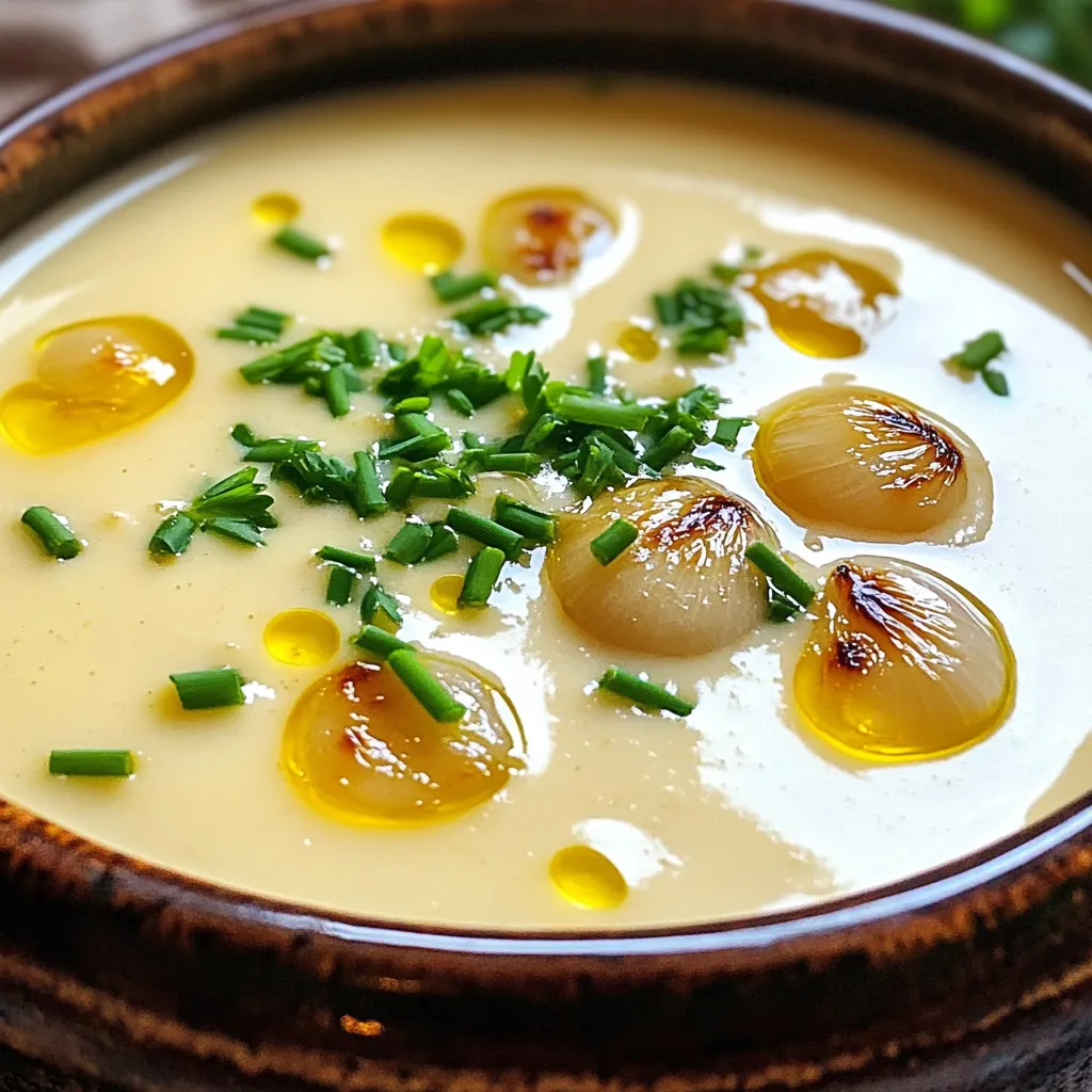 To make creamy roasted garlic soup, you need these key ingredients: - 2 heads of garlic - 2 tablespoons olive oil - 1 medium onion, finely diced - 2 medium potatoes, peeled and cut into small cubes - 4 cups vegetable broth - 1 cup heavy cream (or coconut cream for a dairy-free option) - Salt and freshly cracked black pepper, to taste - 1 teaspoon fresh thyme, finely chopped (or ½ teaspoon dried thyme) - Fresh chives or parsley, finely chopped, for garnish These simple items create a rich, warm soup that shines with flavor. If you follow a specific diet, consider these swaps: - For a vegan option, replace heavy cream with coconut cream. - Use any broth you prefer, like chicken broth or mushroom broth. - Swap potatoes for cauliflower for a low-carb option. These changes keep the soup tasty while meeting your dietary needs. Garnishes add beauty and flavor to your soup. Here are some ideas: - Chopped chives or parsley for fresh notes - A drizzle of extra cream for richness - A sprinkle of chili flakes for a spicy kick Adding garnishes makes your dish appealing and fun to eat. To start, preheat your oven to 400°F (200°C). This helps the garlic roast well. Next, take the two heads of garlic. Slice the tops off to expose the cloves inside. Drizzle one tablespoon of olive oil over the exposed cloves. Wrap each head in aluminum foil to keep them safe while roasting. Place the wrapped garlic in the oven for 30-35 minutes. You will know it’s ready when the cloves are soft and caramelized. While the garlic roasts, grab a large pot. Heat one tablespoon of olive oil over medium heat. Add the finely diced onion. Sauté for about 5 minutes until the onion is translucent and fragrant. This adds a nice base flavor. Now, add the diced potatoes to the pot. Stir well to combine. Let them cook together for about 5 minutes to soften slightly. The warmth brings out their natural sweetness. After the garlic roasts, take it out of the oven. Squeeze the soft cloves out of their skins and add them to your pot. Pour in the vegetable broth and add the chopped thyme. Bring this mixture to a boil, then reduce the heat to a simmer. Cover the pot and let it simmer for 15-20 minutes. Check that the potatoes are fork-tender. Now, it’s time to blend the soup. Use an immersion blender to puree it until smooth. If you don’t have one, carefully transfer portions to a blender. Blend until smooth, then return it to the pot. Stir in the heavy cream or coconut cream for richness. Heat it gently. Finally, season with salt and freshly cracked black pepper to taste. Serve it hot, garnished with fresh chives or parsley for a beautiful finish. When roasting garlic, choose fresh heads. Look for firm, unblemished bulbs. Cut off the tops to expose the cloves. Drizzle each head with olive oil for flavor. Wrap them tightly in foil to keep the heat in. Roast at 400°F for 30-35 minutes. The garlic should feel soft and smell sweet. Let it cool before squeezing the cloves out. This method gives you sweet, caramelized garlic, perfect for the soup. To get a creamy texture, blend the soup well. Use an immersion blender for the best results. If you use a regular blender, blend in small batches. This keeps the hot soup from spilling. Add the heavy cream or coconut cream after blending. Stir gently to combine. This will give your soup a rich, smooth finish. Adjust the thickness by adding more broth if needed. Season the soup with salt and pepper to taste. Fresh thyme adds a lovely herbal note. You can also experiment with other herbs. Consider adding rosemary or basil for a twist. If you want some heat, add chili flakes. A squeeze of lemon juice brightens the flavors. Lastly, garnish with fresh chives or parsley for a pop of color. This not only enhances the look but also adds fresh flavor. {{image_4}} You can make this soup dairy-free using coconut cream. It adds a nice flavor and keeps the soup rich. Simply swap out the heavy cream for one cup of coconut cream. This way, you still enjoy that creamy texture without dairy. Want to boost the taste? Consider adding a few extras. You can toss in sautéed mushrooms for a meaty bite. A handful of spinach or kale adds color and nutrients. You can also mix in some roasted red peppers for a sweet twist. Don’t forget a squeeze of lemon juice for brightness! Serve your soup in rustic bowls for a cozy look. Drizzle a little extra coconut cream on top. This adds a lovely finish. Try garnishing with crispy croutons for crunch. For a spicy kick, sprinkle chili flakes on top. Pair your soup with a fresh baguette for the perfect meal. After you enjoy your creamy roasted garlic soup, store any leftovers in an airtight container. Let the soup cool down to room temperature first. Once cooled, cover it tightly and place it in the fridge. It will stay fresh for about 3 to 4 days. If you want to keep it longer, consider freezing it. To freeze your soup, first cool it completely. Then, pour the soup into freezer-safe containers or heavy-duty freezer bags. Leave some space at the top for expansion. Label the containers with the date. The soup can last in the freezer for up to 3 months. When you're ready to enjoy it again, just thaw it in the fridge overnight. To reheat your soup, pour it into a pot and warm it over medium heat. Stir it often to prevent sticking. If the soup seems too thick after freezing, add a splash of vegetable broth or water to reach your desired consistency. You can also use the microwave for quick reheating. Just cover the bowl and heat in short intervals, stirring in between. Enjoy your creamy roasted garlic soup warm! Yes, you can use chicken broth or beef broth for richer flavor. Each type of broth adds its own unique taste to the soup. If you want to keep it vegetarian, stick with vegetable broth. You can even make your own broth for more control over flavors. To add heat, try adding a pinch of red pepper flakes while cooking. You can also stir in some chopped jalapeños or a splash of hot sauce at the end. Adjust the amount to match your taste. Remember, start small; you can always add more spice later! Garlic has many health benefits. It can boost your immune system and improve heart health. Garlic contains antioxidants, which may help reduce inflammation. It also has antibacterial and antiviral properties. Eating garlic may even help lower blood pressure. Plus, it adds great flavor to dishes! This blog post gives you all the tools to make a delicious garlic soup. You learned the key ingredients and useful substitutes to meet your needs. I shared simple steps for preparation and tips for the best taste and texture. You can customize this soup with variations and unique serves. Lastly, I explained how to store and reheat leftovers safely. Enjoy this comforting recipe that’s easy to make and delicious to share.