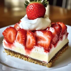 - 2 cups fresh strawberries, hulled and sliced - 1 cup heavy whipping cream - 8 oz cream cheese, softened to room temperature - 1/2 cup powdered sugar - 1 teaspoon pure vanilla extract - 1 cup graham cracker crumbs - 1/4 cup unsalted butter, melted - A pinch of sea salt This recipe has a fun mix of flavors. You will enjoy the sweet taste of strawberries with the creamy cheesecake. Each ingredient plays an important role. Fresh strawberries give a juicy, sweet flavor. Use ripe strawberries for the best taste. The heavy whipping cream adds fluffiness to the cake. It makes the cheesecake layer light and airy. Cream cheese is key for that rich cheesecake taste. Make sure it’s soft for easy mixing. Powdered sugar brings sweetness to the cream cheese. It blends well without any lumps. Pure vanilla extract adds depth and warmth. I suggest using real vanilla for the best flavor. The graham cracker crumbs form a crunchy crust. They add texture and a nice contrast to the creaminess. Unsalted butter helps bind the crust together. It gives it a rich flavor without being too salty. A pinch of sea salt enhances the sweetness of the whole cake. By using these ingredients, you create a delightful dessert that everyone will love. To start, grab a medium mixing bowl. Combine the graham cracker crumbs, melted butter, and a pinch of salt. Mix it well until it feels like damp sand. Next, take an 8x8-inch dish and press this mixture firmly into the bottom. This will be your crust. Now, move to a large mixing bowl. Use an electric mixer to beat the softened cream cheese until it is smooth. Slowly add the powdered sugar and vanilla extract. Keep mixing until everything is creamy and lump-free. In another bowl, pour in the heavy whipping cream. Use an electric mixer to whip it until stiff peaks form. This means it will hold its shape when you lift the beaters. Gently fold the whipped cream into the cream cheese mixture. Be careful not to deflate the whipped cream. Take your prepared crust and evenly distribute the sliced strawberries over it. Next, spoon half of the cheesecake mixture on top of the strawberries. Use a spatula to smooth it out evenly. Now, add a second layer of sliced strawberries on top of the cheesecake mixture. Then spread the remaining cheesecake mixture over these strawberries. Smooth it out gently so that the strawberries are fully covered. Cover the dish with plastic wrap or a lid. Place it in the refrigerator for at least 4 hours. If you want the best results, let it chill overnight. This helps it set perfectly. Using cold cream and a cold bowl is key for great whipped cream. Cold ingredients whip up better, giving you a light and fluffy texture. I always chill my bowl and beaters for about 15 minutes before starting. This small step makes a big difference. When you whip the cream, watch for stiff peaks. This means the cream holds its shape well. Once you reach that point, gently fold the whipped cream into the cream cheese mixture. Be careful not to mix too hard. The goal is to keep that light fluffiness. Garnishing your cake with extra strawberries adds color and freshness. You can slice some berries and arrange them on top. A whole strawberry on each slice looks fancy and fun! Pair your slices with fresh mint leaves for a nice touch. The mint adds a burst of flavor that fits well with the creamy cheesecake. Enjoy your dessert with a cup of tea or coffee for a perfect treat! {{image_4}} You can switch up the strawberries. Try blueberries or raspberries instead. Both fruits offer sweet and tangy flavors. Blueberries add a burst of juiciness. Raspberries give a lovely tartness. You can layer them just like strawberries. This keeps the cake fresh and fun. If you need gluten-free options, use crushed gluten-free cookies. They give a nice crunch and hold up well. You can also use chocolate cookies for a richer taste. This twist on the crust adds a fun chocolate flavor. Experiment with different cookies to find your favorite. Want to boost the taste? Add lemon zest to the cream cheese mix. This gives a bright, zesty flavor that pairs well with the fruit. You can also drizzle chocolate on top. Melt some chocolate and let it cool slightly. Drizzle it over the cake for a special touch. Both ideas make your dessert even more delicious! To keep your Strawberry Cheesecake Icebox Cake fresh, use these methods: - Refrigerate: Cover the cake with plastic wrap or a lid. This keeps it fresh in the fridge. - Freeze: If you want to store it longer, cut slices and wrap each piece in plastic wrap. Place the wrapped pieces in a freezer-safe bag. This helps prevent freezer burn. When stored properly in the fridge, this cake stays fresh for about 3 to 5 days. If you freeze it, you can enjoy it for up to 2 months. Just remember, the taste and texture are best within the first month. If you've frozen your cake, defrost it safely: - In the fridge: Move the cake to the fridge a few hours before you want to eat it. This keeps it cold and tasty. - Room temperature: You can also let it sit out for about 30 minutes. This helps bring back its creamy texture. Avoid using a microwave, as it can make the cake soggy. Yes, you can make this cake ahead of time. I often prepare it a day before. This lets the flavors blend well. It also saves time for busy days. When you make it ahead, just store it in the fridge, covered. Yes, chilling is very important. It helps the cake set properly. The cream cheese mixture firms up when cold. This gives the cake a nice texture. If you skip chilling, the cake may be too soft. I recommend chilling it for at least four hours. For the best results, chill it overnight. You can use low-fat cream cheese, but it may change the taste. The cake might be less creamy and rich. Full-fat cream cheese gives a better flavor and texture. If you want to use low-fat, try adding a bit of heavy cream for richness. This recipe brings together fresh strawberries, creamy goodness, and a tasty crust. You can easily prepare it step by step, allowing layers of flavor to blend. Remember to chill your cake for the best texture and taste. Don’t hesitate to try other fruits or crusts to make it your own. With these tips, you can create a dessert everyone will love. Enjoy making this delightful treat and impress your friends and family!