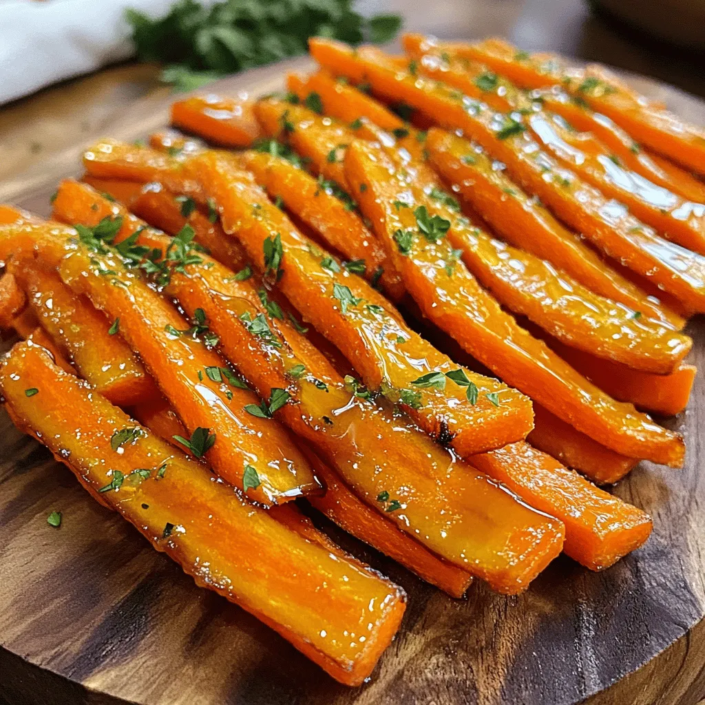 - 6 medium-sized carrots, peeled and cut into thin strips - 2 tablespoons extra-virgin olive oil - 3 tablespoons pure maple syrup - 1 teaspoon garlic powder - 1 teaspoon smoked paprika - Salt and freshly ground pepper to taste - Fresh parsley, finely chopped (for garnish) To make maple glazed carrot fries, you need simple, fresh ingredients. Start with six medium-sized carrots. Peel them, then cut them into thin strips. Thinly sliced carrots cook more evenly and turn crispy. Next, grab two tablespoons of extra-virgin olive oil. This oil adds a rich taste and helps the fries crisp up in the oven. You will also need three tablespoons of pure maple syrup. This sweet syrup gives the fries a delicious glaze and a hint of natural sweetness. For flavor, add one teaspoon of garlic powder. It brings a savory depth to the dish. Then, include one teaspoon of smoked paprika for a warm, smoky flavor. Finally, season with salt and freshly ground pepper to taste. These simple spices will enhance all the flavors. Don’t forget fresh parsley! Finely chop it for garnish. It adds a nice color and fresh note to your dish. With these ingredients ready, you can move on to the next steps to make this tasty snack. First, set your oven to 425°F (220°C). This high heat helps the fries get crispy. Line a baking sheet with parchment paper. This step prevents sticking and makes cleanup easy. Next, grab six medium-sized carrots. Peel them and cut them into thin strips. In a large bowl, add the carrot strips. Pour in 2 tablespoons of extra-virgin olive oil and 3 tablespoons of pure maple syrup. Then, sprinkle in 1 teaspoon of garlic powder and 1 teaspoon of smoked paprika. Add salt and freshly ground pepper to taste. Use your hands or a spatula to toss the carrots well. Make sure every strip gets coated with the oil and seasonings. Now, transfer the carrot fries to the lined baking sheet. Spread them out in a single layer. Avoid overcrowding; this helps them bake evenly. Place the baking sheet in the oven. Bake for 20-25 minutes. Halfway through, flip the fries with a spatula. This step helps them brown nicely. You want them golden brown and crispy, especially at the edges. After baking, let them cool for a few minutes. Finally, enjoy your sweet and savory carrot fries! To get your carrot fries nice and crispy, do not overcrowd the baking sheet. If the fries touch each other, they will steam instead of bake. Lay them out in a single layer. This helps them get that beautiful golden color and crunch you want. Want to spice things up? You can add a pinch of cayenne pepper for heat. A bit of cinnamon can bring a warm flavor. Try adding fresh herbs like thyme or rosemary for an earthy taste. These small changes can make a big difference. For a fun touch, serve the carrot fries in a rustic basket. Line the basket with parchment paper for an appealing look. You can also place them on a colorful plate. Add a yogurt dip or a spicy sauce on the side for extra flavor. This makes the dish not just tasty but also pretty! {{image_4}} You can add a kick to your carrot fries by using cayenne pepper or chili powder. Start with a pinch and adjust to your taste. This spice makes the sweet maple syrup pop. The heat balances the sweetness. You get a snack that is both sweet and spicy. Fresh herbs can add great flavor to your carrot fries. Try using rosemary, thyme, or oregano. Chop them finely and mix them into the carrot mixture. Herbs will brighten the dish and add depth. You can even mix different herbs for a unique taste. Maple syrup is great, but you can try other sweeteners too. Honey, agave nectar, or brown sugar can work well. Each one gives a different flavor twist. Experiment with what you have on hand. You might discover a new favorite! To keep your leftover carrot fries fresh, place them in an airtight container. Make sure they cool down first. Store them in the fridge for up to three days. Avoid leaving them at room temperature to keep them safe to eat. To reheat your carrot fries and keep them crispy, use the oven. Preheat it to 350°F (175°C). Spread the fries out on a baking sheet. Bake for about 10 minutes. You can also use an air fryer for about 5 minutes. This keeps them crunchy and tasty. If you want to store carrot fries for longer, freezing is a great option. First, let them cool completely. Place them in a freezer-safe bag or container. Make sure to remove as much air as possible. They can last up to three months in the freezer. When ready to eat, thaw them overnight in the fridge and follow the reheating instructions to enjoy. You can serve these fries with many tasty dips. Here are some ideas: - Yogurt Dip: Mix plain yogurt with a little lemon juice and herbs. - Hummus: A creamy hummus adds a nice, savory touch. - Ranch Dressing: This classic dip is always a crowd-pleaser. - Salsa: A fresh salsa can add a zesty kick. These pairings make the fries even more fun to eat! Yes, you can use baby carrots! Just cut them into thinner sticks. Keep in mind, they may cook faster. Check them a bit early to avoid overcooking. If you want more flavor, try roasting them longer with the same glaze. Leftover carrot fries can last in the fridge for about 3 to 4 days. Make sure to store them in an airtight container. To reheat, pop them in the oven for a few minutes to regain their crispiness. Avoid microwaving, as this may make them soggy. Enjoy your tasty snack again! In this post, we explored making delicious maple glazed carrot fries. You learned about key ingredients, easy steps, and handy tips to get that perfect crisp. We also discussed fun variations, storage methods, and answered common questions. Remember, these fries are not just tasty, but simple to prepare. Enjoying healthy snacks can be easy and fun. Try these ideas and make them your own!