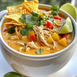 - 2 boneless, skinless chicken breasts - 1 tablespoon olive oil - 1 medium onion, finely chopped - 3 cloves garlic, minced - 1 red bell pepper, diced - 1 yellow bell pepper, diced - 1 can (14.5 oz) diced tomatoes with green chilies - 4 cups chicken broth - 1 can (15 oz) black beans, drained and rinsed - 1 cup corn (fresh or frozen) - 1 teaspoon ground cumin - 1 teaspoon chili powder - Salt and freshly ground black pepper to taste - 1 cup heavy cream or coconut cream - 1 cup shredded cheese (cheddar or Mexican blend) - Tortilla chips for garnish - Fresh cilantro leaves, for garnish - Lime wedges, for serving When you pick fresh ingredients, look for bright colors and no bruises. Choose firm, plump chicken breasts. For veggies, get crisp onions and peppers. The tomatoes should smell sweet and fresh. When buying beans, check that the can is not dented. If you go for fresh corn, it should feel firm and have a sweet smell. Fresh herbs should look vibrant and green. If you need a dairy-free option, use coconut cream instead of heavy cream. You can swap chicken for tofu for a vegetarian version. Use vegetable broth instead of chicken broth for a plant-based base. If you can't have beans, skip them or use lentils instead. For a lower-carb option, skip the corn. Always check labels for allergens when using canned goods. Start by setting your Instant Pot to Sauté mode. Pour in 1 tablespoon of olive oil and let it heat. You want the oil to shimmer, which takes about a minute. This step helps build flavor. Once the oil is hot, add 1 medium chopped onion. Stir it for about 3-4 minutes. You want it to turn soft and see-through. Then, add 3 minced garlic cloves. Stir for one more minute. The garlic should smell great! Next, toss in 1 diced red bell pepper and 1 diced yellow bell pepper. Cook them for 2-3 minutes until they start to soften. Now, it’s time to add more ingredients. Sprinkle in 1 teaspoon ground cumin, 1 teaspoon chili powder, and some salt and pepper. Mix it all well. Place 2 boneless chicken breasts on top of the veggies. Pour in 1 can of diced tomatoes with green chilies, 4 cups of chicken broth, 1 can of black beans, and 1 cup of corn. Do not stir. This layering helps keep the chicken moist. After this, close the lid and set the valve to Sealing. Choose the Manual high-pressure cook setting and set it for 15 minutes. When it’s done, let the pot sit for about 10 minutes to release pressure naturally. Then, switch the valve for a quick release. Carefully remove the chicken breasts and shred them with two forks. Return the chicken to the soup. Now, pour in 1 cup of heavy cream or coconut cream and 1 cup of shredded cheese. Stir gently until the cheese melts. This makes the soup so creamy. Taste it and add more salt or pepper if needed. Don’t forget the toppings! Serve the soup with crushed tortilla chips, fresh cilantro, and lime wedges for a tasty finish. To get the best results, set your Instant Pot to high pressure for 15 minutes. This time cooks the chicken perfectly while blending the flavors well. After cooking, let it naturally release for 10 minutes. This step helps keep the chicken moist and tender. To boost flavor, consider adding fresh herbs like cilantro or a squeeze of lime juice just before serving. You can also use smoked paprika for a subtle, smoky taste. If you want a richer soup, replace half the chicken broth with coconut cream. It adds a nice twist to the traditional flavor. One common mistake is stirring before cooking. It's crucial to layer the ingredients as directed. This layering helps create the best flavors. Also, make sure to adjust the seasoning after adding cream and cheese. Taste your soup and add more salt or pepper to enhance the overall flavor. {{image_4}} To make a vegetarian version of this soup, skip the chicken. Instead, add more beans and veggies. Use one can of black beans and one can of kidney beans. Toss in additional chopped veggies like zucchini or carrots. Replace the chicken broth with vegetable broth for a rich flavor. This keeps the soup hearty and satisfying. If you like heat, add diced jalapeños or a dash of hot sauce. You can also increase the chili powder. Consider using spicy diced tomatoes with green chilies. This will give your soup a nice kick. Adjust the spiciness to your taste to find the right balance. For a low-fat option, use skinless chicken thighs instead of breasts. Swap heavy cream for low-fat milk or a non-dairy milk like almond milk. Cut back on cheese, or use a low-fat shredded cheese. This option still provides flavor while reducing calories and fat. After enjoying your Instant Pot creamy chicken tortilla soup, you might have some left. To keep it fresh, store it in an airtight container. Make sure to cool the soup to room temperature first. This helps prevent condensation. You can keep it in the fridge for up to three days. If you want to eat it later, freezing is a great option. When you're ready to enjoy the soup again, reheating is simple. You can use the stove or microwave. If using the stove, pour the soup into a pot. Heat it over low to medium heat, stirring often. This helps it warm evenly. If you choose the microwave, transfer a portion into a microwave-safe bowl. Heat it for about 1-2 minutes, stirring halfway through. Always check the temperature before eating. Freezing this soup is a smart way to save it for later. Use a freezer-safe container or bag. Be sure to leave some space at the top. The soup will expand as it freezes. You can store it for up to three months in the freezer. When you’re ready to eat, thaw it overnight in the fridge. Then, reheat it on the stove or in the microwave. Enjoy the creamy goodness any time! Yes, you can make this soup on the stove. Start by sautéing the veggies in a large pot. Then, add the chicken and remaining ingredients. Cover and simmer until the chicken is fully cooked. Shred the chicken and stir in the cream and cheese. To get a rich and creamy texture, use heavy cream or coconut cream. Add them at the end of cooking. Stir until the cheese melts completely. This step makes the soup smooth and delicious. I love to top my soup with crushed tortilla chips. They add crunch and flavor. You can also use fresh cilantro, lime wedges, and shredded cheese. Avocado slices or sour cream work great too! This soup lasts up to four days in the fridge. Store it in an airtight container. Reheat it on the stove or in the microwave when you’re ready to enjoy it again. This blog shared how to make a tasty chicken tortilla soup in an Instant Pot. I covered key ingredients, tips for picking fresh produce, and substitutions for your diet. The step-by-step guide simplified cooking, from prepping to shredding chicken. I also offered useful tips to avoid mistakes and enhance flavors. Plus, I provided variations to suit different tastes and dietary needs, alongside storage info and answers to common questions. Enjoy making this soup your own! It’s delicious, simple, and perfect for any occasion.