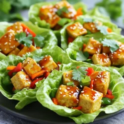 - 1 block firm tofu, drained and pressed - 2 tablespoons cornstarch - 2 tablespoons vegetable oil Tofu is the star of this dish. I always use firm tofu for its great texture. First, press the tofu to remove excess water. This step helps the tofu become crispy when cooked. Cut the tofu into small cubes to ensure even cooking. Coat the tofu cubes with cornstarch for a crunchy finish. - 1 red bell pepper, finely diced - 1 medium carrot, grated - 3 green onions, sliced (whites and greens separated) Fresh veggies make this dish pop! I love using red bell pepper for its sweetness and color. Grated carrot adds a nice crunch, while green onions give a burst of flavor. Remember to separate the white and green parts of the onions. This adds depth to your meal. - 2 tablespoons sweet chili sauce - 1 tablespoon soy sauce - 1 teaspoon sesame oil The sauce ties everything together. Sweet chili sauce brings a delightful sweetness, while soy sauce adds umami. A little sesame oil gives a rich, nutty flavor. Mix these ingredients well to ensure every bite is packed with taste. To start, cut the pressed tofu into small cubes, about 1 inch wide. This size helps the tofu cook evenly. Use a paper towel to pat the cubes dry. This step is key. It removes moisture, which helps the tofu become crispy when cooked. Next, heat vegetable oil in a large skillet over medium-high heat. Wait until the oil shimmers, then add the tofu cubes. Cook for about 5-7 minutes. Turn the cubes often for even browning. You want them crispy and golden on all sides. Once the tofu is ready, add the diced red bell pepper, grated carrot, and the white parts of the green onions to the skillet. Sauté these for about 3-4 minutes. Stir them occasionally. You want the veggies tender but still crisp. In a small bowl, mix the sweet chili sauce, soy sauce, and sesame oil. Pour this sauce over the tofu and veggies. Stir gently to coat everything. Cook for another 1-2 minutes until it is all heated through. Remove the skillet from heat. Let the mixture cool for a few minutes. Then, take a leaf of butter lettuce. Place it on your plate. Spoon a generous amount of the tofu mix into the center of the leaf. Let some overflow for a fun look. To finish, add the green tops of the sliced green onions on top. Sprinkle fresh cilantro leaves over the cups. If you like, add sesame seeds for a nice touch. These garnishes make your dish pop with color and flavor! To make crispy tofu, start by pressing it well. Remove as much water as you can. Cut the tofu into small, even cubes. This helps them cook evenly. Pat the cubes dry with a paper towel. Next, coat the tofu in cornstarch. This creates a nice crunch when cooked. Heat vegetable oil in a skillet until it's hot. Carefully add the tofu and let it cook undisturbed for a few minutes. This way, it browns nicely on all sides. Turn the tofu gently to avoid breaking it. Cook until golden and crispy. For lettuce cups, I recommend butter lettuce or iceberg lettuce. Butter lettuce is soft and pliable, making it easy to fold. Iceberg has a nice crunch and keeps its shape well. Both types add great texture to your dish. When choosing lettuce, look for fresh, green leaves. Avoid any that are wilted or brown. Wash the leaves gently and pat them dry before use. This ensures they are clean and crisp when you serve. To serve your sweet chili tofu lettuce cups, arrange them on a big platter. It looks colorful and inviting. You can add extra sweet chili sauce in a small bowl for dipping. This gives everyone a chance to add more flavor if they want. For a fun twist, add some fresh herbs like cilantro on top. You can also sprinkle sesame seeds for a bit of crunch. These small touches make your dish even more appealing. Enjoy your tasty creation with friends or family! {{image_4}} You can swap tofu for other proteins. Tempeh is a great choice. It has a nutty flavor and is high in protein. You can also use cooked chicken for a meatier option. Just cut it into small pieces. Cook it until golden before adding the vegetables. This gives a nice texture. Feel free to change the veggies. You can add shredded cabbage for crunch. Mushrooms can add a nice umami flavor. Swap red bell pepper for zucchini or snap peas for a twist. Carrots can be replaced with radishes for a peppery kick. Be creative and use what you love! The sauce is key to flavor. You can adjust it based on your taste. Add lime juice for a zesty kick. Try hoisin sauce for a sweeter, richer taste. If you like it spicy, add some chili flakes or sriracha. Mix and match sauces to find your perfect blend! To store leftovers, place the tofu and vegetable mix in an airtight container. Make sure to separate the filling from the lettuce leaves. Store everything in the fridge for up to three days. This keeps the lettuce fresh and crisp. When ready to eat, gently reheat the tofu mixture. Use a skillet over low heat. Stir occasionally until warmed through. Avoid microwaving, as it can make the tofu soggy. Enjoy the freshness and flavor as if it were just made! You can freeze the tofu filling, but not the lettuce. Place the cooled mixture in a freezer-safe bag. Remove as much air as possible before sealing. It will last for up to two months. When ready to eat, thaw overnight in the fridge and reheat as described above. Yes, you can use frozen tofu. Freezing tofu changes its texture, making it spongy. This helps it soak up sauces better. Just remember to thaw it first. Drain the water and press it well before cooking. You can use a mix of honey and Sriracha as a substitute. This blend gives a sweet and spicy flavor. Alternatively, mix soy sauce with a little sugar for a milder taste. Adjust the amounts to match your taste. To make this dish vegan, simply replace the honey with maple syrup. Ensure the soy sauce is vegan-friendly. Most brands are, but it’s good to check. This keeps the flavors while meeting vegan needs. Yes, you can prepare the filling in advance. Cook the tofu and vegetables, then store them in the fridge. Just reheat before serving. This saves time and makes meal prep easy. Enjoy fresh lettuce cups any day! In this blog post, we explored making delicious tofu lettuce cups. We covered ingredient details, including tofu, veggies, and sauce. You learned step-by-step cooking instructions and tips for the perfect crispy tofu. We shared variations for protein and sauce, plus storage advice for leftovers. Tofu lettuce cups are fun and easy to make. They fit many diets and tastes. Enjoy experimenting with flavors and share your tasty results!