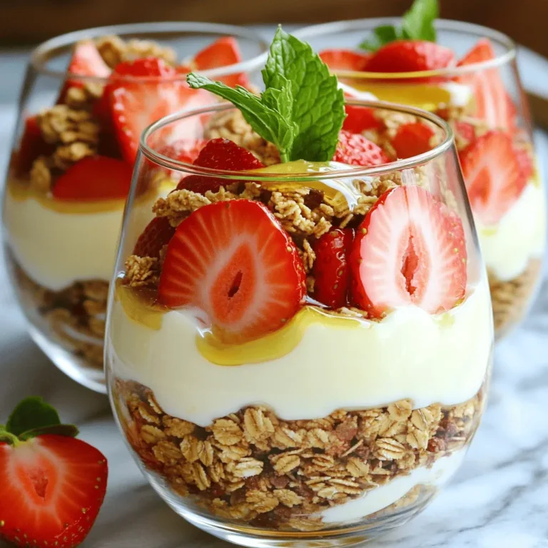 To make delicious strawberry cheesecake yogurt parfaits, you will need the following ingredients: - 2 cups Greek yogurt (choose plain or vanilla for added flavor) - 1 cup cream cheese, softened to room temperature - 1/4 cup honey or maple syrup (adjust sweetness to taste) - 1 teaspoon pure vanilla extract - 1 cup fresh strawberries, hulled and sliced - 1/2 cup granola (your preferred variety for texture) - Fresh mint leaves for garnish (optional, but recommended for freshness) Each ingredient plays a key role in creating a creamy, sweet treat. Greek yogurt gives a thick texture and protein boost. Cream cheese adds rich creaminess that blends well with yogurt. Sweeteners like honey or maple syrup offer a touch of natural sweetness. Fresh strawberries bring bright flavors and vibrant color. Granola adds a satisfying crunch, balancing the smooth layers. Mint leaves can bring a fresh touch to your final dish. When choosing your ingredients, focus on quality. Fresh strawberries should be ripe and sweet. For yogurt, opt for a brand you trust. A good cream cheese can elevate the whole dish. Using high-quality granola will add great texture. This combination makes each bite a delightful experience. To start, gather your ingredients. In a mixing bowl, add the softened cream cheese, Greek yogurt, honey (or maple syrup), and vanilla extract. Use a hand mixer and beat everything on medium speed. You want it to be smooth and creamy. Make sure there are no lumps; this gives the best texture. Next, grab your fresh strawberries. Hull them and slice them into thin pieces. If you want, drizzle a teaspoon of honey over the strawberries and toss gently. This step adds sweetness and makes them even tastier. Now, it's time to layer your parfaits. Take clear serving glasses or bowls. Start by spooning a layer of the cheesecake mixture into the bottom. Then, add a layer of your sliced strawberries on top. Make sure they are evenly spread out. After the strawberries, sprinkle a layer of granola over them. This adds a nice crunch to your parfait. Repeat the layers: cheesecake mixture, strawberries, and granola. Finish with a layer of the cheesecake mixture on top. For the final touch, you can add a few sliced strawberries and a mint sprig on top. Place the parfaits in the fridge to chill for at least 30 minutes. This helps the flavors mix and the parfaits to set. To get the best texture for your parfait, softening the cream cheese is key. When it sits at room temperature, it blends smoothly. This makes mixing easier. If the cream cheese is cold, it can clump. You want a creamy, lump-free mix. I recommend using a hand mixer to beat the mixture. This ensures it becomes smooth and fluffy. For a beautiful look, use clear glasses. They let you see the lovely layers. Each layer of cheesecake, strawberries, and granola should be visible. Just before serving, add extra strawberry slices on top. A light drizzle of honey also makes it look nice. You can even add fresh mint leaves for a pop of color. You can easily adjust the sweetness to fit your taste. Start with the 1/4 cup of honey or maple syrup. Taste the mixture after mixing. If you want it sweeter, you can add more. Just remember, the strawberries will add some sweetness too. Balancing the flavors is important for a perfect treat. {{image_4}} You can switch up the fruit in your parfaits. Try using blueberries or raspberries for a fun twist. Both berries add a burst of flavor. Seasonal fruits like peaches or mangoes also work well. These fruits can bring bright colors and new tastes to your dish. Using Greek yogurt gives your parfaits a rich texture. You can also use regular yogurt for a lighter feel. If you prefer dairy-free, try coconut or almond yogurt. Both options blend well with the cheesecake mixture. They also provide a nice taste without dairy. Consider adding nuts or seeds for extra crunch. Chopped almonds or sunflower seeds can enhance the texture. You can also use different granola types for variety. If you love chocolate, drizzling some syrup on top can make it even better. It adds a sweet finish to your parfaits. To store your parfaits, use airtight containers. Glass jars or plastic containers work well. This keeps the parfaits fresh and tasty. You can store them in the fridge for up to three days. Make sure to cover them well to avoid drying out. You can freeze parfaits, but it’s best to layer the components separately. Freeze the cheesecake mixture and fruit in individual containers. This way, they stay fresh longer. When you want to enjoy them, thaw the cheesecake mixture in the fridge overnight. For the fruit, let it sit at room temperature until soft. Avoid refreezing once thawed to keep the flavors and texture right. Yes, you can make these parfaits ahead of time. Prepare them a day before serving. Keep them in the fridge to chill. This gives the flavors time to blend well. Greek yogurt parfaits last about 3 days in the fridge. Store them in a sealed container. This keeps them fresh and tasty for longer. Yes, flavored yogurt works great! Use strawberry or vanilla for extra taste. Just remember that this may change the overall sweetness. You can use Greek yogurt as a substitute. It gives a creamy texture and adds protein. Silken tofu is another good option for a dairy-free choice. Yes, there are low-calorie options! Use low-fat cream cheese and sweetener. You can also opt for sugar-free yogurt. These swaps reduce calories while keeping flavor. You learned how to make tasty Greek yogurt parfaits. We covered ingredients, steps, tips, and storage. You can customize this treat with your favorite fruits and toppings. Remember, using soft cream cheese is key for smooth texture. These parfaits are easy to prepare and perfect for any occasion. Enjoy your delicious creation! You'll impress friends and family while staying healthy. Always feel free to switch things up based on your taste. Happy parfait making!