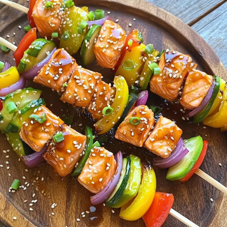 - Salmon fillet (1 lb), skinless and boneless - Soy sauce (1/4 cup), low-sodium preferred - Honey (2 tablespoons) - Sesame oil (1 tablespoon) - Bell pepper (1, red or yellow), cut into 1-inch pieces - Zucchini (1 small), sliced into rounds - Red onion (1 small), cut into chunks - Garlic (1 clove), minced - Fresh ginger (1 teaspoon), grated - Rice vinegar (1 tablespoon) - Skewers (wooden or metal; soak wooden skewers in water for 30 minutes) The main ingredient in this dish is salmon. I love using skinless and boneless salmon fillets. They are tender and full of flavor. Choose fresh salmon for the best taste. The soy sauce adds a salty touch. Low-sodium soy sauce works well to keep it light. Honey blends in sweetness, while sesame oil gives a nice, nutty flavor. Next, we add some color with vegetables. Bell peppers, zucchini, and red onions are my favorites. They not only taste great but also look beautiful on the skewers. The marinade is key to making these skewers shine. Minced garlic and fresh ginger give it a punch. Rice vinegar adds a bit of tang. When you mix these together, you create a tasty sauce that soaks into the salmon. Don’t forget about the skewers! If you use wooden ones, soak them in water for 30 minutes. This step keeps them from burning on the grill. Metal skewers work well too and are reusable. Gather these ingredients, and you are set to make delicious teriyaki glazed salmon skewers. Start by making the marinade. In a bowl, combine the following ingredients: - 1/4 cup soy sauce - 2 tablespoons honey - 1 tablespoon sesame oil - 1 garlic clove, minced - 1 teaspoon fresh ginger, grated - 1 tablespoon rice vinegar Whisk these ingredients until smooth. You want a good mix where all the flavors blend together. This step is key for a tasty dish. Next, take your salmon. Cut it into 1-inch cubes. Coat these cubes in the marinade. Use a spatula or a spoon to ensure each piece is covered. After that, cover the bowl with plastic wrap. Place it in the fridge for at least 30 minutes. This waiting time helps the salmon soak up the flavors. While the salmon marinates, prepare your grill. Preheat it to medium-high heat. Now, take your skewers. If you use wooden ones, soak them in water for 30 minutes first. This helps prevent burning. Thread the marinated salmon onto the skewers. Alternate with colorful vegetables like: - 1 bell pepper, cut into 1-inch pieces - 1 small zucchini, sliced into rounds - 1 small red onion, cut into chunks This not only looks great but adds tasty flavors too. Once your skewers are ready, place them on the grill. Grill them for 3-4 minutes on each side. Keep an eye on them. You want the salmon to be opaque and flake easily. This usually takes about 8-10 minutes total. When they are done, take the skewers off the grill. Let them rest for a minute to keep the juices in. To cook your salmon skewers evenly, use medium-high heat. This will give you a nice sear while keeping the inside juicy. When you place the skewers on the grill, don't crowd them. Leave space between each skewer for proper air flow. To avoid sticking, make sure to oil the grill grates before adding the skewers. This simple step can save you a lot of hassle later. For maximum flavor, marinate your salmon for at least 30 minutes. This allows the marinade to soak in well. You can even marinate for up to two hours for a deeper taste. If you want to spice things up, consider adding a pinch of red pepper flakes or a dash of smoked paprika to the marinade. Fresh herbs like cilantro or basil can also enhance the dish. Presentation is key when serving your skewers. After grilling, garnish with sesame seeds and finely chopped green onions. This not only adds color but also texture. Pair your skewers with a side of steamed rice or a crisp garden salad. The combination makes for a balanced and beautiful meal that will impress your guests. {{image_4}} You can switch out the salmon for chicken or shrimp. Chicken works great when you cut it into small pieces. Shrimp adds a nice twist and cooks quickly, too. If you want a vegetarian option, use tofu. Just press and cube the tofu, then marinate it like you do with salmon. Tofu absorbs flavors well, making it tasty. You can explore many teriyaki sauces. Store-bought sauces save time, but homemade ones taste fresher. To make your own, mix soy sauce, honey, and spices to your liking. You can also adjust how sweet your sauce is. Use maple syrup or agave for a different sweetness. Try other vegetables on your skewers! Cherry tomatoes add a burst of flavor, and mushrooms bring earthiness. You can marinate your veggies in the same sauce or use different ones. This adds variety and makes your dish colorful. Just remember to cut the vegetables into similar sizes for even cooking. To store cooked skewers in the refrigerator, let them cool first. Then place them in an airtight container. This keeps them fresh and prevents drying out. You can store them for up to three days. When reheating, use a microwave or oven. If using a microwave, heat in short bursts. Check often to ensure they do not overcook. If using an oven, preheat to 350°F and heat for about 10 minutes. You can freeze both marinated and cooked skewers. For marinated skewers, place them in a freezer bag and remove as much air as possible. They can stay frozen for up to three months. For cooked skewers, let them cool, then wrap them tightly in foil or plastic wrap. To thaw, place them in the fridge overnight. For best results, reheat them thoroughly after thawing. When stored properly, cooked skewers have a shelf life of about three days in the fridge. If frozen, they last up to three months. Always check for signs of spoilage before eating. Look for off smells, discoloration, or a slimy texture. If you notice any of these, it’s best to discard the skewers. Enjoy your teriyaki glazed salmon skewers fresh for the best taste! You should marinate the salmon for at least 30 minutes. This time allows the flavors to soak into the fish. For even better taste, you can marinate it for up to 2 hours. Just be careful not to go too long, as the fish can become mushy. Yes, you can use store-bought teriyaki sauce. It saves time and still tastes great. However, homemade sauce gives you more control over the flavors. You can adjust sweetness and saltiness to your liking. Try both options and see which you prefer! Both wooden and metal skewers work well. Metal skewers are strong and reusable. They also heat up, helping to cook the food evenly. Wooden skewers are lighter and great for soaking in water before grilling. Soaking prevents burning on the grill. Choose what you prefer! You can use frozen salmon, but you need to thaw it first. The best way is to place it in the fridge overnight. If you're short on time, you can use the cold water method. Seal the salmon in a bag and submerge it in cold water. It should thaw in about an hour. This blog post covered a delicious recipe for teriyaki salmon skewers. We discussed the main ingredients, including salmon, soy sauce, and honey. I shared step-by-step instructions, from marinating to grilling. I also provided tips for perfecting your grilling technique and making your skewers look great. By following these steps, you can create tasty, visually appealing meals. Explore variations to suit your taste, and don't forget about proper storage. Enjoy your grilling adventure!