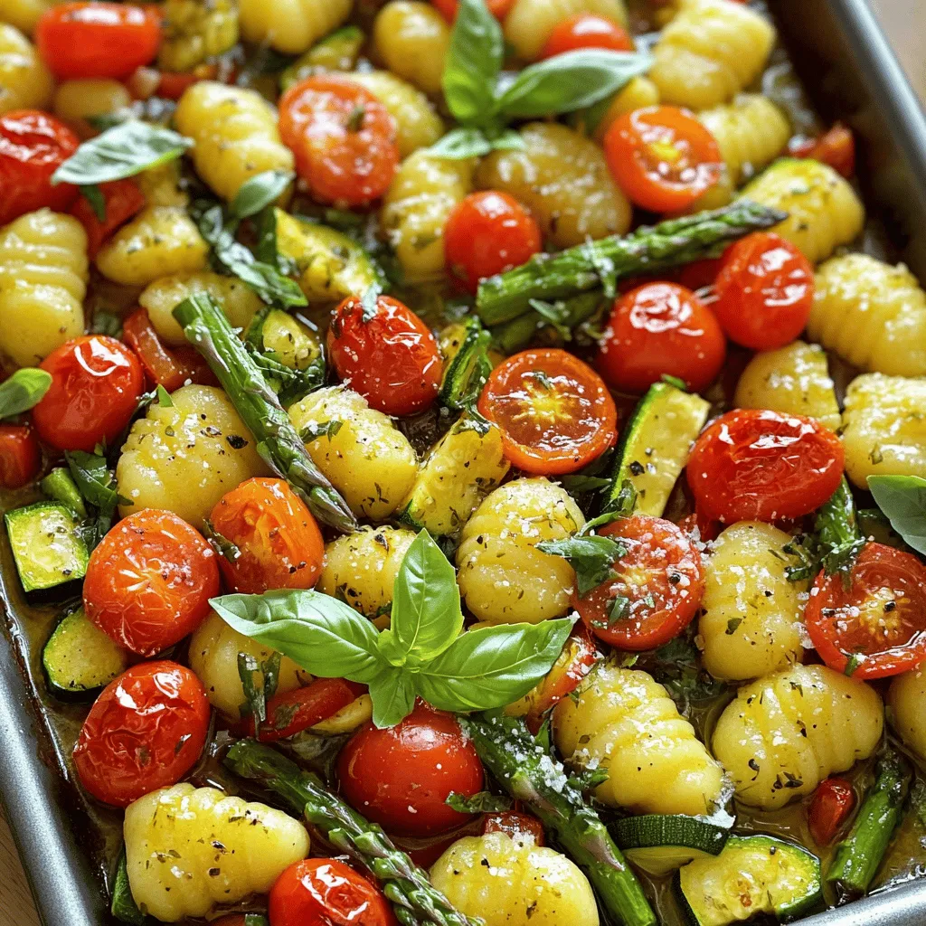 - 1 pound potato gnocchi - 2 cups cherry tomatoes, halved - 1 medium zucchini, diced into bite-sized pieces - 1 bell pepper, diced (choose red or yellow for a pop of color) - 1 cup asparagus, trimmed and cut into 2-inch segments - 4 cloves garlic, minced finely - 3 tablespoons extra virgin olive oil - 1 teaspoon dried Italian herbs (a blend of oregano, basil, and thyme works perfectly) - 1 teaspoon kosher salt - ½ teaspoon freshly ground black pepper - Fresh basil leaves for garnish - Grated Parmesan cheese, optional but highly recommended for a creamy finish If you can't find potato gnocchi, try using sweet potato gnocchi. It adds a sweet twist. You can swap cherry tomatoes for grape tomatoes or even sun-dried tomatoes for a deeper flavor. For the veggies, feel free to replace zucchini with yellow squash or use green beans instead of asparagus. You can also change the herbs. If you have fresh herbs, use them! Fresh basil and parsley add bright flavors. To make this dish, you need a few basic kitchen tools. Grab a large baking sheet and line it with parchment paper. This helps with easy cleaning. You’ll also need a spacious mixing bowl to combine your ingredients. A whisk will help you mix the garlic herb mixture well. Finally, use a sharp knife for chopping veggies. Having these tools ready will make your cooking smooth and fun! First, set your oven to 425°F (220°C). This high heat helps the gnocchi and veggies roast perfectly. Line a large baking sheet with parchment paper. This makes cleanup easy after cooking. In a big mixing bowl, add 1 pound of potato gnocchi, 2 cups of halved cherry tomatoes, 1 diced medium zucchini, 1 diced bell pepper, and 1 cup of cut asparagus. Mix these colorful veggies with the gnocchi to create a hearty base. In a small bowl, combine 4 minced garlic cloves, 3 tablespoons of extra virgin olive oil, 1 teaspoon of dried Italian herbs, 1 teaspoon of kosher salt, and ½ teaspoon of black pepper. Whisk them together until they blend into a fragrant mixture. This adds a burst of flavor to your dish. Pour the garlic herb mixture over the gnocchi and vegetables. Gently toss everything together so each piece gets coated. Spread the mixture evenly on the prepared baking sheet. Make sure not to overcrowd the pan. This allows everything to roast rather than steam. Place the sheet pan in the oven. Bake for 20-25 minutes. Halfway through, stir the mixture gently for even cooking. You want the gnocchi to be golden and the veggies to be tender. Once baked, take the sheet pan out of the oven and let it cool for a few minutes. This resting time lets the flavors blend. Garnish the dish with fresh basil leaves. If you like, sprinkle some grated Parmesan cheese on top for a creamy finish. Serve warm, straight from the pan for a rustic touch! To get the best texture, choose fresh gnocchi. Fresh gnocchi has a light, fluffy texture. When you roast it, aim for a golden-brown color. This gives a nice crisp outside. Don't forget to spread out the veggies and gnocchi on the pan. Crowding can lead to steaming, which makes them soggy. The garlic herb mixture adds great flavor. Make sure each piece is coated well. This ensures every bite bursts with taste. Prep time for this dish is quick, about 10 minutes. Use pre-cut veggies to save even more time. You can also find ready-made gnocchi in stores. While the meal cooks, you can clean up the kitchen. Using one baking sheet makes it easy. You can stir the mix halfway through cooking for even roasting. This is a simple way to ensure your meal is ready in just 35 minutes. For a warm and rustic feel, serve the gnocchi right from the baking sheet. This makes a fun presentation. If you prefer, move it to a serving bowl for a more formal touch. Add fresh basil leaves on top for color. A sprinkle of Parmesan cheese gives a nice creamy finish. For extra flavor, drizzle a bit of olive oil or fresh lemon juice before serving. This will brighten the dish and impress your guests. {{image_4}} You can mix and match your veggies in this dish. Try using broccoli, carrots, or spinach for new flavors. Each veggie brings its own taste and texture. For a sweeter twist, add sweet potatoes or butternut squash. These options roast well and add color to your meal. Remember, the goal is to have fun and experiment! If you want a change from potato gnocchi, there are great options. You can use ricotta gnocchi for a lighter feel. Cauliflower gnocchi is a low-carb choice. For gluten-free diets, try chickpea or zucchini gnocchi. Each type has a unique texture, so feel free to choose what matches your taste. Don’t hesitate to change up the herbs and spices. Instead of Italian herbs, try fresh rosemary or thyme. You can even toss in a bit of cumin or smoked paprika for an earthy flavor. For a zesty kick, add some red pepper flakes or a squeeze of lemon juice. These small changes can brighten up your dish and keep it exciting! Store leftover sheet pan garlic herb veggie gnocchi in an airtight container. It stays fresh for about three days in the fridge. Before sealing, let it cool to room temperature. This helps keep the texture nice and firm. You can freeze this dish if you want to keep it longer. Allow it to cool completely. Then, place it in a freezer-safe container. It can last up to three months in the freezer. For best results, freeze in meal-sized portions. This makes it easy to thaw and reheat. To reheat, you have a few options. You can use the oven or microwave. For the oven, preheat to 350°F (175°C). Spread the gnocchi on a baking sheet and warm for about 15 minutes. If using a microwave, place it in a bowl with a splash of water. Heat in 30-second bursts until warm. This keeps the gnocchi soft and tasty. Enjoy your meal just like the first time! To make gnocchi from scratch, you need a few simple ingredients. Start with 2 pounds of potatoes. Boil them until soft, then mash until smooth. Mix in 1 egg, 1 cup of flour, and a pinch of salt. Knead the dough gently. Roll it into long ropes and cut into small pieces. Use a fork to create a shape. Cook them in boiling water until they float. This method gives you fresh, soft gnocchi. Yes, you can use frozen gnocchi for this recipe. Frozen gnocchi saves time and still tastes great. There's no need to thaw them first. Just toss them with the veggies and garlic mixture. Bake as directed in the recipe. They will cook perfectly and absorb all the flavors. Sheet pan garlic herb veggie gnocchi pairs well with several dishes. A fresh green salad adds a nice crunch. You can also serve it with crusty bread to soak up the flavors. For protein, grilled chicken or shrimp works well. A light vinaigrette can brighten the meal. This recipe is almost vegan-friendly! The gnocchi is often made with potatoes and flour, which are vegan. However, if you add Parmesan cheese, it becomes non-vegan. You can leave it out or use a vegan cheese alternative. Enjoy it with fresh basil for a bright finish. This blog post took you through making sheet pan garlic herb veggie gnocchi. We covered ingredients, substitutions, and tools needed. You learned step-by-step instructions, cooking tips, and serving ideas. We also explored variations and storage options. In my experience, having fun while you cook makes a big difference. Don't hesitate to try new flavors or veggies. Enjoy your meal and share your dish with others!