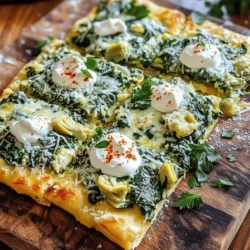To make Cheesy Spinach Artichoke Flatbread, you'll need the following items: - 1 pre-made flatbread or naan - 1 cup fresh spinach, roughly chopped - 1 cup canned artichoke hearts, drained and coarsely chopped - 1 cup cream cheese, softened to room temperature - 1/2 cup sour cream - 1 cup shredded mozzarella cheese - 1/2 cup grated Parmesan cheese, divided - 1 garlic clove, finely minced - 1 teaspoon fresh lemon juice - Salt and freshly ground black pepper, to taste - Olive oil, for brushing You can add some extra flavor with these optional ingredients: - Red pepper flakes, for a spicy kick This recipe serves four people. Each person can enjoy a couple of slices. If you plan for a crowd, just double the recipe. This flatbread makes a great snack or appetizer! Start by preheating your oven to 400°F (200°C). This step is key for a great bake. A hot oven helps the flatbread get crispy and the cheese melt just right. Grab a large bowl. Add the softened cream cheese and sour cream. Beat them together until they are smooth and creamy. This will be the base of your flatbread. Next, stir in the minced garlic and fresh lemon juice. Don’t forget to add salt and pepper to taste. Mix well to season it properly. Now, gently fold in the chopped spinach and artichoke hearts. Add the shredded mozzarella cheese and half of the grated Parmesan cheese. Mix until all the ingredients are combined perfectly. Take your pre-made flatbread or naan and place it on a lined baking sheet. This will help with easy cleanup later. Use a spatula or the back of a spoon. Spread the creamy spinach-artichoke mixture evenly over the flatbread. Leave about a half-inch border around the edges. Sprinkle the remaining grated Parmesan cheese on top. This will give a nice golden finish when baked. Now, lightly drizzle olive oil over the flatbread. If you want some heat, add red pepper flakes to taste. Finally, slide the baking sheet into the preheated oven. Bake for 15-20 minutes. You will know it’s done when the edges are crispy and the cheese is bubbly. After baking, let it cool for a couple of minutes. Then slice it into pieces before serving. Enjoy your delicious cheesy spinach artichoke flatbread! Start with soft cream cheese. This makes mixing easy. Beat it well with sour cream until it’s smooth. Add minced garlic and fresh lemon juice. This gives a nice flavor. Season with salt and black pepper. Taste as you go. You want a mix that is rich and creamy. Fold in the chopped spinach and artichokes gently. Add mozzarella and half of the Parmesan. This ensures even flavor throughout. Preheat your oven to 400°F (200°C). This is key for a crispy crust. Use parchment paper on your baking sheet. It keeps the flatbread from sticking. Spread the creamy mixture evenly on the flatbread. Leave a half-inch border around the edges. This allows the edges to get nice and crispy. Sprinkle the remaining Parmesan on top for a golden finish. Bake for 15-20 minutes. Watch for bubbling cheese and golden edges. A beautiful presentation makes a difference. Serve slices on a rustic wooden board. This adds warmth to your dish. Garnish with fresh parsley for color. A small dollop of sour cream on the side looks nice too. It invites people to dig in. Enjoy the compliments on your tasty flatbread! {{image_4}} You can make this flatbread gluten-free. Use gluten-free flatbread or naan instead of regular. Many stores sell gluten-free options. Check labels for safety. This allows everyone to enjoy this tasty dish. For a heartier meal, add protein. Cooked chicken, shrimp, or even bacon work well. Dice the protein into small pieces. Fold it into the creamy mixture before spreading it on the flatbread. This adds flavor and makes the flatbread more filling. Mix up the cheese for fun flavors. Try adding gouda or cheddar for a twist. You can also use cream cheese with herbs for extra taste. Experiment with your favorite cheeses. Each choice gives a new spin on this classic dish. You can store leftover cheesy spinach artichoke flatbread in the fridge. Make sure to wrap it tightly in plastic wrap or foil. This keeps it fresh and prevents it from drying out. It will last for about 3 days. If you want to keep it longer, consider freezing it. To freeze your flatbread, first let it cool completely. Then, wrap it in plastic wrap. After that, place it in a freezer-safe bag. Be sure to squeeze out as much air as possible. This prevents freezer burn. Your flatbread can stay in the freezer for about 2 months. When ready to eat, thaw it in the fridge overnight. Reheat your flatbread in the oven for the best taste. Preheat the oven to 350°F (175°C). Place the flatbread on a baking sheet. Heat it for about 10-15 minutes. This keeps the edges crispy and the cheese melty. If you're in a hurry, you can use the microwave, but the texture won't be as good. Just heat it for 1-2 minutes until warm. To make Cheesy Spinach Artichoke Flatbread from scratch, follow these steps: 1. Preheat your oven to 400°F (200°C). 2. In a bowl, mix 1 cup of cream cheese and 1/2 cup of sour cream until smooth. 3. Add 1 minced garlic clove and 1 teaspoon of fresh lemon juice. Season with salt and pepper. 4. Fold in 1 cup of chopped spinach, 1 cup of artichoke hearts, 1 cup of mozzarella cheese, and 1/4 cup of Parmesan cheese. 5. Spread your mixture on a flatbread, leaving a border. 6. Top with the remaining Parmesan cheese. 7. Drizzle olive oil on top and add red pepper flakes if you like spice. 8. Bake for 15-20 minutes until golden and bubbly. This method gives you a creamy, cheesy flatbread that is hard to resist! Yes, you can use frozen spinach. Just make sure to thaw it first. Squeeze out all the water to avoid a soggy flatbread. Frozen spinach is a great time-saver and still delivers good flavor. Just remember to chop it finely after thawing for the best texture. You can serve this flatbread with a fresh salad. A simple green salad or a Caesar salad works well. You can also pair it with a side of marinara sauce for dipping. For drinks, a crisp white wine or sparkling water complements this dish nicely. Enjoy your meal with friends and family! This blog post covered how to make Cheesy Spinach Artichoke Flatbread. We listed required and optional ingredients and portion sizes. Then, I shared step-by-step instructions, from preheating the oven to assembling your flatbread. Tips on perfecting the mixture and achieving the perfect bake help you succeed. Variations allow you to customize, while proper storage tips ensure freshness. Explore your creativity with this dish. Enjoy your delicious flatbread and share it with friends!