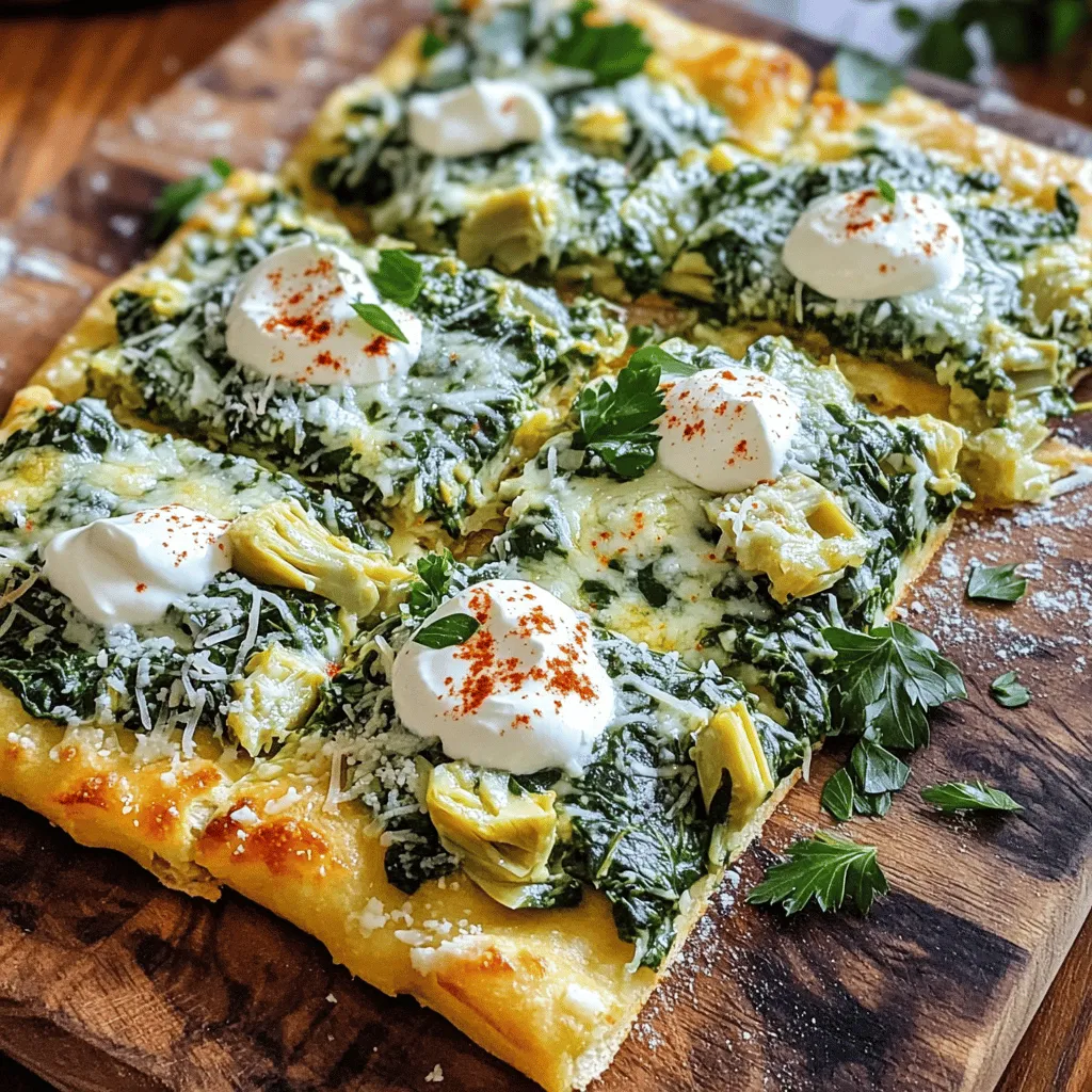To make Cheesy Spinach Artichoke Flatbread, you'll need the following items: - 1 pre-made flatbread or naan - 1 cup fresh spinach, roughly chopped - 1 cup canned artichoke hearts, drained and coarsely chopped - 1 cup cream cheese, softened to room temperature - 1/2 cup sour cream - 1 cup shredded mozzarella cheese - 1/2 cup grated Parmesan cheese, divided - 1 garlic clove, finely minced - 1 teaspoon fresh lemon juice - Salt and freshly ground black pepper, to taste - Olive oil, for brushing You can add some extra flavor with these optional ingredients: - Red pepper flakes, for a spicy kick This recipe serves four people. Each person can enjoy a couple of slices. If you plan for a crowd, just double the recipe. This flatbread makes a great snack or appetizer! Start by preheating your oven to 400°F (200°C). This step is key for a great bake. A hot oven helps the flatbread get crispy and the cheese melt just right. Grab a large bowl. Add the softened cream cheese and sour cream. Beat them together until they are smooth and creamy. This will be the base of your flatbread. Next, stir in the minced garlic and fresh lemon juice. Don’t forget to add salt and pepper to taste. Mix well to season it properly. Now, gently fold in the chopped spinach and artichoke hearts. Add the shredded mozzarella cheese and half of the grated Parmesan cheese. Mix until all the ingredients are combined perfectly. Take your pre-made flatbread or naan and place it on a lined baking sheet. This will help with easy cleanup later. Use a spatula or the back of a spoon. Spread the creamy spinach-artichoke mixture evenly over the flatbread. Leave about a half-inch border around the edges. Sprinkle the remaining grated Parmesan cheese on top. This will give a nice golden finish when baked. Now, lightly drizzle olive oil over the flatbread. If you want some heat, add red pepper flakes to taste. Finally, slide the baking sheet into the preheated oven. Bake for 15-20 minutes. You will know it’s done when the edges are crispy and the cheese is bubbly. After baking, let it cool for a couple of minutes. Then slice it into pieces before serving. Enjoy your delicious cheesy spinach artichoke flatbread! Start with soft cream cheese. This makes mixing easy. Beat it well with sour cream until it’s smooth. Add minced garlic and fresh lemon juice. This gives a nice flavor. Season with salt and black pepper. Taste as you go. You want a mix that is rich and creamy. Fold in the chopped spinach and artichokes gently. Add mozzarella and half of the Parmesan. This ensures even flavor throughout. Preheat your oven to 400°F (200°C). This is key for a crispy crust. Use parchment paper on your baking sheet. It keeps the flatbread from sticking. Spread the creamy mixture evenly on the flatbread. Leave a half-inch border around the edges. This allows the edges to get nice and crispy. Sprinkle the remaining Parmesan on top for a golden finish. Bake for 15-20 minutes. Watch for bubbling cheese and golden edges. A beautiful presentation makes a difference. Serve slices on a rustic wooden board. This adds warmth to your dish. Garnish with fresh parsley for color. A small dollop of sour cream on the side looks nice too. It invites people to dig in. Enjoy the compliments on your tasty flatbread! {{image_4}} You can make this flatbread gluten-free. Use gluten-free flatbread or naan instead of regular. Many stores sell gluten-free options. Check labels for safety. This allows everyone to enjoy this tasty dish. For a heartier meal, add protein. Cooked chicken, shrimp, or even bacon work well. Dice the protein into small pieces. Fold it into the creamy mixture before spreading it on the flatbread. This adds flavor and makes the flatbread more filling. Mix up the cheese for fun flavors. Try adding gouda or cheddar for a twist. You can also use cream cheese with herbs for extra taste. Experiment with your favorite cheeses. Each choice gives a new spin on this classic dish. You can store leftover cheesy spinach artichoke flatbread in the fridge. Make sure to wrap it tightly in plastic wrap or foil. This keeps it fresh and prevents it from drying out. It will last for about 3 days. If you want to keep it longer, consider freezing it. To freeze your flatbread, first let it cool completely. Then, wrap it in plastic wrap. After that, place it in a freezer-safe bag. Be sure to squeeze out as much air as possible. This prevents freezer burn. Your flatbread can stay in the freezer for about 2 months. When ready to eat, thaw it in the fridge overnight. Reheat your flatbread in the oven for the best taste. Preheat the oven to 350°F (175°C). Place the flatbread on a baking sheet. Heat it for about 10-15 minutes. This keeps the edges crispy and the cheese melty. If you're in a hurry, you can use the microwave, but the texture won't be as good. Just heat it for 1-2 minutes until warm. To make Cheesy Spinach Artichoke Flatbread from scratch, follow these steps: 1. Preheat your oven to 400°F (200°C). 2. In a bowl, mix 1 cup of cream cheese and 1/2 cup of sour cream until smooth. 3. Add 1 minced garlic clove and 1 teaspoon of fresh lemon juice. Season with salt and pepper. 4. Fold in 1 cup of chopped spinach, 1 cup of artichoke hearts, 1 cup of mozzarella cheese, and 1/4 cup of Parmesan cheese. 5. Spread your mixture on a flatbread, leaving a border. 6. Top with the remaining Parmesan cheese. 7. Drizzle olive oil on top and add red pepper flakes if you like spice. 8. Bake for 15-20 minutes until golden and bubbly. This method gives you a creamy, cheesy flatbread that is hard to resist! Yes, you can use frozen spinach. Just make sure to thaw it first. Squeeze out all the water to avoid a soggy flatbread. Frozen spinach is a great time-saver and still delivers good flavor. Just remember to chop it finely after thawing for the best texture. You can serve this flatbread with a fresh salad. A simple green salad or a Caesar salad works well. You can also pair it with a side of marinara sauce for dipping. For drinks, a crisp white wine or sparkling water complements this dish nicely. Enjoy your meal with friends and family! This blog post covered how to make Cheesy Spinach Artichoke Flatbread. We listed required and optional ingredients and portion sizes. Then, I shared step-by-step instructions, from preheating the oven to assembling your flatbread. Tips on perfecting the mixture and achieving the perfect bake help you succeed. Variations allow you to customize, while proper storage tips ensure freshness. Explore your creativity with this dish. Enjoy your delicious flatbread and share it with friends!