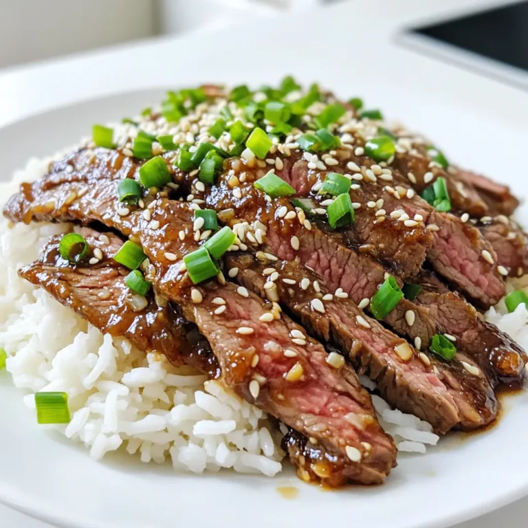 To make this dish shine, you need these key ingredients: - 1 lb flank steak, thinly sliced against the grain - 2 tablespoons cornstarch - 2 tablespoons vegetable oil - 4 cloves garlic, minced - 1-inch piece ginger, finely grated - 1/4 cup low-sodium soy sauce - 2 tablespoons sesame oil - 2 tablespoons brown sugar - 1 tablespoon rice vinegar - 1 tablespoon sesame seeds - 2 green onions, finely chopped, plus more for garnish - Steamed jasmine rice, for serving These ingredients work together to create a fantastic balance of flavors. The flank steak gives a great texture, while the garlic and ginger add depth. You can personalize this dish with these optional ingredients: - Red pepper flakes for heat - Bell peppers for crunch - Broccoli or snap peas for added veggies Feel free to mix and match according to your taste. Adding colorful veggies not only boosts nutrition but also makes your plate look amazing. If you cannot find an ingredient, here are some swaps: - Use sirloin or chicken instead of flank steak. - Swap cornstarch with arrowroot powder. - Try tamari or coconut aminos for a gluten-free option. - Use honey instead of brown sugar for a different sweetness. These substitutions can keep the dish tasty while catering to your needs. Just remember, each swap will change the flavor a bit, so adjust to your liking! Start with 1 pound of flank steak. Slice it thinly against the grain. This helps the meat stay tender. Place the slices in a bowl and sprinkle with 2 tablespoons of cornstarch. Toss the steak well to coat it evenly. Let it sit for about 10 minutes. This step helps the meat become tender and crispy when cooked. Heat a large skillet or wok over high heat. Add 2 tablespoons of vegetable oil. Once the oil is hot, add the marinated beef in a single layer. Let it sear for 2-3 minutes without stirring. This browns the meat well. After it turns golden, remove the beef from the skillet and set it aside on a plate. In the same skillet, add 4 cloves of minced garlic and 1-inch piece of finely grated ginger. Stir-fry them for about 30 seconds. This brings out their rich aroma. In a separate bowl, whisk together 1/4 cup of low-sodium soy sauce, 2 tablespoons of sesame oil, 2 tablespoons of brown sugar, and 1 tablespoon of rice vinegar. Pour this sauce into the skillet and bring it to a gentle boil. This helps the flavors blend. Return the cooked beef to the skillet. Toss it in the sauce until well coated. Cook for another 2-3 minutes. This warms the beef through and thickens the sauce. Finally, sprinkle 1 tablespoon of sesame seeds and 2 finely chopped green onions over the beef. Mix well to combine. This adds crunch and freshness. Serve the garlic sesame beef over steamed jasmine rice, garnished with extra green onions for a pop of color. Enjoy! To get tender beef, always slice against the grain. This breaks down the muscle fibers, making each bite softer. Marinating the beef with cornstarch for 10 minutes adds a nice texture. The cornstarch helps seal in moisture while cooking. High heat is key! Start by heating your skillet or wok until it’s very hot. This helps sear the beef quickly. Searing locks in juices and creates a great crust. After browning the beef, cook the garlic and ginger just until fragrant. This keeps their flavors bright and fresh. When you add the sauce, let it boil a bit. This melds all the flavors for a richer taste. For a stunning plate, use a stylish bowl for the rice. Spoon the garlic sesame beef on top. Sprinkle sesame seeds and extra green onions for color. A simple garnish makes your dish pop. You want your meal to look as good as it tastes! {{image_4}} To make this dish spicy, add red pepper flakes or sliced fresh chili peppers. I suggest starting with a small amount and tasting as you go. This heat will blend well with the rich flavors of garlic and sesame. You can mix in some chili oil while cooking for an extra kick. You can swap the flank steak for other proteins. Chicken breast or shrimp works well in this recipe. If using chicken, cut it into thin strips. For shrimp, peel and devein before cooking. Both options will absorb the sauce and taste great. Adjust cooking times as needed to ensure they are fully cooked. For a vegetarian or vegan option, replace beef with tofu or tempeh. Press the tofu to remove excess water, then cut it into cubes. Cook it until golden brown before adding the sauce. This gives a nice texture. You can also use seitan for a meat-like texture. The sauce will still taste amazing with these alternatives, creating a hearty meal for everyone. To keep your leftover garlic sesame beef fresh, place it in an airtight container. This helps prevent any odors from your fridge from mixing with the beef. Make sure it cools before sealing the container to avoid condensation. It stays good for about 3 to 4 days in the fridge. When you are ready to enjoy your leftovers, reheat them in a skillet. Add a splash of water or broth to keep it moist. Heat over medium until the beef is hot, stirring often. You can also use a microwave. Place it in a microwave-safe bowl, cover it, and heat in short bursts. Stir in between to avoid hot spots. If you want to keep your garlic sesame beef longer, freezing is a great option. Place the cooled beef in a freezer-safe bag or container. Remove as much air as possible to avoid freezer burn. It can last for about 2 to 3 months in the freezer. When you're ready to eat, thaw it in the fridge overnight before reheating. Yes, you can make Garlic Sesame Beef ahead of time. I often prepare it a day in advance. Just follow the recipe as usual. After cooking, let it cool. Store it in an airtight container in the fridge. When you’re ready to eat, reheat it on the stove or in the microwave. The flavors will blend even better overnight. Garlic Sesame Beef pairs well with many sides. Here are some great options: - Steamed jasmine rice - Fried rice with veggies - Noodles tossed in sesame oil - Stir-fried vegetables like broccoli or bell peppers - A light cucumber salad for crunch These sides balance the rich flavors of the beef and add freshness to your meal. To make Garlic Sesame Beef gluten-free, use gluten-free soy sauce or tamari. This simple swap keeps the taste without the gluten. Also, double-check the cornstarch, as most brands are gluten-free. Make sure your sesame oil is pure and free from additives. Enjoy your tasty meal without any gluten worries! This blog post covered how to make Garlic Sesame Beef from start to finish. We looked at main ingredients, cooking steps, and tips for perfect results. You can customize your dish with optional ingredients or try variations like spicy or vegan options. Storing leftovers and reheating them properly keeps your meal tasty. Now you have all the tools to make a great dish. Enjoy your cooking and share your delicious results!