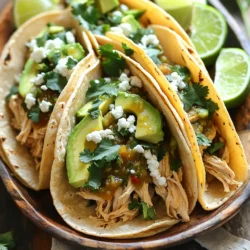- 2 lbs chicken breasts - 1 cup salsa verde - 1 cup low-sodium chicken broth - 1 tablespoon ground cumin - 1 teaspoon garlic powder - 1 teaspoon onion powder - 1 teaspoon smoked paprika - Salt and freshly ground black pepper to taste - 1 cup fresh cilantro, finely chopped - 1 avocado, sliced into wedges - 1 cup crumbled queso fresco or feta cheese - 8 corn tortillas - Lime wedges For these savory slow cooker salsa verde chicken tacos, I focus on quality ingredients. Starting with fresh chicken breasts is key. They soak up all the flavors from the salsa verde and spices. I love using low-sodium chicken broth. It adds moisture without too much salt. The salsa verde not only gives great taste but also a vibrant color to the dish. When it comes to spices, I use cumin, garlic powder, onion powder, and smoked paprika. These spices bring warmth and depth. Fresh cilantro and creamy avocado add freshness and creaminess, making every bite enjoyable. Don't forget the queso fresco! It adds a nice crumbly texture that pairs well with the soft tortillas. I always serve lime wedges on the side. A squeeze of lime juice brightens up the flavors. With these ingredients, you’ll create a meal that’s both tasty and satisfying. Start by placing the chicken breasts in the slow cooker. Season them well with salt, black pepper, ground cumin, garlic powder, onion powder, and smoked paprika. Each spice adds its own unique flavor. Next, pour the salsa verde and low-sodium chicken broth over the seasoned chicken. Make sure the chicken is fully coated in the liquid. This will help keep it moist while cooking. Cover the slow cooker with its lid. Set it to cook on low for 6 to 8 hours or on high for 4 hours. The chicken is ready when it is tender enough to shred with a fork. After cooking, use two forks to shred the chicken right in the slow cooker. Stir the shredded chicken into the salsa verde sauce. This helps blend the flavors perfectly. To prepare the corn tortillas, warm them in a skillet over medium heat. Cook each tortilla for about 30 seconds on each side. This makes them pliable and fragrant. Now, it's time to assemble the tacos! Take a tortilla and add a generous portion of the shredded salsa verde chicken in the center. Top each taco with freshly chopped cilantro, a few slices of creamy avocado, and a crumble of queso fresco. Serve immediately with lime wedges on the side for a zesty touch. To make your salsa verde chicken even tastier, consider adding more spices. Ground coriander or chili powder can add depth. A pinch of cayenne will give it a nice kick. Marinating the chicken in salsa verde for a few hours boosts flavors. This way, each bite bursts with zest. You can cook your chicken on low or high. Cooking on low takes 6 to 8 hours, while high cooks it in 4 hours. Both methods yield tender chicken. To check doneness, use a fork. If the chicken shreds easily, it’s ready to go. Serving your tacos on a rustic wooden platter looks great. You can arrange the tacos neatly. Add lime wedges in a small bowl for easy access. A sprinkle of fresh cilantro on top brings color. This makes your dish inviting and fun to eat! {{image_4}} You can switch up the protein in this recipe. Beef or pork makes great options. Take a beef chuck roast or pork shoulder, and follow the same steps. Cook these on low for 8 hours. They will turn out tender and juicy. If you prefer a vegetarian dish, try using plant-based protein. Options like jackfruit or tofu can work well. Season them like the chicken and let them soak up the salsa verde flavors. There are many types of salsa to try. You can go for a smoky chipotle salsa for a kick. A mango salsa can add a sweet touch. If you want to make your own salsa verde, it’s easy! Blend 2 cups of tomatillos, 1 jalapeño, and a handful of cilantro. Add salt and lime juice to taste. This gives you a fresh and vibrant salsa that enhances the dish. Taco toppings can make your meal even better. Try adding jalapeños for some heat. Sour cream can offer a cool contrast. Pair your tacos with different cheeses too. Queso fresco is great, but shredded cheddar or pepper jack can work nicely. Don't forget fresh cilantro and avocado slices! Each topping adds a fun twist to the flavor and texture. To store leftover chicken tacos, place them in an airtight container. Make sure the tacos are cool before sealing. They will stay fresh in the fridge for up to three days. After that, the taste may fade, and the texture can change. For longer storage, freeze cooked chicken and tortillas separately. Wrap the chicken tightly in plastic wrap and then foil. Place the tortillas in a freezer bag. They will keep for up to three months. When ready to enjoy, thaw the chicken in the fridge overnight. Reheat the chicken in a skillet or microwave until hot. Warm the tortillas in a dry skillet for a few seconds before serving. To enjoy leftover tacos, simply reassemble them. Add fresh toppings like cilantro and avocado for a tasty boost. You can also use chicken in salads, burritos, or quesadillas. Mix it into soups for a flavorful twist. Cooking salsa verde chicken takes about 6 to 8 hours on low and 4 hours on high. The chicken is done when it shreds easily with a fork. This gentle cooking breaks down the meat, making it tender and full of flavor. You can use frozen chicken breasts. Just remember that cooking time will be longer. If you cook on low, it may take 8 to 10 hours. On high, aim for 5 to 6 hours. Always check that the chicken reaches 165°F for safety. Tacos pair great with a variety of sides. Here are some ideas: - Mexican rice - Refried beans - Fresh corn salad - Chips with guacamole These sides add color and flavor, making your meal even better. Yes, you can easily add heat! Here are some tips: - Use spicy salsa verde instead of mild. - Add sliced jalapeños to the slow cooker. - Sprinkle crushed red pepper flakes on top of the tacos. Adjust the spice level to fit your taste. Enjoy the kick! We explored a tasty and easy salsa verde chicken taco recipe. You learned about the main ingredients, including chicken, salsa verde, and broth. I shared step-by-step instructions for cooking and assembling your tacos. We discussed tips for enhancing flavors and alternative serving ideas. Don’t forget storage tips to keep your leftovers fresh! This dish is versatile and fun to make. You can adjust it to fit your tastes and impress your family and friends. Enjoy creating this delicious meal!