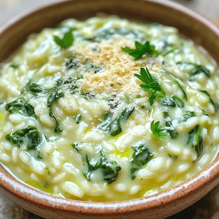 To make this dish, you need: - 1 cup Arborio rice - 2 cups vegetable broth - 1 cup fresh spinach, finely chopped - 1 cup heavy cream - 1 cup freshly grated Parmesan cheese - 1 small onion, diced - 2 cloves garlic, minced - 2 tablespoons olive oil - Salt and pepper to taste These ingredients work together to create a rich and creamy dish. The Arborio rice provides the perfect base, soaking up flavors. The Parmesan cheese adds a wonderful, cheesy depth. Fresh spinach not only adds color but also a nice hint of earthy taste. You can elevate your dish with: - A pinch of nutmeg (optional) - Fresh parsley, finely chopped (for garnish) Nutmeg adds a warm undertone. Fresh parsley brings a burst of freshness and color, making your dish look beautiful. For this recipe, you will need: - Medium saucepan - Large non-stick skillet - Ladle for broth - Wooden spoon for stirring These tools help you cook the rice evenly and mix in the creamy goodness. A non-stick skillet ensures nothing sticks, making cleanup easy. Start by gathering all your ingredients. You will need: - 1 cup Arborio rice - 2 cups vegetable broth - 1 cup fresh spinach, finely chopped - 1 cup heavy cream - 1 cup freshly grated Parmesan cheese - 1 small onion, diced - 2 cloves garlic, minced - 2 tablespoons olive oil - Salt and pepper to taste - A pinch of nutmeg (optional) - Fresh parsley, finely chopped (for garnish) Make sure to chop the spinach and onion finely. This helps them mix well in the dish. Mince the garlic, so it releases its flavor quickly. In a medium saucepan, warm the vegetable broth over low heat. Keep it simmering while you cook the rice. This helps the rice absorb the broth better. Next, heat 2 tablespoons of olive oil in a large, non-stick skillet over medium heat. Once hot, add the diced onion. Sauté it for about 3-4 minutes. Stir it often until the onion turns soft and clear. Add the minced garlic to the skillet with the onion. Cook for one more minute, stirring constantly. The garlic should smell nice, but be careful not to burn it. Now, add the Arborio rice to the skillet. Stir well to coat the rice with the onion and garlic. Toast the rice for about 2 minutes. This step gives the rice a nice nutty flavor. Gradually add the warm vegetable broth to the rice. Use a ladle to add one scoop at a time. Stir the rice continuously until most of the liquid is absorbed before adding more. Repeat this for about 18-20 minutes. The rice should be creamy and tender but still have a slight bite. Once the rice is ready, reduce the heat to low. Stir in the heavy cream, grated Parmesan cheese, and chopped spinach. Mix gently until the spinach wilts and the cheese melts, creating a rich, creamy sauce. Season the dish with salt, freshly cracked pepper, and a pinch of nutmeg if you like. The nutmeg adds a warm touch to the flavor. Take the skillet off the heat and let the creamy rice rest for a few minutes. This helps it thicken a bit before you serve it. For a lovely presentation, serve the creamy spinach rice in shallow bowls. Garnish with freshly chopped parsley and a sprinkle of grated Parmesan on top. Enjoy your delicious meal! To make your creamy Parmesan spinach rice truly luscious, focus on the cream and cheese. Use heavy cream for rich texture. Freshly grated Parmesan melts better than pre-grated. Stir in the cream and cheese slowly. This helps create a smooth and velvety sauce. A pinch of nutmeg adds warmth and depth. Taste as you mix to get your perfect flavor. Cooking Arborio rice is key to achieving that creamy texture. Start by toasting the rice for about two minutes. This enhances the nutty flavor. Use warm vegetable broth, adding it gradually. Stir continuously as you add broth. This releases the rice's starches, which creates creaminess. Cook until the rice is tender yet still slightly firm, known as al dente. For a beautiful presentation, serve the rice in shallow bowls. This lets the creamy sauce shine. Garnish with freshly chopped parsley for color. A sprinkle of extra Parmesan adds a nice touch. You can also pair this dish with grilled chicken or roasted vegetables for a complete meal. Enjoy the blend of flavors and textures in every bite! {{image_4}} You can make this dish your own by adding extra ingredients. Try tossing in some cooked chicken or shrimp for protein. You could also add sun-dried tomatoes for a burst of flavor. Another great option is to mix in some sautéed mushrooms for an earthy taste. If you want to switch up the grains, try using quinoa or farro. These grains add a nutty flavor and a different texture. For dairy, you can swap heavy cream for coconut milk for a lighter version. Nutritional yeast is an excellent dairy-free cheese option, giving the dish a cheesy taste without using actual cheese. Use seasonal veggies to keep the dish fresh and exciting. In spring, add asparagus or peas. During summer, zucchini or bell peppers work well. In fall, consider using roasted butternut squash or kale. These adjustments not only change the taste but also boost the dish’s nutrition. To keep your creamy Parmesan spinach rice fresh, let it cool first. Once cool, pack it in an airtight container. Store the container in the fridge. This dish is best eaten within three days for the best flavor and texture. When ready to eat, reheat the rice gently. You can use the microwave or a skillet. If using the microwave, place the rice in a bowl and add a splash of broth or cream. Heat in short bursts, stirring often. For the skillet, add a bit of broth over low heat. Stir until heated through. This keeps the rice creamy and avoids dryness. You can freeze creamy Parmesan spinach rice for later meals. Place cooled rice in a freezer-safe bag or container. Remove as much air as possible before sealing. Label the bag with a date. It can stay frozen for up to three months. To use, thaw it in the fridge overnight, then reheat as mentioned above. Yes, you can make Creamy Parmesan Spinach Rice ahead of time. Cook the dish, then let it cool down. Store it in an airtight container in the fridge. It will stay fresh for about three days. When you want to serve it, reheat it gently on the stove or in the microwave. Add a splash of broth or cream to help it regain its creamy texture. If you can't find Arborio rice, you can use short-grain rice or sushi rice. These types have a similar texture and will create a creamy dish. You could also use Carnaroli rice, which has a bit more starch. Just keep in mind that cooking times may vary slightly, so check the rice for doneness as you go. To make this dish gluten-free, ensure your vegetable broth is certified gluten-free. Most brands offer this option. The other ingredients, like rice and cheese, are naturally gluten-free. So, as long as your broth is safe, you can enjoy this creamy meal without worry. This blog post shared easy steps to make Creamy Parmesan Spinach Rice. We explored key ingredients, essential tools, and detailed cooking instructions. I offered tips to achieve that perfect creaminess and ideas for custom variations. In closing, enjoy making this dish your own. It’s versatile and simple. You'll want to make it again and again. Start your cooking adventure today!