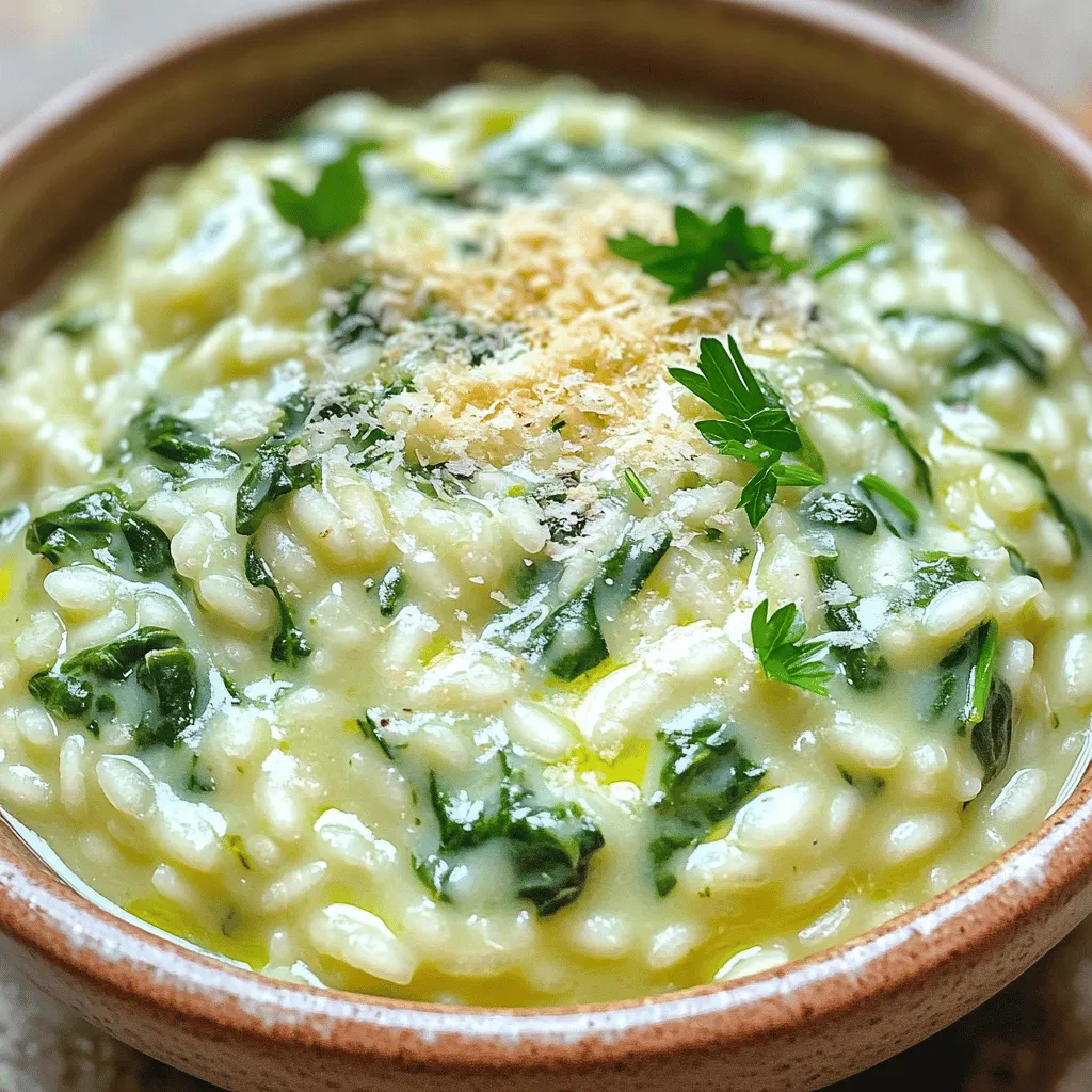 To make this dish, you need: - 1 cup Arborio rice - 2 cups vegetable broth - 1 cup fresh spinach, finely chopped - 1 cup heavy cream - 1 cup freshly grated Parmesan cheese - 1 small onion, diced - 2 cloves garlic, minced - 2 tablespoons olive oil - Salt and pepper to taste These ingredients work together to create a rich and creamy dish. The Arborio rice provides the perfect base, soaking up flavors. The Parmesan cheese adds a wonderful, cheesy depth. Fresh spinach not only adds color but also a nice hint of earthy taste. You can elevate your dish with: - A pinch of nutmeg (optional) - Fresh parsley, finely chopped (for garnish) Nutmeg adds a warm undertone. Fresh parsley brings a burst of freshness and color, making your dish look beautiful. For this recipe, you will need: - Medium saucepan - Large non-stick skillet - Ladle for broth - Wooden spoon for stirring These tools help you cook the rice evenly and mix in the creamy goodness. A non-stick skillet ensures nothing sticks, making cleanup easy. Start by gathering all your ingredients. You will need: - 1 cup Arborio rice - 2 cups vegetable broth - 1 cup fresh spinach, finely chopped - 1 cup heavy cream - 1 cup freshly grated Parmesan cheese - 1 small onion, diced - 2 cloves garlic, minced - 2 tablespoons olive oil - Salt and pepper to taste - A pinch of nutmeg (optional) - Fresh parsley, finely chopped (for garnish) Make sure to chop the spinach and onion finely. This helps them mix well in the dish. Mince the garlic, so it releases its flavor quickly. In a medium saucepan, warm the vegetable broth over low heat. Keep it simmering while you cook the rice. This helps the rice absorb the broth better. Next, heat 2 tablespoons of olive oil in a large, non-stick skillet over medium heat. Once hot, add the diced onion. Sauté it for about 3-4 minutes. Stir it often until the onion turns soft and clear. Add the minced garlic to the skillet with the onion. Cook for one more minute, stirring constantly. The garlic should smell nice, but be careful not to burn it. Now, add the Arborio rice to the skillet. Stir well to coat the rice with the onion and garlic. Toast the rice for about 2 minutes. This step gives the rice a nice nutty flavor. Gradually add the warm vegetable broth to the rice. Use a ladle to add one scoop at a time. Stir the rice continuously until most of the liquid is absorbed before adding more. Repeat this for about 18-20 minutes. The rice should be creamy and tender but still have a slight bite. Once the rice is ready, reduce the heat to low. Stir in the heavy cream, grated Parmesan cheese, and chopped spinach. Mix gently until the spinach wilts and the cheese melts, creating a rich, creamy sauce. Season the dish with salt, freshly cracked pepper, and a pinch of nutmeg if you like. The nutmeg adds a warm touch to the flavor. Take the skillet off the heat and let the creamy rice rest for a few minutes. This helps it thicken a bit before you serve it. For a lovely presentation, serve the creamy spinach rice in shallow bowls. Garnish with freshly chopped parsley and a sprinkle of grated Parmesan on top. Enjoy your delicious meal! To make your creamy Parmesan spinach rice truly luscious, focus on the cream and cheese. Use heavy cream for rich texture. Freshly grated Parmesan melts better than pre-grated. Stir in the cream and cheese slowly. This helps create a smooth and velvety sauce. A pinch of nutmeg adds warmth and depth. Taste as you mix to get your perfect flavor. Cooking Arborio rice is key to achieving that creamy texture. Start by toasting the rice for about two minutes. This enhances the nutty flavor. Use warm vegetable broth, adding it gradually. Stir continuously as you add broth. This releases the rice's starches, which creates creaminess. Cook until the rice is tender yet still slightly firm, known as al dente. For a beautiful presentation, serve the rice in shallow bowls. This lets the creamy sauce shine. Garnish with freshly chopped parsley for color. A sprinkle of extra Parmesan adds a nice touch. You can also pair this dish with grilled chicken or roasted vegetables for a complete meal. Enjoy the blend of flavors and textures in every bite! {{image_4}} You can make this dish your own by adding extra ingredients. Try tossing in some cooked chicken or shrimp for protein. You could also add sun-dried tomatoes for a burst of flavor. Another great option is to mix in some sautéed mushrooms for an earthy taste. If you want to switch up the grains, try using quinoa or farro. These grains add a nutty flavor and a different texture. For dairy, you can swap heavy cream for coconut milk for a lighter version. Nutritional yeast is an excellent dairy-free cheese option, giving the dish a cheesy taste without using actual cheese. Use seasonal veggies to keep the dish fresh and exciting. In spring, add asparagus or peas. During summer, zucchini or bell peppers work well. In fall, consider using roasted butternut squash or kale. These adjustments not only change the taste but also boost the dish’s nutrition. To keep your creamy Parmesan spinach rice fresh, let it cool first. Once cool, pack it in an airtight container. Store the container in the fridge. This dish is best eaten within three days for the best flavor and texture. When ready to eat, reheat the rice gently. You can use the microwave or a skillet. If using the microwave, place the rice in a bowl and add a splash of broth or cream. Heat in short bursts, stirring often. For the skillet, add a bit of broth over low heat. Stir until heated through. This keeps the rice creamy and avoids dryness. You can freeze creamy Parmesan spinach rice for later meals. Place cooled rice in a freezer-safe bag or container. Remove as much air as possible before sealing. Label the bag with a date. It can stay frozen for up to three months. To use, thaw it in the fridge overnight, then reheat as mentioned above. Yes, you can make Creamy Parmesan Spinach Rice ahead of time. Cook the dish, then let it cool down. Store it in an airtight container in the fridge. It will stay fresh for about three days. When you want to serve it, reheat it gently on the stove or in the microwave. Add a splash of broth or cream to help it regain its creamy texture. If you can't find Arborio rice, you can use short-grain rice or sushi rice. These types have a similar texture and will create a creamy dish. You could also use Carnaroli rice, which has a bit more starch. Just keep in mind that cooking times may vary slightly, so check the rice for doneness as you go. To make this dish gluten-free, ensure your vegetable broth is certified gluten-free. Most brands offer this option. The other ingredients, like rice and cheese, are naturally gluten-free. So, as long as your broth is safe, you can enjoy this creamy meal without worry. This blog post shared easy steps to make Creamy Parmesan Spinach Rice. We explored key ingredients, essential tools, and detailed cooking instructions. I offered tips to achieve that perfect creaminess and ideas for custom variations. In closing, enjoy making this dish your own. It’s versatile and simple. You'll want to make it again and again. Start your cooking adventure today!