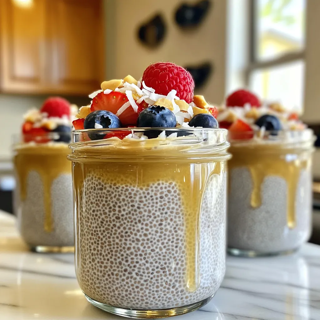 - 1/2 cup chia seeds - 2 cups almond milk (or your preferred milk) - 1/4 cup pure maple syrup - 1 teaspoon pure vanilla extract - A pinch of sea salt Chia seeds are tiny powerhouses. They swell up and create a thick pudding. They also pack a punch of fiber, protein, and omega-3 fatty acids. Almond milk is a great base for this pudding. It adds creaminess and flavor without dairy. You can use any milk you love, like oat or coconut milk. Maple syrup gives this pudding its sweet touch. Make sure to choose pure maple syrup for the best taste. The vanilla extract adds warmth and depth. Finally, a pinch of sea salt enhances all the flavors. - Fresh berries (strawberries, blueberries, raspberries) - Shredded coconut - Chopped nuts Toppings make this pudding even more fun. Fresh berries bring color and brightness. Strawberries, blueberries, and raspberries are all great choices. Shredded coconut adds a nice chew and sweetness. Chopped nuts give a crunchy texture. You can mix and match toppings to find your favorite combo. - Combining Chia Seeds and Milk Start by grabbing a medium mixing bowl. Pour in 1/2 cup of chia seeds. Then, add 2 cups of almond milk, or any milk you prefer. Whisk the mixture well. It’s important to break up any clumps. You want the chia seeds evenly mixed into the milk. - Adding Sweeteners and Salt Next, add 1/4 cup of pure maple syrup to the bowl. This gives the pudding a sweet flavor. Then, pour in 1 teaspoon of pure vanilla extract. Don’t forget to add a pinch of sea salt. Stir everything together until it’s smooth and well combined. - Covering and Refrigerating Now, cover the bowl tightly with plastic wrap or a lid. This keeps the mixture fresh. Place it in the refrigerator. - Recommended Cooling Time Let the mixture chill for at least 4 hours. For the best texture, leave it overnight. The chia seeds will soak up the liquid and create a creamy pudding-like consistency. - Stirring Before Serving When you’re ready to serve, take the pudding out of the fridge. Give it a gentle stir. This helps mix any seeds that settled at the bottom. - Presentation Tips Scoop the pudding into individual bowls or jars. For a pretty look, layer the pudding with fresh berries. Use strawberries, blueberries, or raspberries. You can also sprinkle some shredded coconut or chopped nuts on top for extra flavor and crunch. Importance of Whisking Whisking is key to a smooth pudding. When you mix the chia seeds with almond milk, whisk well. This helps break up clumps and spreads the seeds evenly. A good mix ensures the pudding has a nice texture. If you skip this step, you may end up with lumps. Adjusting Sweetness Taste is personal, so adjust the sweetness to your liking. If you want it sweeter, add more maple syrup. Start with a little, then mix and taste. You can always add more, but it’s hard to fix if it’s too sweet. Remember, the flavors blend more as it chills. Pairing with Fruits Fresh fruits make this pudding pop! Berries like strawberries, blueberries, or raspberries add color and flavor. Slice the fruit and place it on top just before serving. You can also mix them in for a fruity surprise. Incorporating Other Toppings Get creative with toppings! Shredded coconut can add a nice texture. Chopped nuts bring a crunch that contrasts well with the creamy pudding. Try different combinations to find your favorite mix. Each topping can change the taste and make it even more fun! {{image_4}} You can easily change the flavor of your maple vanilla chia seed pudding. One tasty twist is adding cocoa powder. This gives a rich chocolate flavor. Start with 2 tablespoons of cocoa powder. Mix it in with the chia seeds and milk. This adds a fun surprise to your pudding. You can also try using different sweeteners. If you want less sugar, use stevia or agave syrup. Honey works well too. Each sweetener gives a unique taste. Adjust the amount to fit your taste. This way, you can enjoy your pudding just how you like it. This pudding is great for many diets. If you need dairy-free options, almond milk is perfect. You can also use oat milk or coconut milk. These options keep the pudding creamy and tasty. For nut-free alternatives, try rice milk or soy milk. Both are excellent choices. They keep the pudding smooth without nuts. You can enjoy this treat without any worries. To keep your maple vanilla chia seed pudding fresh, store it in the fridge. Use an airtight container to prevent odors from other foods. Glass jars or plastic containers work well. If you have leftovers, make sure to seal them tight. For the best taste and texture, enjoy your pudding within 4 to 5 days. After this time, the pudding may lose its creamy consistency. Check for signs of spoilage, such as an off smell or a change in texture. If the pudding appears watery or has clumps, it’s best to discard it. Enjoying this treat fresh will ensure you get the most flavor and nutrition from it. Chia seeds are tiny but packed with nutrients. They are high in fiber, which helps digestion. Each serving offers protein and healthy fats, too. Omega-3 fatty acids in chia seeds support heart health. They can keep you feeling full longer, which helps with weight control. Plus, they are rich in antioxidants, fighting free radicals in the body. Eating chia seeds can boost your overall health and energy levels. Yes, you can use any milk you like! Almond milk is my favorite, but oat, soy, or coconut milk work well too. Each type of milk adds its unique flavor. If you prefer dairy, whole or skim milk is also fine. Just make sure to adjust the sweetness if the milk is sweetened. This recipe remains delicious no matter what milk you choose. You can keep the pudding in the fridge for up to five days. It stays fresh and tasty when stored in an airtight container. Just remember to stir it before serving to mix any settled chia seeds. If you notice any odd smells or changes in texture, it’s best to toss it out. Enjoying your pudding within a few days ensures the best taste and quality. Absolutely! This recipe is naturally vegan if you use plant-based milk. The main ingredients, chia seeds, maple syrup, and vanilla extract, are all vegan-friendly. You can top it with fruits, coconut, or nuts for extra flavor and texture. This pudding is a great option for anyone following a vegan diet. It's simple, healthy, and delicious! You can create a delicious chia seed pudding with just a few simple steps. We covered the key ingredients like chia seeds, almond milk, and sweeteners. You learned how to mix, chill, and serve it beautifully. I shared tips for perfecting flavors and ways to store your pudding for later enjoyment. Remember, chia seeds offer many health benefits, and you can easily make this recipe vegan. Enjoy experimenting with different toppings and flavors. Your creative touch makes it special! The fun starts in your kitchen, so dive in and enjoy your pudding!