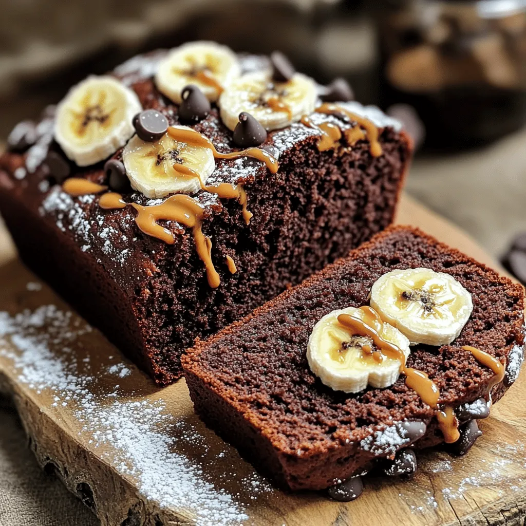 To make this chocolate peanut butter banana bread, you will need the following ingredients: - 3 ripe bananas, well-mashed - 1/2 cup creamy peanut butter (natural for a healthier option) - 1/3 cup melted coconut oil (allow to cool slightly) - 1/2 cup packed brown sugar - 2 large eggs, at room temperature - 1 teaspoon pure vanilla extract - 1 teaspoon baking soda - 1/4 teaspoon fine sea salt - 1 cup all-purpose flour, spooned and leveled - 1/2 cup unsweetened cocoa powder - 1/2 cup chocolate chips (dark or semi-sweet for richness) - Optional: 1/4 cup chopped walnuts or pecans for crunch You can easily swap some ingredients for different flavors or diets: - Use almond butter instead of peanut butter for a nut-free version. - Replace coconut oil with vegetable oil if you prefer. - For gluten-free bread, use almond flour or a gluten-free flour blend. - You can substitute maple syrup for brown sugar for a unique taste. Accurate measuring is key to great banana bread. Here are some tips: - When measuring flour, spoon it into the cup and level with a knife. Do not pack it tightly. - For brown sugar, pack it firmly into the measuring cup for the right amount. - Use a kitchen scale for precise measurements, especially for flour and sugar. - Always check that your bananas are fully ripe; they should have brown spots for the best flavor. Start by preheating your oven to 350°F (175°C). This step is key for even baking. While the oven heats, grab a 9x5 inch loaf pan. Lightly grease the pan or line it with parchment paper. This makes it easy to remove the bread later. In a large bowl, add the well-mashed bananas. Next, scoop in the creamy peanut butter. Mix these two ingredients until the blend is smooth and creamy. Now, pour in the melted coconut oil. Stir well to combine, making sure there are no lumps left. Then, add the packed brown sugar. Mix until everything is well combined. Crack in the two large eggs, adding them one at a time. Make sure to mix well after each egg. Finally, stir in the pure vanilla extract. The mixture should look light and fluffy at this point. In a separate bowl, sift together the baking soda, fine sea salt, all-purpose flour, and cocoa powder. Sifting helps remove lumps and ensures even mixing. Gradually fold this dry mix into the wet mixture. Be gentle; overmixing can make the bread dense. Stir just until combined, then carefully fold in the chocolate chips. If you like, add chopped nuts for extra texture. Now, your batter is ready to go! To keep your banana bread light, avoid overmixing the batter. When you add the dry mix to the wet mix, stir gently. It’s okay if there are a few lumps. If you mix too much, the bread can turn out heavy. Another tip is to use ripe bananas. Ripe bananas have more moisture and sweetness. The more speckles, the better! To check if your banana bread is done, use a toothpick. Insert it into the center of the bread. If it comes out clean or with a few moist crumbs, it’s ready. If the toothpick has wet batter, bake it a bit longer. Keep an eye on the time, but also trust your senses. The bread should smell amazing and look golden brown. Banana bread tastes great warm or at room temperature. For a nice touch, slice it and add a dusting of powdered sugar on top. You can drizzle extra melted peanut butter over the slices for a treat. Fresh banana slices on the side make it even better. This bread is perfect for breakfast or as a snack. Enjoy each bite! {{image_4}} You can make your chocolate peanut butter banana bread even better by adding nuts. Chopped walnuts or pecans add a nice crunch. Use about 1/4 cup of nuts for a balanced texture. You can also try adding shredded coconut for extra flavor. If you love a fruity twist, mix in some dried fruit like cranberries or cherries. They add sweetness and chewiness to every bite. If you want a different flavor or texture, try using alternate flours. Whole wheat flour adds a nutty taste. Almond flour makes it gluten-free and rich. You can mix these with all-purpose flour for a lighter result. For sweeteners, consider using maple syrup or honey instead of brown sugar. They add a unique taste and can make the bread moister. To make this bread vegan, swap the eggs for flax eggs. Mix 1 tablespoon of ground flaxseed with 2.5 tablespoons of water. Let it sit for a few minutes until it thickens. For gluten-free options, use a gluten-free all-purpose flour blend. This keeps the texture light while catering to dietary needs. Experiment with these variations to create your perfect chocolate peanut butter banana bread. To keep your banana bread fresh, wrap it tightly in plastic wrap. You can also place it in an airtight container. Store it at room temperature for up to three days. If you prefer, you can refrigerate it for up to a week. Just be aware that refrigeration can make the bread a bit denser. If you have extra banana bread, freezing is a great option! Slice the bread into individual pieces. Wrap each slice in plastic wrap, then place them in a freezer bag. Make sure to remove as much air as possible. This helps prevent freezer burn. The banana bread can last up to three months in the freezer. When you’re ready to enjoy it, simply thaw it at room temperature or warm it in the oven. The shelf life of banana bread varies. At room temperature, it lasts about three days. In the fridge, it can last a week. When reheating, you can use the oven or microwave. For the oven, preheat to 350°F (175°C) and heat for about 10 minutes. In the microwave, heat for 15-20 seconds. Enjoy your warm, tasty treat! Yes, you can use less sugar. You might try using 1/3 cup instead of 1/2 cup. This change will still keep your banana bread sweet. You can also add extra ripe bananas. They add natural sweetness. Just remember, less sugar may change the texture a bit. If you want to change the peanut butter, try almond butter or sunflower seed butter. Both options work well and add a new taste. Ensure the substitutes are creamy for the best texture. Each option gives a unique flavor, so feel free to experiment! To make this banana bread healthier, use natural peanut butter and coconut oil. You can also reduce sugar, as mentioned before. Adding whole wheat flour boosts fiber content. You might even swap in applesauce for some of the oil. These changes can create a lighter, healthier treat. This blog post covered all you need for great banana bread. We listed key ingredients and smart substitutions. You learned step-by-step instructions that make baking easy. I shared tips to avoid dense bread and how to check for doneness. We explored tasty variations and how to store leftovers. Now, you're ready to bake delicious banana bread. Remember, practice makes perfect. Enjoy your baking journey!
