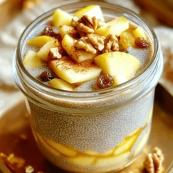 - 1 cup almond milk (or any milk alternative of your choice) - 1/4 cup chia seeds - 1 tablespoon maple syrup (or honey, for a non-vegan option) - 1 teaspoon vanilla extract - 1/2 teaspoon ground cinnamon - 1 medium apple, peeled and finely chopped - 1/4 cup raisins (or substitute with dried cranberries) - 1 tablespoon chopped walnuts (optional, for added crunch) - Pinch of ground nutmeg - Extra apple slices and a sprinkle of cinnamon for garnish When choosing almond milk, look for unsweetened options. This keeps the pudding balanced. The chia seeds should be fresh and whole. Old seeds may not gel well. Pick apples that are firm and crisp. I love Granny Smith for its tartness. Fresh raisins or cranberries add sweetness. If you choose walnuts, select whole ones for the best crunch. If you have nut allergies, use oat or soy milk instead of almond milk. For a sweeter taste, you can use agave syrup instead of maple syrup. To make it nut-free, skip the walnuts or swap them with sunflower seeds. You can also replace chia seeds with ground flaxseeds if you prefer. Start with a medium bowl. Pour in 1 cup of almond milk. Add 1/4 cup of chia seeds, 1 tablespoon of maple syrup, 1 teaspoon of vanilla extract, 1/2 teaspoon of ground cinnamon, and a pinch of nutmeg. Whisk until it looks smooth. Make sure the chia seeds blend well. They need to soak up the liquid. Next, peel and chop your medium apple into small pieces. Add the apple to the bowl. Also, include 1/4 cup of raisins. Stir the mixture gently. You want all the apple pieces coated in the chia blend. This helps the flavors mix together nicely. Now, cover the bowl tightly with plastic wrap. You can also use small jars with lids if you like. Place it in the fridge for at least 4 hours or overnight. Letting it sit overnight gives the best texture. When you’re ready, take it out and stir gently to break any clumps. Adjust the sweetness if needed. Then, serve it in bowls or jars with your favorite toppings. Enjoy! To get the best texture, soak the chia seeds well. Chia seeds need time to absorb liquid. Mix them with almond milk and let them sit overnight. This helps them swell and create a nice, thick pudding. You can also stir the mix after a couple of hours. This keeps the seeds from clumping together. Taste your pudding before serving. If you want it sweeter, add more maple syrup. You can start with one tablespoon and adjust from there. If you prefer a less sweet taste, cut back on the syrup. Remember, the apples also add natural sweetness. For a beautiful presentation, use clear jars. Layer the pudding with apple slices and walnuts. This shows off the colors and textures. Top with a sprinkle of cinnamon for a warm touch. You can also add extra apple slices on top for a fresh look. This makes your breakfast or snack more inviting! {{image_4}} You can change the flavor of your chia pudding. Try using different fruits like peaches or pears. You can also mix in nut butters for creaminess. A spoonful of almond or peanut butter adds richness. For a tropical twist, use coconut milk and mango chunks. The options are endless! This recipe is vegan-friendly if you use maple syrup. If you prefer non-vegan, honey works great too. Both options add sweetness and flavor. You can choose any milk alternative based on your taste. Almond milk is light, while coconut milk gives a creamy texture. Make your chia pudding a full meal by adding protein. Greek yogurt or a scoop of protein powder can boost it. You could also top it with nuts or seeds for healthy fats. Adding oats can make it more filling. This way, it becomes a great breakfast or snack! To keep your Apple Pie Overnight Chia Pudding fresh, use airtight containers. Glass jars work well and look nice too. Make sure to cover each jar tightly. This helps keep the pudding tasty and prevents any odors from your fridge from seeping in. Your chia pudding stays good in the fridge for about 3 to 5 days. After that, the texture may change. It can become too thick or watery. If it looks or smells off, it’s best to toss it out. Always check before eating! You can freeze the chia pudding if you want to save some for later. Just place it in a freezer-safe container. It can last up to 3 months in the freezer. When you are ready to eat it, thaw it in the fridge overnight. Stir it well before serving. The texture may change a bit, but it will still taste great! Yes, you can make this pudding ahead of time. I often prepare it the night before. This gives the chia seeds time to soak and expand. You can enjoy it for breakfast or as a snack. Just remember to chill it for at least four hours for the best texture. If you don't have chia seeds, you can use flaxseeds. Ground flaxseeds work well too. They provide a similar texture and are healthy. However, they may change the flavor a bit. You can also try using tapioca pearls, but the pudding won't have the same look. Absolutely! This recipe is great for meal prep. You can make several servings at once. Just store them in jars or containers. Keep them in the fridge for up to five days. Having healthy snacks ready makes life easier! Yes, you can add more fruits or toppings! Fresh berries, bananas, or peaches work great. You can also try nuts, seeds, or coconut flakes for crunch. Get creative! The recipe is flexible, and you can customize it to suit your taste. You learned about making a tasty Apple Pie Overnight Chia Pudding. First, we covered the right ingredients, tips for selection, and possible substitutes. Next, I shared step-by-step instructions for prep and refrigeration. You also got helpful tips for texture and serving ideas. We explored fun variations and safe storage tips, plus you learned about meal prep and substitutions. Enjoy your pudding and feel free to make it your own!