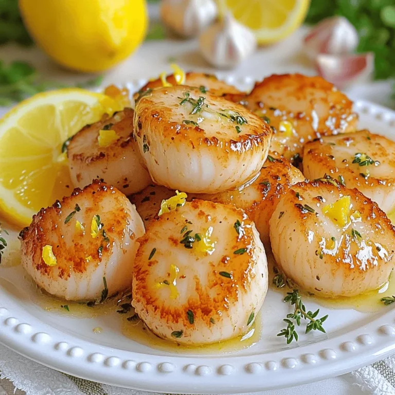 - 1 pound sea scallops, thoroughly patted dry - 4 tablespoons unsalted butter, divided - 2 tablespoons olive oil - 4 cloves garlic, finely minced - 1 large lemon (zested and juiced) - 1 teaspoon fresh thyme leaves (or ½ teaspoon dried thyme) - Salt and freshly ground black pepper to taste - Fresh parsley, finely chopped (for garnish) - Use one pound of sea scallops; they should be dry. This helps create a nice sear. - Four tablespoons of unsalted butter add creaminess. Divide it for cooking and sauce. - Measure two tablespoons of olive oil; this helps with browning the scallops. - Four cloves of garlic minced; this gives great flavor. - One large lemon adds brightness through zest and juice. - One teaspoon of fresh thyme adds a lovely herbal note. - Adjust salt and pepper to taste, ensuring a well-seasoned dish. - Fresh parsley for garnish brightens the plate and adds freshness. - A large, sturdy skillet is key for even cooking. - Use a spatula for flipping the scallops gently. - A zester or grater helps get zest from the lemon. - A sharp knife and cutting board are needed for mincing garlic. - Paper towels are essential for drying scallops. - Measuring spoons and cups ensure accuracy with ingredients. These ingredients and tools will help you create a delightful dish. Enjoy the process and the flavors! Start by getting your scallops ready. Take one pound of sea scallops and pat them dry with paper towels. This helps them sear well. If they are wet, they will steam instead of brown. Make sure to check each scallop. Drying them is key to a nice crust. Next, heat your pan. Grab a large skillet and add 2 tablespoons of olive oil and 2 tablespoons of unsalted butter. Put the skillet over medium-high heat. Wait for the butter to melt and bubble lightly. This shows it’s hot enough for the scallops. If the heat is too low, they won’t sear well. Now it's time to sear the scallops. Place them in the skillet in a single layer. Do not crowd them; give them space. Cook them without moving for about 2-3 minutes. You want them to form a beautiful golden brown crust. After that, flip each scallop gently. Cook for another 2 minutes until they are opaque. When done, take them out and set them aside on a plate. This searing step gives the scallops their tasty flavor and texture. To get a great sear on scallops, start with dry scallops. Pat them well with paper towels. A dry surface helps them brown nicely. Heat your skillet until it's hot. Use a mix of olive oil and butter. This combination gives flavor and a high smoke point. Place scallops in the pan without crowding them. Let them sear for 2-3 minutes until golden brown. Then, flip and cook for another 2 minutes. This method ensures they stay juicy inside. For the sauce, fresh garlic and lemon are key. Sauté the garlic just until it turns golden. Be careful not to burn it. Add lemon zest and juice; this brightens the flavor. Fresh thyme adds a nice touch. You can also try herbs like basil or dill for variety. Adjust salt and pepper to taste for a balanced flavor. For extra richness, consider adding a splash of white wine when cooking the sauce. A common mistake is not drying the scallops. Wet scallops will steam instead of sear. Another mistake is overcrowding the pan. This leads to uneven cooking. Always let them sit in the pan to form a crust. Don't rush the cooking process. Scallops cook quickly, so keep an eye on them. Finally, taste the sauce before serving. Adjust seasoning as needed to enhance the dish. {{image_4}} You can easily change the taste of your Lemon Garlic Butter Scallops. For a spicy kick, add a pinch of red pepper flakes to the garlic as it cooks. If you love herbs, try adding fresh basil or dill instead of thyme. You can also use orange zest instead of lemon for a sweeter flavor. If you're looking for a lighter version, replace butter with olive oil. This change keeps the dish flavorful and heart-healthy. For a dairy-free option, use plant-based butter as a substitute. If you want a gluten-free dish, this recipe is already safe since it contains no gluten. These scallops shine on their own, but you can pair them with many sides. Serve over a bed of creamy risotto or with garlic mashed potatoes. A fresh green salad adds a nice crunch. For a complete meal, add steamed veggies or crusty garlic bread to soak up the sauce. To store leftover Lemon Garlic Butter Scallops, place them in an airtight container. Let them cool to room temperature first. This helps keep the scallops fresh. You can also use plastic wrap, but airtight containers work best. Store them in the fridge for up to three days. When ready to enjoy the scallops again, reheat them gently. Place them in a skillet over low heat. Add a touch of butter or olive oil to the pan. This helps keep them moist. Cook for about 2-3 minutes, just until heated through. Avoid high heat to prevent rubbery scallops. Cooked scallops last about 3 days in the fridge. If you want to keep them longer, freeze them. They can stay fresh in the freezer for up to three months. Just make sure to seal them well in a freezer-safe bag or container. Yes, you can use frozen scallops. Just make sure to thaw them first. Place them in the fridge overnight or in a bowl of cold water for quick thawing. After thawing, pat them dry with paper towels. This step is key for a nice sear. Scallops are cooked when they turn opaque. They should also feel firm to the touch. Typically, they take 4 to 5 minutes to cook. The outside will turn golden brown while the inside remains moist. Remove them from heat right when they reach this point. Lemon Garlic Butter Scallops pair well with many sides. Here are a few options: - Light salad with mixed greens - Garlic bread for a nice crunch - Steamed asparagus or green beans - Creamy risotto for a rich taste - Lemon wedges to enhance flavor These sides will elevate your meal and complement the scallops beautifully. Enjoy your delicious dish! In this post, we explored how to cook scallops perfectly. You learned about the key ingredients, tools, and step-by-step instructions for a great dish. I shared tips to help you avoid mistakes and enhance flavors. We also discussed variations for different tastes and needs, along with storage and reheating methods. Remember, practice makes perfect. With these insights, you can now impress anyone with your scallops. Enjoy cooking this delicious seafood!