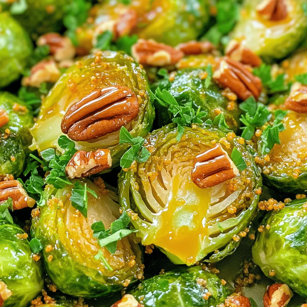 To create these tasty Brussels sprouts, you need: - 1 lb Brussels sprouts, trimmed and halved - 2 tablespoons extra virgin olive oil - 2 tablespoons pure maple syrup (preferably grade A) - 1 tablespoon smooth Dijon mustard - 1 tablespoon quality balsamic vinegar - 2 cloves fresh garlic, finely minced - Salt and freshly ground black pepper, to taste These ingredients work together to create a bright and flavorful dish. The Brussels sprouts provide a great base, while the maple syrup brings sweetness. The Dijon mustard adds a bit of tang. Balsamic vinegar rounds out the flavor with a hint of acidity. You can add more texture and taste with: - ¼ cup chopped pecans (optional, for added texture) - Fresh parsley, chopped, for garnish Pecans add a nice crunch, which contrasts well with the tender sprouts. Fresh parsley not only adds color but also a fresh taste. This dish is not only delicious but also healthy. Here’s a quick look at the nutritional benefits: - Brussels sprouts are high in vitamins C and K. - Maple syrup is a natural sweetener with antioxidants. - Olive oil provides healthy fats. These ingredients make the dish nutritious without losing flavor. Enjoying Maple Dijon Roasted Brussels Sprouts gives you a tasty way to get your greens! Start by trimming and halving your Brussels sprouts. This step helps them cook evenly. Aim for a pound of fresh sprouts. Rinse them well under cold water to remove dirt. Dry them with a towel to ensure they roast nicely. In a large bowl, mix together the olive oil, maple syrup, Dijon mustard, and balsamic vinegar. Add two minced garlic cloves to the mix for extra flavor. Season with salt and black pepper. Whisk until everything blends well. This glaze will coat the sprouts and give them a sweet and tangy taste. Preheat your oven to 400°F (200°C). Spread the Brussels sprouts on a lined baking sheet. Make sure they sit in a single layer. Roast them for about 20 to 25 minutes. Stir them halfway through for even cooking. If you want some crunch, add pecans in the last five minutes. When they’re done, they should be tender and crispy. Let them cool for a few minutes. Before serving, sprinkle fresh parsley on top for color and flavor. Enjoy your flavorful delight! To get the best Brussels sprouts, start with fresh ones. Choose firm, green sprouts without brown spots. Trim the ends and cut them in half for even cooking. Preheat your oven to 400°F (200°C). A hot oven helps them roast well. Spread the sprouts on the baking sheet in a single layer. This keeps them from steaming and ensures crispiness. Stir them halfway through roasting. This helps them cook evenly. You can easily change this recipe to fit your taste. Want more sweetness? Add an extra tablespoon of maple syrup. For a bit of heat, mix in some red pepper flakes. If you love tanginess, add a splash of lemon juice. For nut lovers, try different nuts like walnuts or almonds. Each choice adds its own flavor and texture, making your dish unique. Serve your Maple Dijon roasted Brussels sprouts on a large platter. Drizzle any leftover glaze from the baking sheet over them. This adds extra flavor and looks great! You can also garnish with fresh parsley for color. Pair them with roasted meats for a perfect meal. They also work well as a side for holiday dinners. Enjoy the blend of sweet and savory flavors in every bite! {{image_4}} You can add nuts or seeds to enhance texture. Pecans add a sweet crunch. You may also try walnuts or almonds for a different taste. Seeds like sunflower or pumpkin seeds work great too. Just sprinkle them on during the last five minutes of roasting. This way, they toast up nicely without burning. Why stop at Brussels sprouts? You can mix in other veggies. Carrots, sweet potatoes, or cauliflower roast well. Cut them into even pieces so they cook at the same rate. Toss them in the same maple-Dijon glaze. This adds more color and flavor to your dish. Spices and herbs can change the flavor profile. Add a pinch of cayenne for heat. Try thyme or rosemary for a fresh taste. You can also use smoked paprika for a deeper flavor. Experiment with what you have at home. Each addition can make your dish unique and exciting. To keep your Maple Dijon roasted Brussels sprouts fresh, let them cool first. Place them in an airtight container. You can store them in the refrigerator. They stay good for about 3 to 4 days. Make sure to label the container with the date. This helps you track freshness. When you are ready to eat, reheating is easy. Preheat your oven to 350°F (175°C). Spread the sprouts on a baking sheet. Heat them in the oven for about 10 to 15 minutes. This method keeps them crispy. You can also use a microwave if you are in a hurry. Place the sprouts in a microwave-safe dish. Heat them for 1 to 2 minutes. Stir halfway for even heating. For long-term storage, freezing is a great option. First, let the Brussels sprouts cool completely. Arrange them in a single layer on a baking sheet. Freeze them for about 1 hour until firm. Once frozen, transfer them to a freezer-safe bag. Remove as much air as possible to prevent freezer burn. They can be stored for up to 3 months. When you’re ready to eat, just reheat them from frozen. You can roast or microwave them for a quick meal. You can pair these sprouts with many dishes. They go well with roasted chicken or pork. Try serving them beside quinoa or wild rice for a healthy meal. You may also enjoy them with a fresh salad or as part of a veggie platter. They add a vibrant touch to any plate. Yes, you can easily make this recipe vegan. The main ingredients are already plant-based. Just ensure you use maple syrup and olive oil. The Dijon mustard is also vegan-friendly. You can skip the pecans if you wish, but they add a nice crunch. When selecting Brussels sprouts, look for bright green, firm sprouts. They should feel heavy for their size. Avoid any that are yellow or wilted. Smaller sprouts tend to be sweeter and more tender. If you can, buy them fresh from a local market. If you don't have Dijon mustard, you can use yellow mustard. It has a milder flavor but works well. Another option is whole grain mustard, which adds texture. You can also try using honey mustard for a sweeter twist, though it will change the sauce a bit. Leftovers of Maple Dijon Roasted Brussels sprouts are good for about 3 to 4 days. Store them in an airtight container in the fridge. When reheating, use the oven to keep them crispy. You can also microwave them, but they may lose some texture. Maple Dijon roasted Brussels sprouts can be a delicious side. We explored ingredients, prep steps, and cooking tips. You now know how to enhance flavor and store leftovers. Try adding nuts, spices, or even other veggies for fun twists. Keep it simple or get creative. Whatever you choose, enjoy bringing this dish to your table!