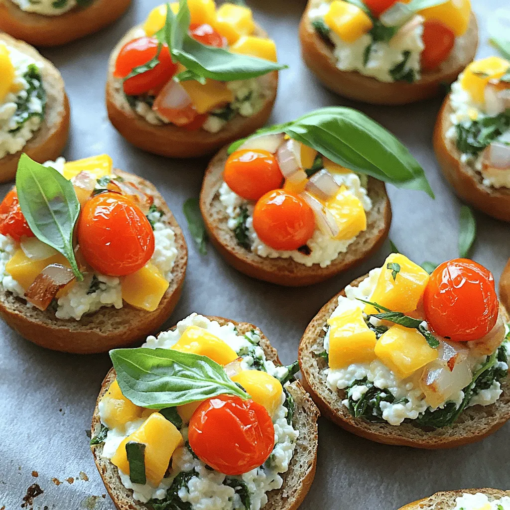 - 2 whole grain mini bagels, cut in half - 1 cup low-fat cottage cheese - 1/4 cup shredded cheddar cheese - 1/4 teaspoon garlic powder - 1/4 teaspoon onion powder - 1/2 teaspoon dried oregano - Salt and freshly ground black pepper, to taste - 2 tablespoons cherry tomatoes, diced - Fresh basil leaves for garnish These ingredients combine to create a tasty and healthy snack. Whole grain mini bagels give you fiber and texture. Low-fat cottage cheese adds protein and creaminess. Shredded cheddar cheese melts nicely, giving a rich flavor. The seasonings enhance the taste. Garlic powder adds a savory note. Onion powder gives warmth, while oregano brings a hint of earthiness. Salt and pepper balance all the flavors. For an extra pop, you can add diced cherry tomatoes. They add color and freshness. Fresh basil leaves finish the dish with a bright aroma. Gather these ingredients, and you are ready to make a delightful snack that is both high in protein and full of flavor. Enjoy the process of creating these bagel bites! - Preheat the oven to 375°F (190°C). - Prepare the baking sheet with parchment paper. - In a medium bowl, combine 1 cup cottage cheese, 1/4 cup shredded cheddar, and 1/4 cup cooked spinach. - Add 1/4 teaspoon garlic powder, 1/4 teaspoon onion powder, salt, black pepper, and 1/2 teaspoon dried oregano. - Stir the mixture until it’s creamy and smooth. - Take your whole grain mini bagels and cut them in half. - Place the bagel halves cut-side up on the prepared baking sheet. - Spoon the cottage cheese filling generously onto each bagel half. - Scatter diced cherry tomatoes over the filling for extra flavor. - Bake the bagel bites for 12-15 minutes. - Watch for golden edges and melted cheese. - Once done, remove them from the oven and let them cool for about a minute. - Garnish with fresh basil leaves for a nice touch before serving. You can swap out cheese based on your taste. Here are some options: - Ricotta cheese: Creamy and mild, great for a soft texture. - Feta cheese: Add a tangy flavor that pairs well with spinach. For vegetables, consider these substitutes: - Kale: A firm option that adds more nutrients. - Roasted red peppers: Sweet and colorful, they enhance the flavor. To get your bagel bites crispy, adjust your baking time: - Crispier edges: Bake for the full 15 minutes. - Chewy texture: Bake closer to 12 minutes. Even distribution of filling is key. Here’s how: - Use a spoon: Spread the filling evenly on each bagel half. - Layer it well: Don’t rush; a thick layer adds more flavor. Pair these bagel bites for a balanced snack: - Fresh fruit: Serve with apple slices or berries for sweetness. - Yogurt: A side of yogurt adds creaminess and protein. Perfect accompaniments include: - Herbal tea: A light herbal tea enhances the flavors. - Crunchy salad: A crisp salad adds freshness and crunch. {{image_4}} You can make these bagel bites even tastier. Here are some ideas: - Add spices or herbs: Try adding a pinch of smoked paprika or a dash of cayenne for heat. Fresh herbs like chives or dill can brighten the flavor. - Incorporate different cheeses: Swap the cheddar for mozzarella, feta, or goat cheese. Each cheese gives a unique taste. These bagel bites can fit different diets. Here’s how to adapt them: - Gluten-free variations: Use gluten-free mini bagels. Many brands offer great options that taste just as good. - Vegan alternatives: Replace cottage cheese with tofu or a nut-based cheese. Use nutritional yeast to mimic cheesy flavor. You can change the bagel bites with the seasons. Here are some fresh ideas: - Incorporating seasonal vegetables: In spring, add asparagus or peas. In fall, try roasted pumpkin or sweet potatoes. - Adapting flavors to the time of year: Use fresh basil in summer and rosemary in winter. These herbs pair well with seasonal veggies. Experimenting with these variations keeps your bagel bites exciting and fun! To keep your bagel bites fresh, store them in the fridge. Use an airtight container. They stay good for about 3 days. Make sure they cool before sealing. This helps keep moisture at bay. If you want to enjoy them later, just reheat. For longer storage, you can freeze the bagel bites. Place them in a single layer on a baking sheet. Freeze them for about an hour until solid. Then, transfer them to a freezer bag. They can last up to 2 months in the freezer. Just label the bag with the date. To reheat, use the oven for the best taste. Preheat your oven to 350°F (175°C). Place the bagel bites on a baking sheet. Heat for about 10-15 minutes until warm. This way, they stay crispy on the outside. You can also use a microwave, but they might get soft. If you want to keep them crunchy, stick to the oven. These bagel bites are both tasty and healthy. Each serving has about 180 calories. You get around 12 grams of protein, which helps build muscles. The fat content is low, at just about 6 grams. The cottage cheese adds a lovely creaminess and boosts protein. Whole grain bagels offer fiber, helping with digestion. You can enjoy this snack without guilt! Yes, you can make these bagel bites ahead of time! Prepare the filling and spread it on the bagels. Then, store them in the fridge for up to one day. When you're ready to eat, just bake them. This saves time and ensures a quick snack. You can also freeze the assembled bites for later. Just remember to bake them straight from the freezer, adding a few extra minutes to the cooking time. You can have fun with this recipe! Here are some ideas to make it your own: - Cheese: Swap cheddar for mozzarella or feta for a different flavor. - Veggies: Try bell peppers, mushrooms, or zucchini for more color and taste. - Spices: Add chili flakes for heat or fresh herbs for a burst of freshness. - Meat: You could add cooked bacon bits or ham for extra protein. These simple swaps can change the flavor and keep things exciting! Watch for a few key signs! The bagel edges should turn a golden brown. The cheese needs to be melted and bubbly. A light touch can help too; they should feel firm but not hard. If they look inviting, they are ready to eat. Let them cool for a minute before serving. Enjoy the tasty crunch! These bagel bites are simple to make and full of flavor. You combine whole grain bagels, cottage cheese, and seasonings for a tasty snack. You learned how to prepare and bake them, along with tips for variations and storage. Experiment with garnishes and flavors to suit your tastes. Enjoy them fresh or save some for later. Making these bites can be fun and rewarding. I hope you try this recipe and make it your own!