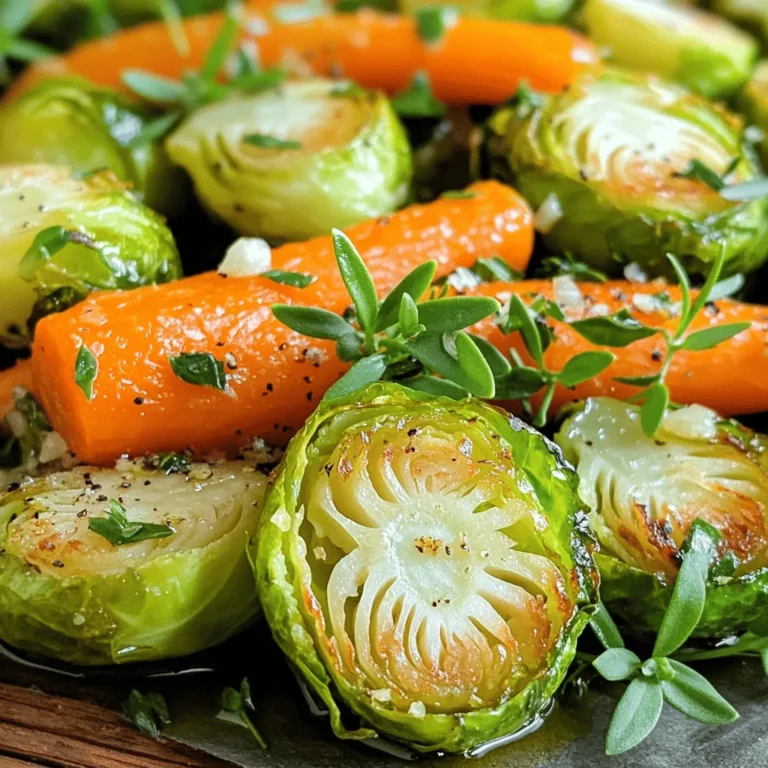 - 1 pound Brussels sprouts, halved - 1 pound baby carrots, peeled - 4 cloves garlic, finely minced - 3 tablespoons extra virgin olive oil - 2 teaspoons dried thyme - 1 teaspoon dried rosemary - Salt and freshly ground black pepper, to taste - 1 tablespoon fresh parsley, finely chopped (for garnish) To create this Garlic Herb Roasted Brussels and Carrots dish, gather fresh ingredients. Start with one pound of Brussels sprouts. Halve each one for even cooking. Next, grab one pound of baby carrots. Make sure they are peeled and ready to go. You will need four cloves of garlic. Finely mince them to release all the flavor. For oil, use three tablespoons of extra virgin olive oil. This adds richness to the dish. Herbs are key! You will use two teaspoons of dried thyme and one teaspoon of dried rosemary. These herbs complement the veggies well. Don't forget salt and black pepper to taste. Finally, for a fresh touch, chop one tablespoon of fresh parsley to garnish. Having these ingredients prepped makes cooking easier. They all work together to create a tasty, colorful, and healthy side dish. - Preheat oven to 425°F (220°C). - Cut Brussels sprouts in half. Peel baby carrots. - Mix garlic, olive oil, thyme, rosemary, salt, and pepper in a bowl. - Stir well until combined. - Pour the herb mixture over the veggies. - Use your hands to coat each piece well. - Spread the Brussels sprouts and carrots on a baking sheet. - Roast for 25-30 minutes. - Stir halfway to ensure even cooking. - Let the veggies cool for a minute. - Transfer to a serving dish. - Sprinkle fresh parsley on top for a nice touch. To get the best roast, space is key. Place the Brussels sprouts and carrots on the baking sheet with room to breathe. This helps hot air flow and evenly cooks the veggies. If they are too close, they will steam instead of roast. Caramelization adds flavor and color. To achieve this, use a high oven temp like 425°F. Toss the veggies halfway through roasting. This helps them brown and caramelize well on all sides. If you can't find Brussels sprouts, try using broccoli or cauliflower. Both offer a nice crunch and flavor. For carrots, you can use parsnips or sweet potatoes. They will add a different taste and texture. When it comes to herbs, feel free to mix it up. Oregano or basil can add a fresh twist. You can also play with the spices. A pinch of chili powder can add some kick if you like heat. These roasted veggies pair well with many proteins. Serve them with grilled chicken or salmon for a tasty meal. They also go great with tofu for a veggie option. For side dishes, think about a fresh salad or some quinoa. A light grain will balance the richness of the roasted veggies. You can also add a dollop of yogurt or a sprinkle of feta for extra flavor. {{image_4}} You can mix in other veggies for more flavor. Think about using sweet potatoes, parsnips, or zucchini. These add color and taste. For seasonal options, try beets in fall or asparagus in spring. Each vegetable has a different cooking time. Cut them to similar sizes to roast evenly. Want to spice things up? Add some smoked paprika or cumin for a warm kick. You can also drizzle a balsamic glaze for a sweet tang. If you like crunch, toss in some chopped walnuts or sunflower seeds. They give a nice texture contrast to the soft veggies. This dish is already vegan and gluten-free! To keep it friendly, stick to plant-based oils and herbs. You can enhance the flavors with nutritional yeast. It adds a cheesy taste without dairy. Adjust the herbs to your liking. Fresh herbs like basil or dill can work wonders too. To store leftovers, place the Brussels sprouts and carrots in an airtight container. Make sure they are cool before sealing. This helps keep them fresh. The recommended maximum storage time is three to five days. After that, they may lose their taste and texture. The best methods for reheating roasted vegetables are in the oven or on the stovetop. Reheat them in the oven at 350°F (175°C) for about 10-15 minutes. This method helps keep their flavor and texture. If you use the stovetop, heat them in a pan over medium heat. Stir often to avoid burning. To freeze, first let the veggies cool completely. Spread them in a single layer on a baking sheet and freeze for a few hours. Once frozen, transfer them to a freezer bag. This process helps save space. For the best flavor, use them within three months. If you plan to use frozen veggies, you may need to adjust the cooking time. Frozen veggies may need longer to cook than fresh ones. Yes, you can use frozen Brussels sprouts and carrots. However, fresh veggies give better texture. Frozen ones may need extra roasting time. Thaw them first for even cooking. The vegetables are done when they are tender and have a nice golden color. Check them after 25 minutes. A fork should easily pierce them. If they need more time, roast for an extra 5 minutes. These veggies pair well with many dishes. Try serving them with grilled chicken, fish, or a hearty grain like quinoa. They also go great with a fresh salad for a light meal. Yes, you can make this dish ahead of time. Roast the veggies and let them cool. Store them in the fridge for up to three days. Reheat in the oven before serving for the best taste. Feel free to mix herbs! Oregano, basil, or even dill work well. Fresh herbs add a bright flavor. Just remember to adjust the amounts based on your taste. Add some red pepper flakes or a pinch of cayenne pepper to the herb mixture. For a bold kick, try adding sliced jalapeños before roasting. Adjust the heat to fit your taste! This blog post guides you through making a tasty garlic herb roasted dish. You learned about choosing fresh veggies, seasoning them, and roasting them to perfection. Remember to space the vegetables well for even cooking. You can boost flavor with different herbs or add other veggies. Storing leftovers is easy, and reheating keeps them delicious. With these tips, you’ll serve a dish that delights everyone at the table. Enjoy trying out new flavors and making this recipe your own!