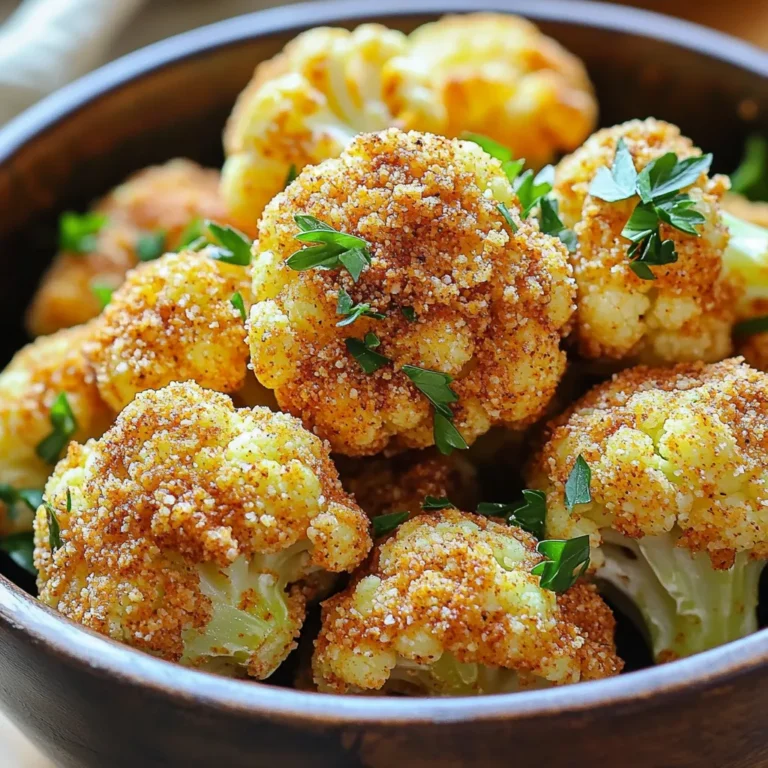 - 1 medium head of cauliflower, cut into bite-sized florets - 1 cup buttermilk (or a dairy-free alternative) - 1 cup all-purpose flour (or gluten-free flour for a gluten-free option) - 1 tablespoon ranch seasoning mix - 1 teaspoon garlic powder - 1 teaspoon onion powder - 1 teaspoon smoked paprika - 1 cup panko breadcrumbs - Salt and freshly ground pepper, to taste To start, you need the main ingredients. The cauliflower gives a nice crunch and flavor. The buttermilk helps the cauliflower soak in the taste. You can also use a dairy-free option if needed. The flour helps the seasoning stick well. Use all-purpose flour or a gluten-free option if you prefer. Next are the seasonings. Ranch seasoning mix adds a classic taste. Garlic powder and onion powder bring out rich flavors. Smoked paprika gives a nice depth and warmth. For the coating, panko breadcrumbs are great for that crispy bite. Don't forget to add salt and pepper to boost the taste. Salt brings out the best in food, and freshly ground pepper adds a nice kick. Gather these ingredients, and you're set to make a tasty dish. Air Fryer Ranch Cauliflower Bites can be a fun snack or a side dish. Get ready to cook something that impresses! First, grab a large bowl. Pour in 1 cup of buttermilk and add a pinch of salt and pepper. Cut your cauliflower into bite-sized florets. Toss the florets into the bowl. Make sure they are fully covered in the buttermilk. Cover the bowl and place it in the fridge. Let the cauliflower marinate for at least 30 minutes. This helps the flavor soak in and makes it tender. While the cauliflower marinates, let’s prepare the coating. In a separate bowl, mix 1 cup of flour with 1 tablespoon of ranch seasoning, 1 teaspoon of garlic powder, 1 teaspoon of onion powder, and 1 teaspoon of smoked paprika. Stir until everything blends well. In another bowl, pour in 1 cup of breadcrumbs. This is your breadcrumb station. Keep it ready for the next step. After marinating, take the cauliflower out of the fridge. Start by dredging each floret in the flour mix. Shake off any extra flour. Next, dip the floret back into the buttermilk. This makes it wet again. Now roll it in the breadcrumbs. Press lightly to make sure the crumbs stick well. Repeat this for all the florets. Now, it's time to air fry! Preheat your air fryer to 400°F (200°C). Once hot, arrange the coated cauliflower bites in a single layer in the basket. Do not crowd them; this keeps them crispy. Cook for 12-15 minutes. Shake the basket halfway through to get an even brown. When they turn golden brown and crispy, they are ready to enjoy! To get that perfect crunch, avoid overcrowding the air fryer. If you pack too many cauliflower bites together, they steam instead of fry. This means less crispiness. Cook in small batches for the best results. You want to give each floret enough space to get hot air all around it. This helps them become golden and crunchy. You can customize the flavor of your cauliflower bites. Try adding your favorite herbs to the ranch seasoning. Fresh dill or parsley can boost the taste. If you want a kick, toss in some cayenne pepper or chili powder. This will give your bites a nice twist. Feel free to experiment with spices to match your taste buds. These crispy bites pair well with dips. Ranch dressing is a classic choice. You can also try spicy sriracha mayo for a zing. Another great idea is to serve them with a yogurt dip or a fresh salsa. Adding a sprinkle of chopped parsley on top makes them look good too. It adds a pop of color and flavor that everyone will love. {{image_4}} If you want a gluten-free version, you can easily swap the flour and breadcrumbs. Use gluten-free all-purpose flour instead of regular flour. For the breadcrumbs, look for gluten-free panko or make your own by blending gluten-free bread. This way, you can enjoy the same crispy texture and flavor without any gluten. You can change the flavor of your cauliflower bites by adding spices. Try a spicy ranch seasoning for a kick. You can also mix in some grated cheese into the flour mix for a cheesy flavor. Just remember to use a cheese that melts well, like cheddar or mozzarella, to keep it creamy. If you're feeling adventurous, try using other vegetables as well. Broccoli makes a great substitute. It cooks nicely and adds vibrant color. Zucchini is another option that works well. Just cut it into bite-sized pieces like the cauliflower. Each veggie will give you a new taste and texture. To keep your Air Fryer Ranch Cauliflower Bites fresh, store them in an airtight container. Place them in the refrigerator within two hours of cooking. They can last up to three days. When you store them, try to separate layers with parchment paper. This keeps them from getting soggy. To reheat your cauliflower bites, use the air fryer for best results. Preheat it to 350°F (175°C). Place the bites in a single layer, and cook for about 5-7 minutes. This method helps maintain their crispiness. You can also use an oven if needed, but the air fryer is my favorite choice. If you want to freeze your ranch cauliflower bites, place them in a single layer on a baking sheet. Freeze them for about an hour before transferring to a freezer bag. They can stay good for up to three months. When you're ready to eat, there’s no need to thaw. Just cook them in the air fryer straight from the freezer. Expect them to take a few extra minutes to cook through. Yes, you can! If you lack buttermilk, use these substitutes: - Milk with lemon juice: Mix 1 cup of milk with 1 tablespoon of lemon juice. Let it sit for 5 minutes. - Yogurt: Thin out 1 cup of plain yogurt with a little water. - Dairy-free milk: Use a plant-based milk like almond or soy and add lemon juice. These options give you a similar tangy flavor. Cook cauliflower bites for 12 to 15 minutes at 400°F (200°C). Check for golden brown color. Shake the basket halfway through to ensure even cooking. This way, you get that perfect crispy texture! These bites go well with many dishes! Here are some tasty pairings: - Dips: Ranch dressing, blue cheese, or a spicy aioli work great. - Main dishes: Serve alongside grilled chicken, fish, or a veggie burger. - Salads: They add crunch to a fresh green salad or a grain bowl. Feel free to experiment and find your favorite combo! This blog post covered how to make delicious Air Fryer Ranch Cauliflower Bites. You learned about the main ingredients, seasonings, and easy step-by-step instructions. We shared tips for crispiness and variations to suit your taste. You can now enjoy this tasty dish with various dips or alternate veggies. By following these steps, you’ll create a satisfying snack that is both fun and healthy. Start cooking and enjoy the crunch!