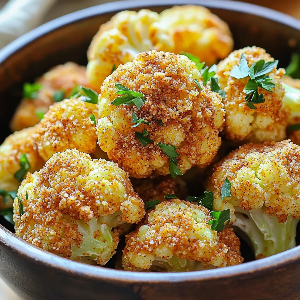 - 1 medium head of cauliflower, cut into bite-sized florets - 1 cup buttermilk (or a dairy-free alternative) - 1 cup all-purpose flour (or gluten-free flour for a gluten-free option) - 1 tablespoon ranch seasoning mix - 1 teaspoon garlic powder - 1 teaspoon onion powder - 1 teaspoon smoked paprika - 1 cup panko breadcrumbs - Salt and freshly ground pepper, to taste To start, you need the main ingredients. The cauliflower gives a nice crunch and flavor. The buttermilk helps the cauliflower soak in the taste. You can also use a dairy-free option if needed. The flour helps the seasoning stick well. Use all-purpose flour or a gluten-free option if you prefer. Next are the seasonings. Ranch seasoning mix adds a classic taste. Garlic powder and onion powder bring out rich flavors. Smoked paprika gives a nice depth and warmth. For the coating, panko breadcrumbs are great for that crispy bite. Don't forget to add salt and pepper to boost the taste. Salt brings out the best in food, and freshly ground pepper adds a nice kick. Gather these ingredients, and you're set to make a tasty dish. Air Fryer Ranch Cauliflower Bites can be a fun snack or a side dish. Get ready to cook something that impresses! First, grab a large bowl. Pour in 1 cup of buttermilk and add a pinch of salt and pepper. Cut your cauliflower into bite-sized florets. Toss the florets into the bowl. Make sure they are fully covered in the buttermilk. Cover the bowl and place it in the fridge. Let the cauliflower marinate for at least 30 minutes. This helps the flavor soak in and makes it tender. While the cauliflower marinates, let’s prepare the coating. In a separate bowl, mix 1 cup of flour with 1 tablespoon of ranch seasoning, 1 teaspoon of garlic powder, 1 teaspoon of onion powder, and 1 teaspoon of smoked paprika. Stir until everything blends well. In another bowl, pour in 1 cup of breadcrumbs. This is your breadcrumb station. Keep it ready for the next step. After marinating, take the cauliflower out of the fridge. Start by dredging each floret in the flour mix. Shake off any extra flour. Next, dip the floret back into the buttermilk. This makes it wet again. Now roll it in the breadcrumbs. Press lightly to make sure the crumbs stick well. Repeat this for all the florets. Now, it's time to air fry! Preheat your air fryer to 400°F (200°C). Once hot, arrange the coated cauliflower bites in a single layer in the basket. Do not crowd them; this keeps them crispy. Cook for 12-15 minutes. Shake the basket halfway through to get an even brown. When they turn golden brown and crispy, they are ready to enjoy! To get that perfect crunch, avoid overcrowding the air fryer. If you pack too many cauliflower bites together, they steam instead of fry. This means less crispiness. Cook in small batches for the best results. You want to give each floret enough space to get hot air all around it. This helps them become golden and crunchy. You can customize the flavor of your cauliflower bites. Try adding your favorite herbs to the ranch seasoning. Fresh dill or parsley can boost the taste. If you want a kick, toss in some cayenne pepper or chili powder. This will give your bites a nice twist. Feel free to experiment with spices to match your taste buds. These crispy bites pair well with dips. Ranch dressing is a classic choice. You can also try spicy sriracha mayo for a zing. Another great idea is to serve them with a yogurt dip or a fresh salsa. Adding a sprinkle of chopped parsley on top makes them look good too. It adds a pop of color and flavor that everyone will love. {{image_4}} If you want a gluten-free version, you can easily swap the flour and breadcrumbs. Use gluten-free all-purpose flour instead of regular flour. For the breadcrumbs, look for gluten-free panko or make your own by blending gluten-free bread. This way, you can enjoy the same crispy texture and flavor without any gluten. You can change the flavor of your cauliflower bites by adding spices. Try a spicy ranch seasoning for a kick. You can also mix in some grated cheese into the flour mix for a cheesy flavor. Just remember to use a cheese that melts well, like cheddar or mozzarella, to keep it creamy. If you're feeling adventurous, try using other vegetables as well. Broccoli makes a great substitute. It cooks nicely and adds vibrant color. Zucchini is another option that works well. Just cut it into bite-sized pieces like the cauliflower. Each veggie will give you a new taste and texture. To keep your Air Fryer Ranch Cauliflower Bites fresh, store them in an airtight container. Place them in the refrigerator within two hours of cooking. They can last up to three days. When you store them, try to separate layers with parchment paper. This keeps them from getting soggy. To reheat your cauliflower bites, use the air fryer for best results. Preheat it to 350°F (175°C). Place the bites in a single layer, and cook for about 5-7 minutes. This method helps maintain their crispiness. You can also use an oven if needed, but the air fryer is my favorite choice. If you want to freeze your ranch cauliflower bites, place them in a single layer on a baking sheet. Freeze them for about an hour before transferring to a freezer bag. They can stay good for up to three months. When you're ready to eat, there’s no need to thaw. Just cook them in the air fryer straight from the freezer. Expect them to take a few extra minutes to cook through. Yes, you can! If you lack buttermilk, use these substitutes: - Milk with lemon juice: Mix 1 cup of milk with 1 tablespoon of lemon juice. Let it sit for 5 minutes. - Yogurt: Thin out 1 cup of plain yogurt with a little water. - Dairy-free milk: Use a plant-based milk like almond or soy and add lemon juice. These options give you a similar tangy flavor. Cook cauliflower bites for 12 to 15 minutes at 400°F (200°C). Check for golden brown color. Shake the basket halfway through to ensure even cooking. This way, you get that perfect crispy texture! These bites go well with many dishes! Here are some tasty pairings: - Dips: Ranch dressing, blue cheese, or a spicy aioli work great. - Main dishes: Serve alongside grilled chicken, fish, or a veggie burger. - Salads: They add crunch to a fresh green salad or a grain bowl. Feel free to experiment and find your favorite combo! This blog post covered how to make delicious Air Fryer Ranch Cauliflower Bites. You learned about the main ingredients, seasonings, and easy step-by-step instructions. We shared tips for crispiness and variations to suit your taste. You can now enjoy this tasty dish with various dips or alternate veggies. By following these steps, you’ll create a satisfying snack that is both fun and healthy. Start cooking and enjoy the crunch!