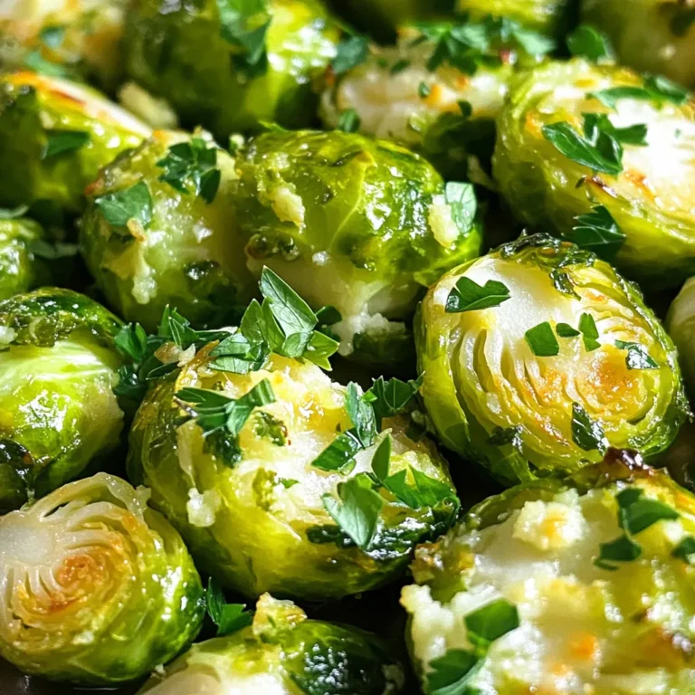 To make delicious Garlic Herb Smashed Brussels Sprouts, gather these key ingredients: - 1 lb Brussels sprouts - 4 cloves garlic, minced - 3 tablespoons olive oil - 1 teaspoon dried thyme - 1 teaspoon dried rosemary - Salt and freshly ground black pepper, to taste - Zest of 1 lemon These ingredients are simple yet powerful. The Brussels sprouts bring a hearty base, while garlic adds a rich flavor. Olive oil helps everything come together, making the dish nice and crispy. For added flavor, you will need: - Fresh parsley, finely chopped (for garnish) Garnishing with fresh parsley not only brightens the dish but also adds a fresh taste. The lemon zest gives a hint of brightness that lifts the whole flavor profile. When preparing Garlic Herb Smashed Brussels Sprouts, consider these tips: - Use high-quality olive oil for the best taste. - Opt for fresh herbs when possible to enhance flavor. - A good lemon zester makes zesting quick and easy. These small changes can elevate your dish. Quality ingredients make a big difference, so choose wisely. Enjoy the process of cooking and experimenting with flavors! Start by washing the Brussels sprouts well. Trim off the stems and take off any brown leaves. This keeps them fresh and tasty. Make sure they are all about the same size for even cooking. Next, bring a large pot of salted water to a strong boil. Add the Brussels sprouts carefully. Blanch them for 8 to 10 minutes. They should be bright green and tender but still firm. This step helps them cook well in the oven later. While the sprouts are cooling, make the garlic herb mixture. In a small bowl, mix the minced garlic, olive oil, dried thyme, dried rosemary, salt, and black pepper. Add the zest of the lemon for a nice boost of flavor. Stir it all together until it blends well. Now, spread the blanched sprouts on a baking sheet. Use a glass or fork to gently smash each sprout. This helps them get crispy edges. Brush the garlic herb mixture over the smashed sprouts generously. Place the baking sheet in your preheated oven and roast for 20 to 25 minutes. Watch for crispy, golden edges. When done, sprinkle with fresh parsley for color and flavor. Enjoy your Garlic Herb Smashed Brussels Sprouts! To get crispy Brussels sprouts, start by smashing them gently. This helps create more edges to crisp up. Blanch them first in salted water. This step makes them tender and helps the outside get crispy in the oven. Roasting at 400°F is key. This temperature allows the sprouts to brown nicely. Make sure to coat them well with the garlic herb mixture. This adds flavor and helps with crispiness. One common mistake is overcrowding the baking sheet. If you place too many sprouts together, they steam instead of roast. Another mistake is not smashing them enough. If you don’t smash them, they won’t get crispy. Be careful not to burn the garlic in your herb mixture. Garlic can turn bitter if cooked too long. Lastly, avoid skipping the lemon zest. It brightens the dish and adds a fresh taste. Serve your smashed Brussels sprouts on a large platter. Drizzle any leftover garlic herb oil from the baking sheet on top. This adds extra flavor and looks great. You can also add lemon wedges on the side. This lets everyone squeeze fresh lemon juice over their sprouts. For garnish, sprinkle finely chopped parsley on top. This adds a pop of color and freshness. Enjoy your tasty dish! {{image_4}} You can switch up the herbs in this dish. Try adding basil, oregano, or dill for a fresh twist. Each herb brings unique flavors that can change the taste completely. Want a spicy kick? Add some red pepper flakes or a dash of paprika. Experimenting with different combinations lets you create a new dish each time. To make this dish vegan or dairy-free, simply skip the butter. The olive oil gives enough flavor and richness. You can also use nutritional yeast for a cheesy taste without dairy. This keeps your smashed Brussels sprouts tasty while meeting dietary needs. If you can’t find Brussels sprouts, try using cauliflower or broccoli instead. Both veggies work well with the same garlic herb mix. You can also use different oils, like avocado oil, for a distinct flavor. For a zesty touch, add lime zest instead of lemon. These swaps keep the dish fun and fresh! Store your leftover smashed Brussels sprouts in an airtight container. Let them cool first. This prevents moisture buildup, which can make them soggy. Place them in the fridge within two hours of cooking. If you want to keep them fresh longer, use the freezer. Just be sure to wrap them well in plastic wrap or foil. To reheat, the oven is best. Preheat your oven to 350°F (175°C). Spread the sprouts on a baking sheet. Heat them for about 10-15 minutes. This keeps them crispy and tasty. You can also use a skillet. Add a little olive oil and heat them over medium heat. Stir gently until they are hot. In the fridge, these sprouts last about 3-5 days. If frozen, they can last for up to 3 months. Just remember, the sooner you eat them, the better they taste! Enjoy them fresh for the best flavor and crunch. Yes, you can prepare them ahead of time. First, cook the Brussels sprouts and smash them. Then, store them in the fridge for up to two days. When ready to serve, coat them with the garlic herb mixture and roast as directed. This keeps the flavor fresh and tasty. Garlic Herb Smashed Brussels Sprouts pair well with many dishes. They complement roasted chicken, grilled fish, or a hearty steak. You can also serve them with quinoa or wild rice for a vegetarian option. The bright lemon zest adds a nice touch to balance rich flavors. To serve more people, simply double or triple the recipe. Use 2 to 3 pounds of Brussels sprouts and adjust the garlic, herbs, and oil accordingly. Make sure you have a large enough baking sheet. You want to keep the sprouts in a single layer for even cooking. If you need a substitute for olive oil, try using melted butter or avocado oil. Both options add a rich flavor. You can also use grapeseed oil for a lighter taste. Each substitute will still allow the garlic herbs to shine. Garlic Herb Smashed Brussels Sprouts are a tasty treat. You learned about essential ingredients, step-by-step prep, and storage tips. My main goal is to help you make this dish easy and fun. Remember to try different herbs for new flavors. With simple changes, you can impress your family and friends. Use the tips to ensure your sprouts come out perfect each time. Enjoy cooking these delicious sprouts, and share your results with others!
