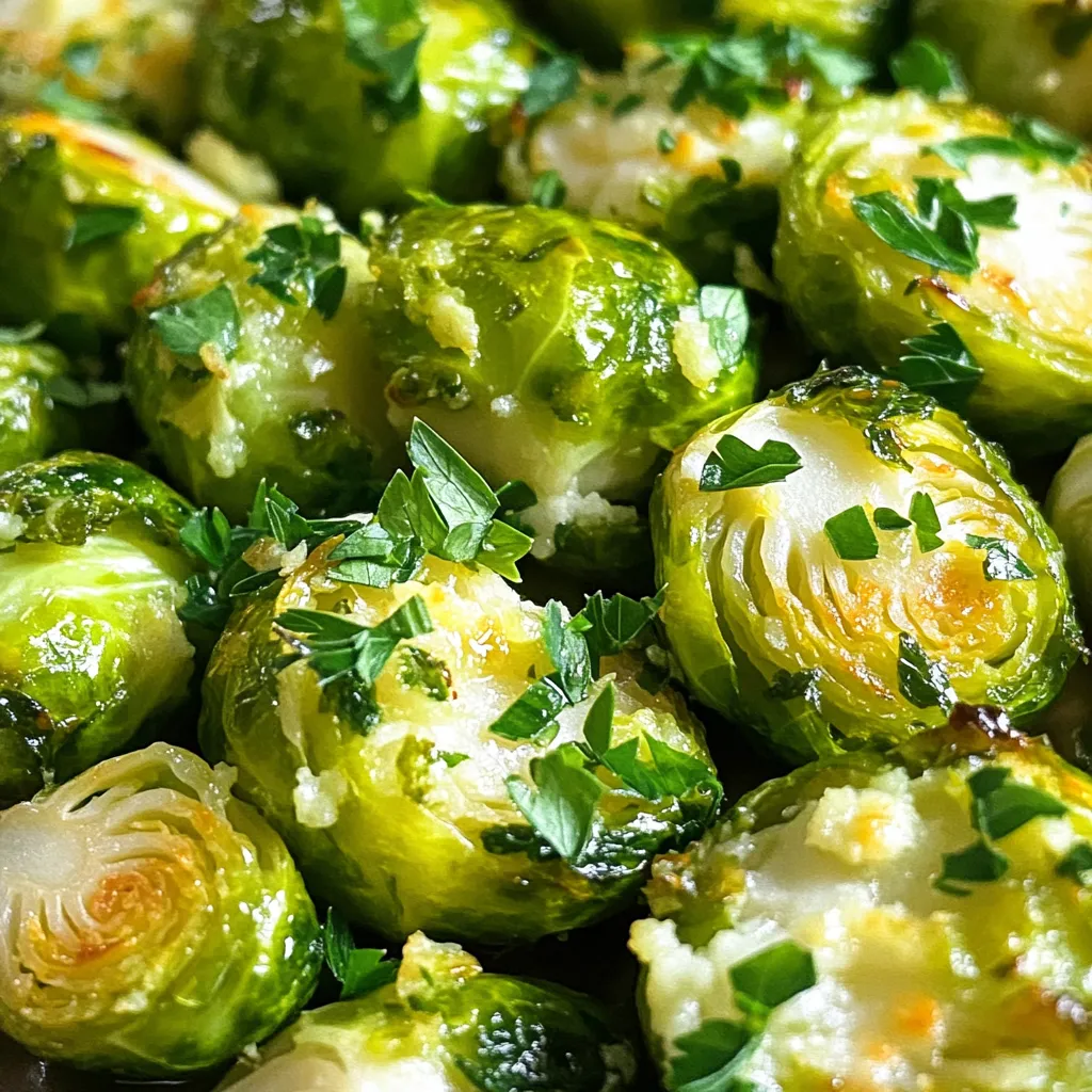 To make delicious Garlic Herb Smashed Brussels Sprouts, gather these key ingredients: - 1 lb Brussels sprouts - 4 cloves garlic, minced - 3 tablespoons olive oil - 1 teaspoon dried thyme - 1 teaspoon dried rosemary - Salt and freshly ground black pepper, to taste - Zest of 1 lemon These ingredients are simple yet powerful. The Brussels sprouts bring a hearty base, while garlic adds a rich flavor. Olive oil helps everything come together, making the dish nice and crispy. For added flavor, you will need: - Fresh parsley, finely chopped (for garnish) Garnishing with fresh parsley not only brightens the dish but also adds a fresh taste. The lemon zest gives a hint of brightness that lifts the whole flavor profile. When preparing Garlic Herb Smashed Brussels Sprouts, consider these tips: - Use high-quality olive oil for the best taste. - Opt for fresh herbs when possible to enhance flavor. - A good lemon zester makes zesting quick and easy. These small changes can elevate your dish. Quality ingredients make a big difference, so choose wisely. Enjoy the process of cooking and experimenting with flavors! Start by washing the Brussels sprouts well. Trim off the stems and take off any brown leaves. This keeps them fresh and tasty. Make sure they are all about the same size for even cooking. Next, bring a large pot of salted water to a strong boil. Add the Brussels sprouts carefully. Blanch them for 8 to 10 minutes. They should be bright green and tender but still firm. This step helps them cook well in the oven later. While the sprouts are cooling, make the garlic herb mixture. In a small bowl, mix the minced garlic, olive oil, dried thyme, dried rosemary, salt, and black pepper. Add the zest of the lemon for a nice boost of flavor. Stir it all together until it blends well. Now, spread the blanched sprouts on a baking sheet. Use a glass or fork to gently smash each sprout. This helps them get crispy edges. Brush the garlic herb mixture over the smashed sprouts generously. Place the baking sheet in your preheated oven and roast for 20 to 25 minutes. Watch for crispy, golden edges. When done, sprinkle with fresh parsley for color and flavor. Enjoy your Garlic Herb Smashed Brussels Sprouts! To get crispy Brussels sprouts, start by smashing them gently. This helps create more edges to crisp up. Blanch them first in salted water. This step makes them tender and helps the outside get crispy in the oven. Roasting at 400°F is key. This temperature allows the sprouts to brown nicely. Make sure to coat them well with the garlic herb mixture. This adds flavor and helps with crispiness. One common mistake is overcrowding the baking sheet. If you place too many sprouts together, they steam instead of roast. Another mistake is not smashing them enough. If you don’t smash them, they won’t get crispy. Be careful not to burn the garlic in your herb mixture. Garlic can turn bitter if cooked too long. Lastly, avoid skipping the lemon zest. It brightens the dish and adds a fresh taste. Serve your smashed Brussels sprouts on a large platter. Drizzle any leftover garlic herb oil from the baking sheet on top. This adds extra flavor and looks great. You can also add lemon wedges on the side. This lets everyone squeeze fresh lemon juice over their sprouts. For garnish, sprinkle finely chopped parsley on top. This adds a pop of color and freshness. Enjoy your tasty dish! {{image_4}} You can switch up the herbs in this dish. Try adding basil, oregano, or dill for a fresh twist. Each herb brings unique flavors that can change the taste completely. Want a spicy kick? Add some red pepper flakes or a dash of paprika. Experimenting with different combinations lets you create a new dish each time. To make this dish vegan or dairy-free, simply skip the butter. The olive oil gives enough flavor and richness. You can also use nutritional yeast for a cheesy taste without dairy. This keeps your smashed Brussels sprouts tasty while meeting dietary needs. If you can’t find Brussels sprouts, try using cauliflower or broccoli instead. Both veggies work well with the same garlic herb mix. You can also use different oils, like avocado oil, for a distinct flavor. For a zesty touch, add lime zest instead of lemon. These swaps keep the dish fun and fresh! Store your leftover smashed Brussels sprouts in an airtight container. Let them cool first. This prevents moisture buildup, which can make them soggy. Place them in the fridge within two hours of cooking. If you want to keep them fresh longer, use the freezer. Just be sure to wrap them well in plastic wrap or foil. To reheat, the oven is best. Preheat your oven to 350°F (175°C). Spread the sprouts on a baking sheet. Heat them for about 10-15 minutes. This keeps them crispy and tasty. You can also use a skillet. Add a little olive oil and heat them over medium heat. Stir gently until they are hot. In the fridge, these sprouts last about 3-5 days. If frozen, they can last for up to 3 months. Just remember, the sooner you eat them, the better they taste! Enjoy them fresh for the best flavor and crunch. Yes, you can prepare them ahead of time. First, cook the Brussels sprouts and smash them. Then, store them in the fridge for up to two days. When ready to serve, coat them with the garlic herb mixture and roast as directed. This keeps the flavor fresh and tasty. Garlic Herb Smashed Brussels Sprouts pair well with many dishes. They complement roasted chicken, grilled fish, or a hearty steak. You can also serve them with quinoa or wild rice for a vegetarian option. The bright lemon zest adds a nice touch to balance rich flavors. To serve more people, simply double or triple the recipe. Use 2 to 3 pounds of Brussels sprouts and adjust the garlic, herbs, and oil accordingly. Make sure you have a large enough baking sheet. You want to keep the sprouts in a single layer for even cooking. If you need a substitute for olive oil, try using melted butter or avocado oil. Both options add a rich flavor. You can also use grapeseed oil for a lighter taste. Each substitute will still allow the garlic herbs to shine. Garlic Herb Smashed Brussels Sprouts are a tasty treat. You learned about essential ingredients, step-by-step prep, and storage tips. My main goal is to help you make this dish easy and fun. Remember to try different herbs for new flavors. With simple changes, you can impress your family and friends. Use the tips to ensure your sprouts come out perfect each time. Enjoy cooking these delicious sprouts, and share your results with others!