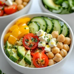 - 1 cup quinoa - 1 cup cucumber, diced into small cubes - 1 cup cherry tomatoes, halved - 1 bell pepper (red or yellow), diced - 1/2 red onion, finely chopped - 1 cup chickpeas, drained and rinsed - 2 tablespoons fresh parsley, finely chopped - 2 tablespoons fresh mint, finely chopped - 1 ripe avocado, sliced - Feta cheese (optional, for topping) - 3 tablespoons extra-virgin olive oil - Juice of 1 fresh lemon - Salt and black pepper to taste - Medium saucepan - Large mixing bowl - Small bowl for dressing - Fork for fluffing quinoa Each ingredient plays a vital role in making the lemon herb quinoa bowls fresh and tasty. Quinoa is the base, giving a great texture. Fresh vegetables like cucumber, cherry tomatoes, bell pepper, and red onion add crunch and flavor. Chickpeas bring protein, while parsley and mint offer bright, fresh tastes. Avocado gives creaminess, and feta cheese, if you choose to use it, adds a salty kick. For the dressing, the extra-virgin olive oil and fresh lemon juice create a zesty finish. Salt and black pepper enhance all the flavors. Using the right kitchen tools makes your cooking easier. A medium saucepan cooks the quinoa perfectly. A large mixing bowl holds everything well, while a small bowl is perfect for whisking the dressing. A fork helps fluff the quinoa, keeping it light and airy. Gather these ingredients and tools, and you’re ready to make a delicious meal! {{ingredient_image_2}} To cook quinoa well, start by rinsing it. Place the quinoa in a fine mesh strainer. Run cold water over it for about 2 minutes. This step removes the bitter coating called saponin. Next, boil 2 cups of vegetable broth or water in a medium saucepan. Once it boils, add the rinsed quinoa. Stir it gently and lower the heat to a simmer. Cover the pan and cook for about 15 minutes. When the quinoa finishes cooking, it should absorb all the liquid. The grains will look fluffy. Remove the pan from heat, and use a fork to fluff the quinoa gently. Set it aside to cool slightly. While your quinoa cooks, prepare your fresh veggies. Start with cucumber and bell pepper. Dice the cucumber into small cubes and do the same with the bell pepper. Next, halve the cherry tomatoes. Then, chop the red onion finely. Finally, drain and rinse the chickpeas. Place all these vibrant ingredients together in a large mixing bowl. Gently mix them until evenly combined. Now, let’s make the dressing. In a small bowl, whisk together 3 tablespoons of extra-virgin olive oil and the juice of 1 fresh lemon. Add a pinch of salt and black pepper. Taste the dressing and adjust the seasoning to your liking. Once it’s just right, pour the dressing over the quinoa and veggie mixture. Toss everything gently until well combined and coated in the dressing. Next, fold in the finely chopped parsley and mint leaves. These herbs add fresh flavor. Taste again and adjust the salt and pepper if needed. Your Lemon Herb Quinoa Bowl is now ready to serve! To avoid mushy quinoa, rinse it well. This removes the bitter coating called saponin. Use a fine mesh strainer for best results. Next, use the right water-to-quinoa ratio. The standard ratio is 2:1. For 1 cup of quinoa, use 2 cups of broth or water. This helps ensure even cooking. Cook the quinoa on low heat after it boils. Cover the pot and let it simmer. This keeps the grains from getting too soft. After cooking, fluff it with a fork. This helps separate the grains. For extra flavor, try adding spices like cumin or paprika. These spices give warmth and depth. You can also add a pinch of red pepper flakes for some heat. Fresh herbs are key for great taste. I love using parsley and mint in this recipe. They add brightness and freshness. You can also experiment with basil or cilantro. When serving, top with avocado slices or crumbled feta cheese. These toppings add creaminess and a nice touch. You can also sprinkle extra herbs on top for added flavor. Choose colorful bowls for serving. Bright dishes make your meal look inviting. I like using bowls that show off the vibrant ingredients. Arrange the ingredients in a way that catches the eye. Layer the quinoa, veggies, and toppings. This makes it look more appealing. For garnishing, add a sprinkle of herbs or a wedge of lemon. These small touches elevate the dish. They also give a fresh scent that draws people in. Pro Tips Tip for Fluffy Quinoa: To ensure your quinoa is fluffy, always rinse it thoroughly before cooking to remove any bitter saponins on the surface. Seasoning the Vegetables: Don’t skip on seasoning the vegetable mixture! A pinch of salt can enhance their flavors before you combine them with the quinoa. Make Ahead: This dish can be made ahead of time; just store the dressing separately and add it just before serving to keep everything fresh. Herb Variations: Feel free to customize the herbs! Basil, cilantro, or dill can be great additions, giving a unique twist to your quinoa bowls. {{image_4}} You can change the protein in your quinoa bowls. Adding grilled chicken or shrimp boosts flavor and makes it heartier. Cook the protein until it's juicy. Slice it up and place it on top of your bowl. This adds a nice touch. Want a plant-based option? Use beans instead of chickpeas. Black beans or kidney beans work well. They add protein and fiber too. Just rinse them and mix them into your bowl for a tasty twist. Feel free to switch up the veggies. Try adding zucchini, carrots, or radishes. You can also use seasonal vegetables. In summer, fresh corn or bell peppers shine. In fall, roasted sweet potatoes are perfect. This way, every bowl can change with the seasons. If you're looking for a change, use other grains. Farro or couscous can be great instead of quinoa. They have different textures and flavors. If you need a gluten-free option, try rice, millet, or gluten-free couscous. These substitutes keep your meal fresh and exciting. Lemon herb quinoa bowls stay fresh in the fridge for about 3 to 5 days. To keep them tasty, place them in an airtight container. This helps lock in moisture and flavor. If you want to keep the avocado from browning, add it just before serving. Yes, you can freeze quinoa bowls! Just make sure they are cool before freezing. Use freezer-safe bags or containers. They will last up to 2 months. When you are ready to eat, thaw them in the fridge overnight. Reheat gently in the microwave or on the stove. Add a splash of water to keep it moist while reheating. Prepping ingredients ahead of time makes cooking easier. You can rinse and cook quinoa in advance. Chop vegetables and store them in separate containers. This keeps them fresh and crunchy. If you mix everything too early, the veggies might get soggy. Prepare the dressing ahead too, but add it just before serving for the best taste. To make quinoa fluffy, rinse it well before cooking. Rinsing removes the natural coating called saponin, which can make quinoa taste bitter. Use two cups of vegetable broth or water for every cup of quinoa. Bring the liquid to a gentle boil, then add the quinoa. After that, lower the heat and cover the pot. Let it simmer for about 15 minutes. Once all the liquid is absorbed, take it off the heat. Fluff the quinoa with a fork to separate the grains. This will give you that perfect fluffy texture. Yes, you can make lemon herb quinoa bowls ahead of time. For meal prep, cook the quinoa and chop the vegetables earlier in the day or even the night before. Store the quinoa and veggies in separate containers in the fridge. This keeps everything fresh and tasty. When you're ready to eat, mix them together and add the dressing. You can also store the dressing in a jar. Just shake it before adding to your bowl. This way, your meal stays bright and flavorful. If you don't have lemon juice, there are several tasty options. You can use lime juice for a different citrus flavor. Apple cider vinegar works well, too, adding a nice tang. Another option is white wine vinegar, which gives a mild acidity. You could even try orange juice for a slightly sweeter twist. Just remember to adjust the amount to fit your taste. In this blog, we explored how to make delicious quinoa bowls. We covered key ingredients, from quinoa and fresh veggies to dressing components. I shared easy step-by-step instructions to cook quinoa and prepare the salad. You now have tips for perfecting texture and enhancing flavor. We also discussed variations and storage methods to keep your bowls fresh. Try these ideas to create your own tasty quinoa bowls. With practice, you can impress yourself and anyone you share them with. Enjoy cooking!