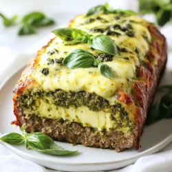 - 1 lb ground beef - 1 lb ground turkey - 1 cup breadcrumbs - 1 large egg - ½ cup grated Parmesan cheese - 1 garlic clove, minced - 1 teaspoon dried Italian herbs - Salt and pepper to taste - 1 tablespoon olive oil - ½ cup pesto sauce (store-bought or homemade) - 1 cup shredded mozzarella cheese - Fresh basil leaves - Extra pesto for drizzling To make Pesto Mozzarella Stuffed Meatloaf, you need a mix of meats, breadcrumbs, and cheese. The combination of ground beef and turkey gives the meatloaf great flavor and texture. I like to use fresh garlic and Italian herbs to give it a nice taste. You can adjust the salt and pepper to suit your liking. The egg helps hold the meatloaf together. For the stuffing, I recommend using some creamy mozzarella cheese and pesto. The pesto adds a rich flavor, while the cheese melts perfectly. For garnishing, fresh basil leaves add a nice touch. Drizzling some extra pesto on top makes it look even better. You will love how the flavors blend together in this dish! {{ingredient_image_2}} Start by preheating your oven to 350°F (175°C). This step is key. A hot oven helps the meatloaf cook evenly. In a big bowl, mix the ground beef and ground turkey. Add the breadcrumbs, one egg, and half a cup of grated Parmesan cheese. Toss in one minced garlic clove, dried Italian herbs, salt, and pepper. Use your hands or a fork to blend it all well. Make sure there are no dry spots left. On a baking sheet lined with parchment paper, take half of your meat mix. Shape it into a rectangle, about one inch thick. This is the bottom of your meatloaf. Next, spread pesto sauce over this layer. Make sure it covers the edges. Now, sprinkle one cup of shredded mozzarella cheese on top of the pesto. Take the rest of the meat mixture and spread it over the cheese. Press gently to seal everything inside. Drizzle one tablespoon of olive oil over the top to keep it moist while baking. Place the meatloaf in the oven and bake it for 50 to 60 minutes. A meat thermometer should read 160°F (70°C) when it's done. Once baked, take the meatloaf out and let it rest for about 10 minutes. This helps keep it juicy. After resting, slice it into thick pieces. For a great meal, serve it with roasted veggies or creamy mashed potatoes. To impress, drizzle extra pesto on the sliced meatloaf and add fresh basil leaves for color. Enjoy! To keep your meatloaf moist, use a mix of beef and turkey. This blend adds flavor and keeps it juicy. Adding breadcrumbs helps absorb moisture. Don’t skip the olive oil on top before baking. It creates a nice crust while locking in moisture. Also, remember to let the meatloaf rest after baking. This step helps keep the juices inside. You can use store-bought pesto for convenience. However, homemade pesto tastes great too. If you choose to make your own, blend fresh basil, garlic, pine nuts, and olive oil. This gives your meatloaf a fresh, vibrant flavor. Look for pesto that has simple, quality ingredients. Avoid ones with fillers or preservatives for the best taste. To slice your meatloaf perfectly, use a sharp knife. Let the meatloaf rest for at least 10 minutes after baking. This helps the juices settle. When cutting, start at the center and work your way out. This method gives you even slices. If you want clean cuts, dip the knife in hot water between slices. Wipe it off before each cut for neat portions. Pro Tips Use Fresh Ingredients: Freshly made pesto can elevate the flavor of your meatloaf significantly. If possible, make your own pesto using fresh basil, garlic, pine nuts, and Parmesan. Experiment with Meats: Try mixing different ground meats such as pork or lamb with the beef and turkey for a unique flavor profile. Check for Doneness: Always use a meat thermometer to ensure the meatloaf has reached an internal temperature of 160°F (70°C) for safety and optimal texture. Rest Before Slicing: Allow the meatloaf to rest for at least 10 minutes after baking. This helps redistribute the juices, ensuring every slice is moist and flavorful. {{image_4}} You can switch the meats in this recipe. Ground beef gives a rich taste. Ground turkey is leaner and lighter. Both work well, but they change the flavor and texture. If you want a lighter meal, I suggest using turkey. If you prefer a heartier dish, beef is the way to go. Mixing both meats can also add depth. While mozzarella is classic, you can try different cheeses. Cheddar adds a sharp kick. Gouda gives a smoky flavor. Ricotta can make it creamier. Experiment with what you have on hand. Each cheese will change the taste and texture of the meatloaf. Make it your own! You can add veggies and spices for extra flavor. Chopped spinach adds color and nutrition. Diced bell peppers bring sweetness. Even grated carrots can work well. For spices, try adding paprika for heat or cumin for warmth. Mix and match to find your perfect flavor. The possibilities are endless! To keep your pesto mozzarella stuffed meatloaf fresh, store it in the fridge. Place the meatloaf in an airtight container. You can also wrap it tightly in plastic wrap. It stays good for up to three days. Make sure to let it cool before storing. This helps prevent moisture buildup inside the container. If you want to save some meatloaf for later, freezing is a great option. First, let it cool completely. Then, wrap it tightly in plastic wrap, followed by aluminum foil. You can also place it in a freezer-safe bag. This will help reduce freezer burn. It can last in the freezer for about three months. When you’re ready to eat it, just thaw it in the fridge overnight. To reheat your meatloaf, the oven is the best choice. Preheat your oven to 350°F (175°C). Place the meatloaf in a baking dish and cover it with foil. This keeps it moist while heating. Bake for about 20-25 minutes, or until warmed through. You can also use the microwave if you’re in a hurry. Slice the meatloaf and place it on a microwave-safe plate. Heat it on medium for about 2-3 minutes. Just be careful not to overheat, as it can dry out. Yes, you can make meatloaf ahead of time. Prepare it and shape it, but do not bake it. Cover it tightly and store it in the fridge for up to 24 hours. When you are ready to bake, just pop it in the oven. This saves time and still gives you a tasty dish. Great sides for this meatloaf include: - Roasted vegetables - Creamy mashed potatoes - Garlic bread - Fresh salad These sides balance the flavors well and add texture to your meal. Leftover meatloaf lasts about 3 to 4 days in the fridge. Make sure to store it in an airtight container. This keeps it fresh and safe to eat. Absolutely! Homemade pesto can add a personal touch. It often has richer flavors than store-bought. Use your favorite recipe and enjoy the difference in taste. This blog post covered how to make a delicious pesto mozzarella stuffed meatloaf. We explored key ingredients, step-by-step instructions, and useful tips for success. Remember to consider variations like different meats and cheese options for your dish. Make sure to store any leftovers properly to enjoy later. Cooking is fun and rewarding, so don’t hesitate to get creative with your meatloaf. Enjoy your meal and the satisfaction of making it yourself!