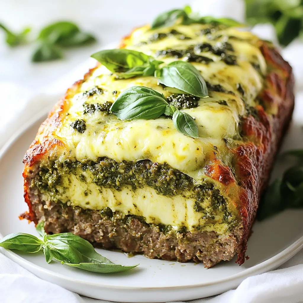 - 1 lb ground beef - 1 lb ground turkey - 1 cup breadcrumbs - 1 large egg - ½ cup grated Parmesan cheese - 1 garlic clove, minced - 1 teaspoon dried Italian herbs - Salt and pepper to taste - 1 tablespoon olive oil - ½ cup pesto sauce (store-bought or homemade) - 1 cup shredded mozzarella cheese - Fresh basil leaves - Extra pesto for drizzling To make Pesto Mozzarella Stuffed Meatloaf, you need a mix of meats, breadcrumbs, and cheese. The combination of ground beef and turkey gives the meatloaf great flavor and texture. I like to use fresh garlic and Italian herbs to give it a nice taste. You can adjust the salt and pepper to suit your liking. The egg helps hold the meatloaf together. For the stuffing, I recommend using some creamy mozzarella cheese and pesto. The pesto adds a rich flavor, while the cheese melts perfectly. For garnishing, fresh basil leaves add a nice touch. Drizzling some extra pesto on top makes it look even better. You will love how the flavors blend together in this dish! {{ingredient_image_2}} Start by preheating your oven to 350°F (175°C). This step is key. A hot oven helps the meatloaf cook evenly. In a big bowl, mix the ground beef and ground turkey. Add the breadcrumbs, one egg, and half a cup of grated Parmesan cheese. Toss in one minced garlic clove, dried Italian herbs, salt, and pepper. Use your hands or a fork to blend it all well. Make sure there are no dry spots left. On a baking sheet lined with parchment paper, take half of your meat mix. Shape it into a rectangle, about one inch thick. This is the bottom of your meatloaf. Next, spread pesto sauce over this layer. Make sure it covers the edges. Now, sprinkle one cup of shredded mozzarella cheese on top of the pesto. Take the rest of the meat mixture and spread it over the cheese. Press gently to seal everything inside. Drizzle one tablespoon of olive oil over the top to keep it moist while baking. Place the meatloaf in the oven and bake it for 50 to 60 minutes. A meat thermometer should read 160°F (70°C) when it's done. Once baked, take the meatloaf out and let it rest for about 10 minutes. This helps keep it juicy. After resting, slice it into thick pieces. For a great meal, serve it with roasted veggies or creamy mashed potatoes. To impress, drizzle extra pesto on the sliced meatloaf and add fresh basil leaves for color. Enjoy! To keep your meatloaf moist, use a mix of beef and turkey. This blend adds flavor and keeps it juicy. Adding breadcrumbs helps absorb moisture. Don’t skip the olive oil on top before baking. It creates a nice crust while locking in moisture. Also, remember to let the meatloaf rest after baking. This step helps keep the juices inside. You can use store-bought pesto for convenience. However, homemade pesto tastes great too. If you choose to make your own, blend fresh basil, garlic, pine nuts, and olive oil. This gives your meatloaf a fresh, vibrant flavor. Look for pesto that has simple, quality ingredients. Avoid ones with fillers or preservatives for the best taste. To slice your meatloaf perfectly, use a sharp knife. Let the meatloaf rest for at least 10 minutes after baking. This helps the juices settle. When cutting, start at the center and work your way out. This method gives you even slices. If you want clean cuts, dip the knife in hot water between slices. Wipe it off before each cut for neat portions. Pro Tips Use Fresh Ingredients: Freshly made pesto can elevate the flavor of your meatloaf significantly. If possible, make your own pesto using fresh basil, garlic, pine nuts, and Parmesan. Experiment with Meats: Try mixing different ground meats such as pork or lamb with the beef and turkey for a unique flavor profile. Check for Doneness: Always use a meat thermometer to ensure the meatloaf has reached an internal temperature of 160°F (70°C) for safety and optimal texture. Rest Before Slicing: Allow the meatloaf to rest for at least 10 minutes after baking. This helps redistribute the juices, ensuring every slice is moist and flavorful. {{image_4}} You can switch the meats in this recipe. Ground beef gives a rich taste. Ground turkey is leaner and lighter. Both work well, but they change the flavor and texture. If you want a lighter meal, I suggest using turkey. If you prefer a heartier dish, beef is the way to go. Mixing both meats can also add depth. While mozzarella is classic, you can try different cheeses. Cheddar adds a sharp kick. Gouda gives a smoky flavor. Ricotta can make it creamier. Experiment with what you have on hand. Each cheese will change the taste and texture of the meatloaf. Make it your own! You can add veggies and spices for extra flavor. Chopped spinach adds color and nutrition. Diced bell peppers bring sweetness. Even grated carrots can work well. For spices, try adding paprika for heat or cumin for warmth. Mix and match to find your perfect flavor. The possibilities are endless! To keep your pesto mozzarella stuffed meatloaf fresh, store it in the fridge. Place the meatloaf in an airtight container. You can also wrap it tightly in plastic wrap. It stays good for up to three days. Make sure to let it cool before storing. This helps prevent moisture buildup inside the container. If you want to save some meatloaf for later, freezing is a great option. First, let it cool completely. Then, wrap it tightly in plastic wrap, followed by aluminum foil. You can also place it in a freezer-safe bag. This will help reduce freezer burn. It can last in the freezer for about three months. When you’re ready to eat it, just thaw it in the fridge overnight. To reheat your meatloaf, the oven is the best choice. Preheat your oven to 350°F (175°C). Place the meatloaf in a baking dish and cover it with foil. This keeps it moist while heating. Bake for about 20-25 minutes, or until warmed through. You can also use the microwave if you’re in a hurry. Slice the meatloaf and place it on a microwave-safe plate. Heat it on medium for about 2-3 minutes. Just be careful not to overheat, as it can dry out. Yes, you can make meatloaf ahead of time. Prepare it and shape it, but do not bake it. Cover it tightly and store it in the fridge for up to 24 hours. When you are ready to bake, just pop it in the oven. This saves time and still gives you a tasty dish. Great sides for this meatloaf include: - Roasted vegetables - Creamy mashed potatoes - Garlic bread - Fresh salad These sides balance the flavors well and add texture to your meal. Leftover meatloaf lasts about 3 to 4 days in the fridge. Make sure to store it in an airtight container. This keeps it fresh and safe to eat. Absolutely! Homemade pesto can add a personal touch. It often has richer flavors than store-bought. Use your favorite recipe and enjoy the difference in taste. This blog post covered how to make a delicious pesto mozzarella stuffed meatloaf. We explored key ingredients, step-by-step instructions, and useful tips for success. Remember to consider variations like different meats and cheese options for your dish. Make sure to store any leftovers properly to enjoy later. Cooking is fun and rewarding, so don’t hesitate to get creative with your meatloaf. Enjoy your meal and the satisfaction of making it yourself!