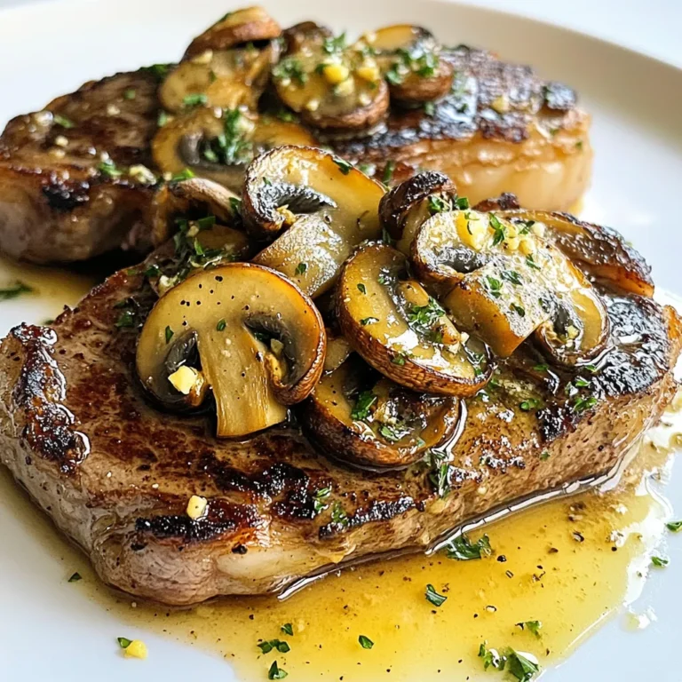 - 2 ribeye steaks (approximately 1-inch thick) - 2 cups mushrooms (cremini or button), sliced - 4 tablespoons unsalted butter, divided - 4 cloves garlic, minced - 1 tablespoon fresh thyme leaves (or 1 teaspoon dried thyme) - Salt and freshly ground black pepper, to taste - 2 tablespoons olive oil - Fresh parsley, chopped (for garnish) - Large skillet - Tongs - Cutting board - Sharp knife - Measuring spoons - Serving plates When selecting ribeye steaks, look for a rich red color and good marbling. Marbling means fat is spread through the meat, giving it flavor and tenderness. Choose steaks that feel firm and heavy for their size. For mushrooms, fresher is better. Pick mushrooms that are firm, dry, and free from spots. Cremini mushrooms add a deeper flavor, while button mushrooms are milder. Make sure both the steaks and mushrooms are fresh to enhance your dish. Remember, quality ingredients lead to a better meal. {{ingredient_image_2}} Start by taking your ribeye steaks out of the fridge. Let them sit at room temperature for about 30 minutes. This helps the meat cook evenly. Next, pat the steaks dry with a paper towel. Season both sides well with salt and freshly ground black pepper. This step adds great flavor. Grab a large skillet and heat it over medium-high heat. Pour in 2 tablespoons of olive oil. When the oil is hot and shimmering, carefully add the seasoned steaks. Sear the steaks for about 4-5 minutes on each side. This timing gives you a nice medium-rare steak. If you like it more done, cook longer. Once cooked, move the steaks to a plate and cover them with foil to keep warm. In the same skillet, lower the heat to medium. Add the sliced mushrooms. Sauté the mushrooms for about 4-5 minutes. Stir them occasionally until they turn golden brown and release juices. Next, add the minced garlic and thyme to the skillet. Stir well and cook for 1-2 minutes. This helps the garlic flavor bloom. Be careful not to burn the garlic. Now, lower the heat to a gentle simmer. Add the remaining 4 tablespoons of butter to the skillet. Let the butter melt and mix with the mushrooms and garlic. Taste the sauce and add more salt or pepper if needed. Finally, place the cooked steaks back in the skillet. Spoon the garlic butter mushroom mixture over each steak. Cook together for about a minute to blend the flavors. To get the best doneness, you can use a meat thermometer. For medium-rare, aim for 130°F. Insert the probe into the thickest part of the steak. If you don’t have a thermometer, press the steak with your finger. A medium-rare steak feels soft but slightly firm. Let the steak rest after cooking. This step lets the juices settle, ensuring your steak stays juicy. To bring out that rich garlic flavor, use fresh garlic. Mince it finely so it mixes well with the mushrooms. Don’t add the garlic at the start. Wait until the mushrooms are golden brown. This timing stops the garlic from burning. Stir it for just a minute or two. The heat will release its aroma, creating that savory taste you crave. Resting your steak is key. Let it sit for at least five minutes after cooking. This time allows the juices to redistribute. If you cut it too soon, the juices will run out. You want a juicy bite in every forkful. Cover the steak loosely with foil during this time to keep it warm. Enjoy the full flavor and tenderness of your perfectly cooked steak! Pro Tips Rest the Steaks: Allowing the steaks to rest at room temperature for 30 minutes before cooking helps them cook more evenly and results in a juicier steak. Don’t Overcrowd the Pan: Searing the steaks in a hot skillet without overcrowding ensures a good sear and crust. Cook one or two steaks at a time if necessary. Use Fresh Herbs: Fresh thyme enhances the flavor of the garlic butter sauce significantly. If using dried thyme, remember that it's more concentrated, so reduce the amount. Serve Immediately: For the best experience, serve the steaks right after spooning the mushroom sauce over them. This ensures they stay warm and flavorful. {{image_4}} You can use different steaks for this recipe. Ribeye gives rich flavor and tenderness. New York strip is another great option. It has a firm texture with good marbling. Filet mignon is leaner and very tender. It cooks quickly and tastes amazing. If you want a cheaper cut, try sirloin. Just ensure it's well-seasoned to enhance the taste. Each steak brings its unique flavor to the dish. Choose what you like best! While cremini and button mushrooms are common, you can try others. Shiitake mushrooms add a deep, rich flavor. Portobello mushrooms are great for a meaty texture. You can even mix different mushrooms for a fun twist. Consider adding spinach or kale for extra greens. They cook down well and add nutrition. If you want more color, add bell peppers. They bring sweetness and crunch to the dish. Experiment with your favorite mushrooms! Herbs can elevate your garlic butter. Fresh thyme is a classic, but there are more options. Rosemary gives a strong, fragrant taste. Basil adds a sweet, fresh note. Oregano brings earthy flavors that work well, too. Mix and match to find your favorite combo. You can also try spicy red pepper flakes for heat. Just a pinch can make a big difference. Get creative with your herbs and tailor the taste to your liking! To store your leftover garlic butter mushroom steak, let it cool. Place it in an airtight container. Make sure to refrigerate it within two hours of cooking. This keeps it fresh and safe to eat. Your steak will stay good for three to four days in the fridge. When you are ready to eat your leftovers, you can reheat them easily. The best way is to use a skillet. Heat it over medium heat and add a bit of olive oil or butter. Place the steak in the skillet and warm it for about 3-4 minutes on each side. This method keeps the steak juicy. You can also microwave it if you’re in a hurry. Just cover it with a damp paper towel to keep it moist. Heat for 30 seconds, then check if it’s warm. Repeat if needed. If you want to keep your garlic butter mushroom steak longer, freezing is a good option. Wrap each steak tightly in plastic wrap. Then, place it in a freezer-safe bag. Make sure to remove as much air as possible. You can freeze it for up to three months. When you’re ready to enjoy it, thaw it in the fridge overnight. After thawing, reheat it as mentioned above for the best taste. You can enjoy this steak with many tasty sides. Here are some great options: - Mashed potatoes: Creamy and buttery mashed potatoes add warmth. - Steamed vegetables: Broccoli or green beans give a fresh crunch. - Rice: Fluffy white or brown rice soaks up the garlic butter sauce well. - Salad: A light salad with a tangy dressing balances the rich flavors. Yes, you can. Use olive oil instead of butter. This will change the taste a bit but keep it flavorful. You can also try vegan butter for a dairy-free option. To check your steak, use a meat thermometer. Here are some temperature guides: - Rare: 125°F (51°C) - Medium rare: 135°F (57°C) - Medium: 145°F (63°C) - Medium well: 150°F (66°C) - Well done: 160°F (71°C) Another way is to press the steak with your finger. A soft feel means it’s rare. A firmer touch means it is more cooked. In this post, we covered what you need for garlic butter mushroom steak. We discussed ingredients, equipment, and tips for choosing quality steaks and mushrooms. I shared steps for preparing, cooking, and savoring the dish. You learned how to get the perfect doneness and flavor. We explored variations and proper storage for leftovers, too. Cooking this dish is a fun and tasty experience. With practice, you will impress everyone at the table. Enjoy each bite!