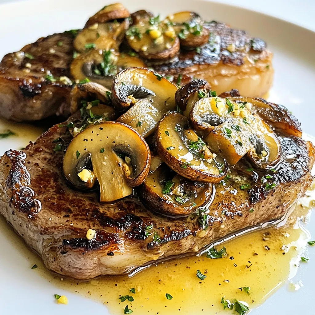 - 2 ribeye steaks (approximately 1-inch thick) - 2 cups mushrooms (cremini or button), sliced - 4 tablespoons unsalted butter, divided - 4 cloves garlic, minced - 1 tablespoon fresh thyme leaves (or 1 teaspoon dried thyme) - Salt and freshly ground black pepper, to taste - 2 tablespoons olive oil - Fresh parsley, chopped (for garnish) - Large skillet - Tongs - Cutting board - Sharp knife - Measuring spoons - Serving plates When selecting ribeye steaks, look for a rich red color and good marbling. Marbling means fat is spread through the meat, giving it flavor and tenderness. Choose steaks that feel firm and heavy for their size. For mushrooms, fresher is better. Pick mushrooms that are firm, dry, and free from spots. Cremini mushrooms add a deeper flavor, while button mushrooms are milder. Make sure both the steaks and mushrooms are fresh to enhance your dish. Remember, quality ingredients lead to a better meal. {{ingredient_image_2}} Start by taking your ribeye steaks out of the fridge. Let them sit at room temperature for about 30 minutes. This helps the meat cook evenly. Next, pat the steaks dry with a paper towel. Season both sides well with salt and freshly ground black pepper. This step adds great flavor. Grab a large skillet and heat it over medium-high heat. Pour in 2 tablespoons of olive oil. When the oil is hot and shimmering, carefully add the seasoned steaks. Sear the steaks for about 4-5 minutes on each side. This timing gives you a nice medium-rare steak. If you like it more done, cook longer. Once cooked, move the steaks to a plate and cover them with foil to keep warm. In the same skillet, lower the heat to medium. Add the sliced mushrooms. Sauté the mushrooms for about 4-5 minutes. Stir them occasionally until they turn golden brown and release juices. Next, add the minced garlic and thyme to the skillet. Stir well and cook for 1-2 minutes. This helps the garlic flavor bloom. Be careful not to burn the garlic. Now, lower the heat to a gentle simmer. Add the remaining 4 tablespoons of butter to the skillet. Let the butter melt and mix with the mushrooms and garlic. Taste the sauce and add more salt or pepper if needed. Finally, place the cooked steaks back in the skillet. Spoon the garlic butter mushroom mixture over each steak. Cook together for about a minute to blend the flavors. To get the best doneness, you can use a meat thermometer. For medium-rare, aim for 130°F. Insert the probe into the thickest part of the steak. If you don’t have a thermometer, press the steak with your finger. A medium-rare steak feels soft but slightly firm. Let the steak rest after cooking. This step lets the juices settle, ensuring your steak stays juicy. To bring out that rich garlic flavor, use fresh garlic. Mince it finely so it mixes well with the mushrooms. Don’t add the garlic at the start. Wait until the mushrooms are golden brown. This timing stops the garlic from burning. Stir it for just a minute or two. The heat will release its aroma, creating that savory taste you crave. Resting your steak is key. Let it sit for at least five minutes after cooking. This time allows the juices to redistribute. If you cut it too soon, the juices will run out. You want a juicy bite in every forkful. Cover the steak loosely with foil during this time to keep it warm. Enjoy the full flavor and tenderness of your perfectly cooked steak! Pro Tips Rest the Steaks: Allowing the steaks to rest at room temperature for 30 minutes before cooking helps them cook more evenly and results in a juicier steak. Don’t Overcrowd the Pan: Searing the steaks in a hot skillet without overcrowding ensures a good sear and crust. Cook one or two steaks at a time if necessary. Use Fresh Herbs: Fresh thyme enhances the flavor of the garlic butter sauce significantly. If using dried thyme, remember that it's more concentrated, so reduce the amount. Serve Immediately: For the best experience, serve the steaks right after spooning the mushroom sauce over them. This ensures they stay warm and flavorful. {{image_4}} You can use different steaks for this recipe. Ribeye gives rich flavor and tenderness. New York strip is another great option. It has a firm texture with good marbling. Filet mignon is leaner and very tender. It cooks quickly and tastes amazing. If you want a cheaper cut, try sirloin. Just ensure it's well-seasoned to enhance the taste. Each steak brings its unique flavor to the dish. Choose what you like best! While cremini and button mushrooms are common, you can try others. Shiitake mushrooms add a deep, rich flavor. Portobello mushrooms are great for a meaty texture. You can even mix different mushrooms for a fun twist. Consider adding spinach or kale for extra greens. They cook down well and add nutrition. If you want more color, add bell peppers. They bring sweetness and crunch to the dish. Experiment with your favorite mushrooms! Herbs can elevate your garlic butter. Fresh thyme is a classic, but there are more options. Rosemary gives a strong, fragrant taste. Basil adds a sweet, fresh note. Oregano brings earthy flavors that work well, too. Mix and match to find your favorite combo. You can also try spicy red pepper flakes for heat. Just a pinch can make a big difference. Get creative with your herbs and tailor the taste to your liking! To store your leftover garlic butter mushroom steak, let it cool. Place it in an airtight container. Make sure to refrigerate it within two hours of cooking. This keeps it fresh and safe to eat. Your steak will stay good for three to four days in the fridge. When you are ready to eat your leftovers, you can reheat them easily. The best way is to use a skillet. Heat it over medium heat and add a bit of olive oil or butter. Place the steak in the skillet and warm it for about 3-4 minutes on each side. This method keeps the steak juicy. You can also microwave it if you’re in a hurry. Just cover it with a damp paper towel to keep it moist. Heat for 30 seconds, then check if it’s warm. Repeat if needed. If you want to keep your garlic butter mushroom steak longer, freezing is a good option. Wrap each steak tightly in plastic wrap. Then, place it in a freezer-safe bag. Make sure to remove as much air as possible. You can freeze it for up to three months. When you’re ready to enjoy it, thaw it in the fridge overnight. After thawing, reheat it as mentioned above for the best taste. You can enjoy this steak with many tasty sides. Here are some great options: - Mashed potatoes: Creamy and buttery mashed potatoes add warmth. - Steamed vegetables: Broccoli or green beans give a fresh crunch. - Rice: Fluffy white or brown rice soaks up the garlic butter sauce well. - Salad: A light salad with a tangy dressing balances the rich flavors. Yes, you can. Use olive oil instead of butter. This will change the taste a bit but keep it flavorful. You can also try vegan butter for a dairy-free option. To check your steak, use a meat thermometer. Here are some temperature guides: - Rare: 125°F (51°C) - Medium rare: 135°F (57°C) - Medium: 145°F (63°C) - Medium well: 150°F (66°C) - Well done: 160°F (71°C) Another way is to press the steak with your finger. A soft feel means it’s rare. A firmer touch means it is more cooked. In this post, we covered what you need for garlic butter mushroom steak. We discussed ingredients, equipment, and tips for choosing quality steaks and mushrooms. I shared steps for preparing, cooking, and savoring the dish. You learned how to get the perfect doneness and flavor. We explored variations and proper storage for leftovers, too. Cooking this dish is a fun and tasty experience. With practice, you will impress everyone at the table. Enjoy each bite!