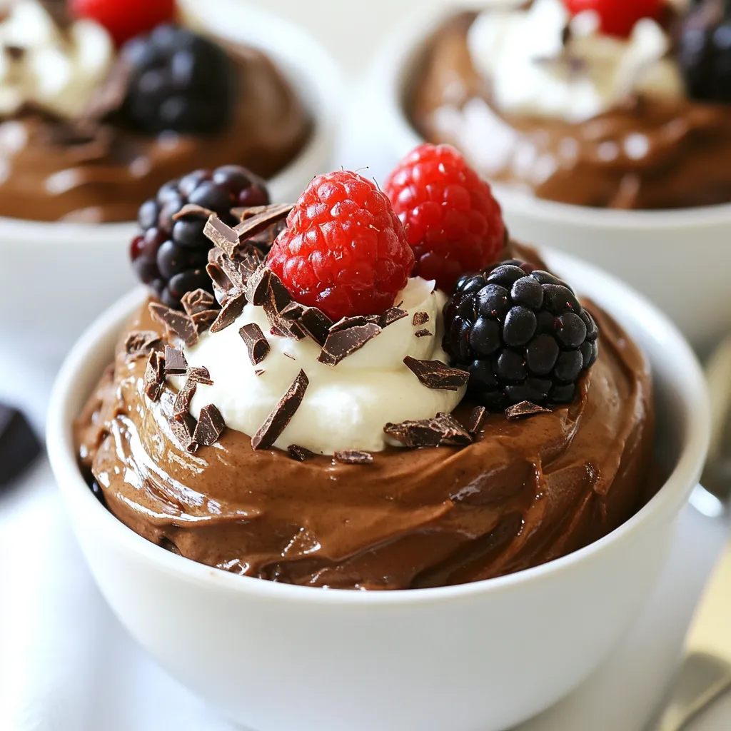 - 2 ripe avocados, peeled and pitted - 1/2 cup unsweetened cocoa powder, sifted - 1/3 cup pure maple syrup or agave syrup - 1/4 cup almond milk or your preferred milk The main stars of this dessert are ripe avocados. They give the mousse a creamy base. The unsweetened cocoa powder adds rich chocolate flavor. I love using pure maple syrup for sweetness, but agave syrup works well too. Almond milk keeps the mousse smooth, but feel free to use any milk you like. - Whipped coconut cream - Dark chocolate shavings - Fresh berries You can make this dessert even better with toppings. Whipped coconut cream adds a light touch. Dark chocolate shavings bring a nice crunch and more chocolate flavor. Fresh berries add color and a fruity taste. You can mix and match these toppings based on your mood. Avocados are packed with healthy fats and fiber. They help keep you full and satisfied. Dark chocolate is also good for you. It is rich in antioxidants and can lift your mood. Each serving of this mousse is around 200 calories, making it a guilt-free treat. {{ingredient_image_2}} - First, take two ripe avocados. - Slice each avocado in half with a sharp knife. - Carefully remove the pit from each half. - Use a spoon to scoop out the creamy flesh into your food processor. - Next, add the unsweetened cocoa powder, maple syrup, almond milk, vanilla extract, and sea salt. - Make sure to measure each ingredient carefully for the best flavor. - Blend the ingredients on high speed. - Stop and scrape the sides with a spatula to mix well. - Continue blending until the mixture is smooth and creamy. - If the mousse is too thick, add a bit more almond milk. - For sweetness, taste and add more maple syrup as needed. - Spoon the mousse into small dessert cups or bowls. - For a nice look, smooth the tops with a spatula. - Chill the mousse in the fridge for at least 30 minutes. - Serve cold to enjoy the rich flavors. - Top with whipped coconut cream, chocolate shavings, or fresh berries for extra flair. To make your mousse creamier, use very ripe avocados. The softer they are, the smoother your mousse will be. Blend the ingredients until they are completely mixed. If it seems thick, add more almond milk. You can also add a bit of nut butter for extra creaminess. Adjusting sweetness is simple. Start with the maple syrup. Blend, then taste. If you want it sweeter, add more syrup a little at a time. Blend after each addition to find your perfect level of sweetness. A good food processor is key for this mousse. I recommend a model with a strong motor. It helps create that silky texture we all love. Look for one with a large bowl to hold all the ingredients. For presentation, use clear dessert cups. They show off the beautiful color of the mousse. A small spatula helps scoop the mousse without making a mess. Over-blending can whip air into your mousse. Blend just until smooth. Under-blending leaves lumps, which you want to avoid. If this happens, blend a bit longer, but keep an eye on it. Ingredient substitutions can change the texture. If you use sweeteners other than maple syrup, it may not blend as smoothly. Stick to the recipe for the best results. Pro Tips Choose Ripe Avocados: Ensure your avocados are perfectly ripe for the best creamy texture. They should yield slightly to gentle pressure when squeezed. Adjust Sweetness to Taste: Start with the recommended amount of maple syrup, but feel free to adjust based on your preference for sweetness. Experiment with Milk Options: While almond milk is a great choice, you can also try coconut milk or oat milk for a different flavor profile. Chill for Optimal Flavor: Allowing the mousse to chill for at least 30 minutes enhances the flavors and improves its consistency. {{image_4}} You can make your mousse even better by adding spices. A dash of cinnamon gives warmth. A little espresso adds a rich coffee flavor. You can also mix in nut butters like almond or peanut. This adds a creamy texture and a nutty taste. If you want a vegan version, use agave syrup instead of maple syrup. Substitute almond milk with any plant-based milk. For those with nut allergies, use oat milk or soy milk. You can still enjoy this dessert without nuts. Try layering the mousse with other desserts. It works great with fruits or granola. For special occasions, serve it in clear glasses. This shows off the rich color. Add fresh mint leaves on top for a nice touch. To keep your leftover mousse fresh, place it in an airtight container. This will help lock in the flavors. If you do not have an airtight container, cover it tightly with plastic wrap. Make sure the wrap touches the surface of the mousse to limit air exposure. This helps prevent browning. In the fridge, the mousse will stay good for about 3 days. Always check for signs of spoilage. If you see any discoloration or an off smell, it’s best to toss it out. Freshness matters for taste! You can freeze the mousse for up to a month. Portion it into small containers for easy use later. To thaw, place it in the fridge overnight. For best texture, stir it gently after thawing. This will help restore creaminess. Avocado chocolate mousse is a rich, creamy dessert made with ripe avocados and cocoa powder. This recipe blends healthy fats from avocados with the deep flavor of chocolate. The mousse is sweetened with maple syrup, making it a delightful treat. Avocados add smoothness and nutrients. They are high in fiber and good fats, which support heart health and digestion. This dessert is not only tasty but also guilt-free. Yes, you can make this mousse ahead of time. I recommend chilling it in the fridge for at least 30 minutes. This chilling time helps it firm up and enhances the flavors. You can store it in airtight containers. Keep it in the fridge for up to three days. Just cover it well to prevent browning. Yes, this recipe is vegan-friendly! Use pure maple syrup or agave syrup as the sweetener. Almond milk or any plant-based milk works well too. Make sure to use vegan-friendly toppings, like whipped coconut cream. Enjoy this dessert without worry, as it fits a vegan diet perfectly. This blog post covered how to make a delicious avocado chocolate mousse. We explored the main ingredients, optional toppings, and the step-by-step instructions. I shared tips for a creamy texture and highlighted variations for dietary needs. You learned how to store leftovers and even how to freeze the mousse. With these insights, you can confidently create a tasty treat. Enjoy experimenting and impressing others with your new skills!