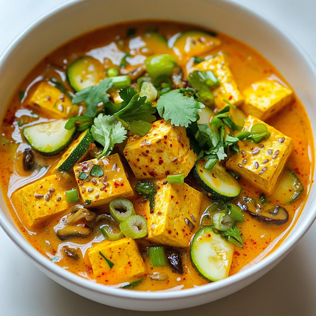 For this hearty stew, you need these main ingredients: - 14 oz firm tofu, cubed - 1 tablespoon vegetable oil - 1 small onion, diced - 3 cloves garlic, minced - 1-inch piece fresh ginger, grated - 4 cups vegetable broth - 1 medium zucchini, sliced into half-moons - 1 cup mushrooms, sliced (shiitake or button) - 1 cup green onions, chopped (separate white and green parts) These ingredients form the base of your stew. The tofu adds protein, while the vegetables bring great texture and flavor. To give your stew its signature kick, gather these spices: - 2 tablespoons gochugaru (Korean red pepper flakes) - 1 tablespoon soy sauce - 1 tablespoon sesame oil - Salt to taste The gochugaru is key for heat and flavor. Soy sauce adds a salty depth that balances the spices. Sesame oil brings a nutty finish. Consider these garnishes to elevate your dish: - Fresh cilantro leaves, for garnish - Reserved green tops of green onions Garnishing with cilantro adds a fresh touch. Serve the stew in rustic bowls for warmth. Pair it with steamed rice or crusty bread to round out the meal. {{ingredient_image_2}} To start, gather all your ingredients. You will need firm tofu, an onion, garlic, ginger, gochugaru, soy sauce, vegetable broth, zucchini, mushrooms, green onions, sesame oil, and salt. Chop the onion finely. Mince the garlic and grate the ginger. Slice the zucchini into half-moons and the mushrooms. Chop the green onions, keeping the white and green parts separate. This prep makes cooking easier and faster. In a large pot, heat one tablespoon of vegetable oil over medium heat. Once the oil is hot, add the diced onion. Sauté it for about 3-4 minutes until it turns soft and clear. Next, add the minced garlic and grated ginger. Stir these for about a minute. You want the garlic to brown lightly and fill your kitchen with a warm scent. This step builds the base of flavor for your stew. Now it is time to add the spice. Sprinkle in two tablespoons of gochugaru and one tablespoon of soy sauce. Mix well, cooking for about 1-2 minutes. This will toast the spices and enhance their taste. Carefully pour in four cups of vegetable broth. Stir everything together and bring it to a boil. Once boiling, add the cubed tofu, zucchini, and mushrooms. Lower the heat to a gentle simmer. Let it cook for 15-20 minutes, stirring occasionally. In the last few minutes, add the chopped green onions and drizzle with sesame oil. Taste and adjust salt as needed. To get the right heat, start with gochugaru, the key spice in this dish. Use 2 tablespoons for a bold kick. If you prefer milder flavors, cut back to 1 tablespoon. Always taste as you go. You can also add sliced fresh chili peppers for extra heat. Fresh ingredients bring bright flavors. Use fresh garlic and ginger for the best taste. Dried spices, like gochugaru, offer deep warmth. When you combine fresh and dried, you create a layered flavor experience. Always choose the best quality for the best results. Tofu can easily break apart. To keep it intact, gently add the cubed tofu at the right time. Stir carefully to avoid smashing it. You can also freeze tofu before using it. This makes it firmer and helps it hold shape better during cooking. Pro Tips Choose the Right Tofu: For the best texture, use firm or extra-firm tofu. Silken tofu will break apart easily in the stew. Adjust Spice Levels: If you prefer a milder stew, reduce the amount of gochugaru or remove the seeds from the peppers before adding. Enhance Umami Flavor: Add a splash of mushroom soy sauce or a few dried shiitake mushrooms to boost the umami depth of the stew. Serving Suggestions: Pair the stew with steamed rice or a side of kimchi to complement the flavors and textures of the dish. {{image_4}} You can easily change this stew by adding different proteins. Tempeh makes a great meat substitute. It has a nutty flavor and a firm texture. Simply cube the tempeh and add it when you add the tofu. If you like seafood, shrimp is a tasty option. Just toss them in during the last few minutes of cooking. They cook quickly and add a nice touch to the stew. You can swap out the zucchini for other veggies. Bok choy is a great choice. It adds a nice crunch and flavor. Spinach is another good option. Just toss it in at the end so it wilts nicely. Try adding kale for a hearty twist. It pairs well with the broth and spices. Make sure to chop it small so it cooks through. This stew is easy to make vegan or vegetarian. For a vegan version, just ensure your broth is plant-based. Many store-bought broths are vegetarian, but always check the label. If you want to add eggs, crack them in the pot just before serving. This makes it more of a traditional Korean dish. The egg adds richness to the stew. Experiment with these variations to find your favorite version of Korean spicy tofu stew! To store leftover Korean Spicy Tofu Stew, let it cool first. Use an airtight container. Fill it with the stew, leaving some space at the top. This helps prevent spills. Place the container in the fridge. It will stay fresh for about 3 to 5 days. When you are ready to eat the stew, take it out of the fridge. Pour it into a pot, and heat it over medium heat. Stir it often to ensure it heats evenly. If the stew seems thick, add a little water or broth. This keeps the flavor rich and prevents it from drying out. For long-term storage, you can freeze the stew. Use freezer-safe containers or bags. Make sure to leave room for expansion as it freezes. Label the containers with the date. The stew can last in the freezer for up to 3 months. To eat, thaw it in the fridge overnight. Then, reheat it on the stove. Enjoy your stew with its fresh, spicy flavor! You can use soft tofu, but it will change the texture. Soft tofu breaks easily and may not hold its shape as well. Firm tofu gives you nice cubes that stay intact in the stew. If you like creaminess, soft tofu adds a silky touch. If you want more bite, stick with firm. If you don't have gochugaru, use red pepper flakes. They can bring heat but lack the unique flavor. You can mix them with a bit of smoked paprika for a similar taste. Another option is cayenne pepper, but use less since it’s spicier. Korean Spicy Tofu Stew has a good kick, but it’s not the spiciest dish. It’s milder than dishes like kimchi stew or spicy fried chicken. You can adjust the spice by adding less gochugaru. This way, you can enjoy the flavor without too much heat. Korean Spicy Tofu Stew blends simple ingredients into a meal full of flavor. We explored the key components, like spices and garnishes, and shared steps to create it perfectly. I provided tips for spiciness and ingredient swaps, plus storage advice. With these insights, your stew will impress. Enjoy experimenting with variations to match your taste. Making this dish can be fun and rewarding, allowing you to bring a taste of Korea to your table. Now, get cooking!