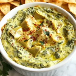 - 1 cup fresh spinach, finely chopped - 1 cup canned artichoke hearts, drained and roughly chopped - 1/2 cup raw cashews, soaked in water for at least 2 hours - 1/4 cup nutritional yeast - 1 tablespoon freshly squeezed lemon juice - 1 clove garlic, minced - 1/2 teaspoon onion powder - 1/4 teaspoon red pepper flakes (optional) - Salt and black pepper to taste - 1/4 cup almond milk If you have nut allergies, you can use sunflower seeds instead of cashews. Just soak them too! For a nut-free milk, try soy or oat milk. If you want to avoid gluten, check your labels on nutritional yeast. Most brands are gluten-free, but it's good to be sure. This dip is tasty and healthy! Each serving has about: - Calories: 150 - Protein: 5g - Carbs: 10g - Fat: 10g - Fiber: 2g - Vitamin A: 15% of your daily value - Calcium: 4% of your daily value This dip is a creamy delight without dairy. It packs in nutrients from spinach and artichokes. Plus, the cashews give it a rich texture and healthy fats! {{ingredient_image_2}} Start by soaking 1/2 cup of raw cashews in water for at least 2 hours. This softens them, making them easier to blend. Once soaked, drain and rinse them under cold water to remove any grit. This step is key for a smooth dip. In a blender, combine the soaked cashews, 1/4 cup of nutritional yeast, 1 tablespoon of freshly squeezed lemon juice, 1 clove of minced garlic, 1/2 teaspoon of onion powder, and 1/4 cup of almond milk. Blend until the mixture is creamy and smooth. Stop occasionally to scrape down the sides, ensuring an even blend. In a medium bowl, mix together 1 cup of finely chopped spinach and 1 cup of drained, roughly chopped artichoke hearts. Carefully pour the creamy cashew mixture over the veggies. Stir gently until everything is well-coated and mixed. This step brings all the flavors together. Add 1/4 teaspoon of red pepper flakes (if you like some heat), along with salt and black pepper to taste. Mix well to ensure the spices are evenly distributed. Tasting as you go helps you find the perfect balance. Preheat your oven to 350°F (175°C). Transfer the mixed spinach-artichoke dip into a baking dish and spread it evenly. Bake for 20-25 minutes. Look for bubbling edges and a lovely golden top. This step adds warmth and depth to the flavors. Once baked, take the dip out of the oven and let it cool for a few minutes. Serve warm with pita chips, crunchy veggie sticks, or toasted bread. For a garnish, sprinkle paprika or fresh herbs on top. This adds color and makes your dish pop! To achieve the best creaminess, soak your cashews for at least two hours. This softens them, making them blend smoothly. After soaking, rinse the cashews well to remove grit. Use almond milk or any plant-based milk to get that rich texture. Blend until completely smooth, stopping to scrape the sides of your blender. This helps mix all ingredients evenly. For a deeper flavor, add more garlic or a squeeze of lemon juice. Nutritional yeast brings a cheesy taste, so don’t skip it! If you enjoy spice, try adding more red pepper flakes. Fresh herbs like basil or parsley can also brighten the dip. Taste your dip before baking and adjust the seasoning as needed. This step ensures your dip has the perfect balance of flavors. Serve this dip warm with a variety of dippers. Crisp pita chips, crunchy vegetable sticks, or toasted bread slices work great. For a fun twist, offer sliced bell peppers or cucumber rounds. Garnish with paprika or chopped herbs for a pop of color. Not only does this enhance the look, but it also adds extra flavor. Enjoy your creamy vegan spinach artichoke dip with friends or family! Pro Tips Soak Cashews for Creaminess: Make sure to soak the cashews for at least 2 hours. This softens them, allowing for a smoother blend and creamier dip. Adjust Seasonings to Taste: Before baking, taste the dip and adjust the seasonings. Feel free to add more garlic, lemon juice, or nutritional yeast for a flavor boost that suits your palate. Experiment with Dippers: Try serving the dip with a variety of dippers like tortilla chips, sliced cucumbers, or even fresh baguette slices for a delightful crunch. Make Ahead for Convenience: Prepare the dip a day in advance and store it in the refrigerator. Just bake it before serving for a quick and easy appetizer. {{image_4}} For a spicy kick, add red pepper flakes to the mix. Start with 1/4 teaspoon and adjust to your taste. You can also include diced jalapeños for extra heat. These small changes make a big flavor difference. The spicy dip pairs well with tortilla chips or fresh veggies. To amp up the cheesy flavor, add more nutritional yeast. Start with an extra 1/4 cup. You can also mix in a vegan cheese of your choice. This option gives a creamier texture and a bold taste. Serve it warm for the best flavor. If you prefer a cold dip, skip the baking step. Simply mix the creamy base with spinach and artichokes. Chill for an hour before serving. This spread works great on toast or as a dip for crackers. It’s refreshing and perfect for warm days. To store leftover vegan spinach artichoke dip, place it in an airtight container. Make sure the dip is completely cool before sealing it. It will keep well in the fridge for up to four days. You can enjoy it cold or warm later. You can freeze this dip if you want to save some for later. Use a freezer-safe container and leave some space at the top for expansion. It will stay fresh for about three months in the freezer. When you're ready to enjoy it, just thaw it in the fridge overnight. To reheat the dip, you can use the oven or microwave. If using the oven, preheat it to 350°F (175°C). Transfer the dip to an oven-safe dish and heat for about 15 minutes. Stir halfway through to warm it evenly. For the microwave, heat in short bursts, stirring in between, until it's hot. Enjoy the creamy goodness again! Yes, you can make this dip ahead. Prepare the dip, then store it in the fridge. It stays fresh for up to three days. When ready to serve, bake it as directed. This saves time for parties or gatherings. If you cannot use cashews, try using silken tofu or sunflower seeds. Both options create a creamy texture. You might need to adjust the amount of liquid to reach the desired consistency. Yes, this dip is gluten-free. Just be sure to check your almond milk and any dippers you use. Many plant-based milks are naturally gluten-free, but it’s always good to verify. Absolutely! You can add ingredients like diced bell peppers, olives, or chopped herbs. These additions boost flavor and texture. Feel free to experiment and make it your own! This blog post covered all you need for a delicious dip. We explored the ingredients, substitutions, and nutritional info. I shared step-by-step instructions to make it perfectly. We added tips to enhance flavor and creaminess. You also learned tasty variations and how to store leftovers. Remember, with a few tweaks, you can make this dip your own. Enjoy your cooking and share with friends! Your kitchen adventure starts now.