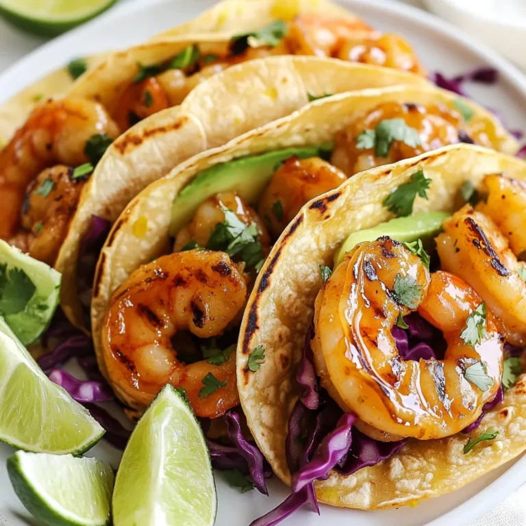 - 1 lb large shrimp, peeled and deveined - 2 tablespoons honey - 2 tablespoons freshly squeezed lime juice - 1 teaspoon lime zest - 1 teaspoon chili powder - 1 teaspoon ground cumin - 2 tablespoons extra virgin olive oil - Salt and freshly ground black pepper - 8 small corn tortillas - 1 cup red cabbage, finely shredded - 1 ripe avocado, sliced - Fresh cilantro leaves - Lime wedges The Honey Lime Shrimp Tacos pack a punch. Each serving has around 300 calories. You get about 20 grams of protein, 30 grams of carbs, and 10 grams of fat. Shrimp gives you lean protein. It also has omega-3 fatty acids, which are good for your heart. Avocado adds healthy fats and fiber. Together, they make this dish both tasty and good for you. {{ingredient_image_2}} To start, grab a medium bowl. In it, whisk together these marinade ingredients: honey, lime juice, lime zest, chili powder, cumin, olive oil, and a pinch of salt and pepper. Mix well until everything blends smoothly. Next, take your cleaned shrimp and place them in the bowl. Toss gently to coat each shrimp with the marinade. Cover the bowl and let it sit for 15-20 minutes. This time helps the shrimp soak up all that tasty flavor. While the shrimp marinate, preheat your grill or a non-stick skillet over medium-high heat. When it’s hot, arrange the shrimp in a single layer. Cook them for about 3-4 minutes on each side. You’ll know they are done when they turn pink and opaque. This shows they are fully cooked and ready to enjoy. Now, let’s prepare the corn tortillas. In a separate skillet, set the heat to low. Warm the tortillas for about 30 seconds on each side. The goal here is to make them soft and pliable. Avoid letting them get crispy, as you want them to hold the filling well. It’s time to build your tacos! Lay a few pieces of cooked shrimp on each tortilla. Next, add a generous amount of shredded red cabbage. Follow that with a few slices of ripe avocado. Finally, garnish each taco with fresh cilantro leaves. Serve with lime wedges on the side for an extra burst of flavor. Enjoy your delicious honey lime shrimp tacos! - Ideal cooking temperature for shrimp: Cook shrimp at medium-high heat. This helps them cook evenly. Aim for a temperature around 350°F to 400°F. - How to prevent shrimp from overcooking: Shrimp cook fast. Watch them closely. When they turn pink and opaque, they are done. Remove them from heat right away to avoid rubbery shrimp. - Suggestions for additional spices: Add a pinch of cayenne for heat. You can also use smoked paprika for a smoky flavor. Fresh herbs like oregano or thyme can brighten the taste too. - Pairing with sauces or salsas: Try a zesty avocado salsa. A mango salsa adds sweetness. Lime crema also pairs well, offering a creamy touch. - Arranging tacos for serving: Stack tacos on a colorful platter. Lay lime wedges around the tacos for a pop of color. You can also add a small bowl of salsa in the center. - Using vibrant dinnerware or platters: Use bright plates to contrast with the shrimp and toppings. A colorful ceramic dish makes the meal look festive and inviting. Pro Tips Marinate Time: For the best flavor, let the shrimp marinate for at least 20 minutes, but no longer than 30 minutes to avoid a mushy texture. Grill Marks: For added visual appeal, use a grill instead of a skillet. Grill the shrimp on medium-high heat to achieve beautiful grill marks. Tortilla Warming: Warm the tortillas over low heat in a skillet, and cover them with a clean kitchen towel to keep them warm and soft until serving. Avocado Tips: Choose a ripe avocado that gives slightly when pressed. To prevent browning, squeeze some lime juice on the cut avocado before serving. {{image_4}} You can switch out shrimp for other proteins. Chicken works well. Tofu is a great choice for a plant-based meal. Each option adds its own flavor and texture. Instead of corn tortillas, try flour tortillas. They offer a soft bite. For a low-carb option, use lettuce wraps. They provide a fresh crunch. For a kick, add jalapeños to your tacos. Their heat enhances the honey and lime taste. You can slice them thin and sprinkle them on top. For a tropical twist, use pineapple salsa. The sweet, juicy pineapple pairs well with the shrimp. This adds a bright flavor that takes you to a beach. Pair your tacos with sides like rice or beans. They add a hearty feel to your meal. A fresh salad also makes a great side dish. For drinks, consider a margarita. Its tartness balances the sweet shrimp. Iced tea is another good option. It keeps the meal light and refreshing. To keep your shrimp fresh, store them in an airtight container. Placing a paper towel inside helps absorb excess moisture. This keeps the shrimp from getting soggy. Store the shrimp in the fridge for up to three days. The assembled tacos will only last one day. The cabbage and avocado can turn brown quickly. To reheat shrimp, place them in a skillet over low heat. Add a splash of olive oil to prevent drying out. Heat for about three minutes, stirring gently. For warming tortillas, use a dry skillet over low heat. Heat each tortilla for about 30 seconds on each side. Avoid cooking them too long to keep them soft. You can freeze marinated shrimp. Just place them in a zip-top bag and squeeze out the air. They will stay fresh for up to three months. For best results, thaw shrimp overnight in the fridge. This method keeps the shrimp juicy and full of flavor. You can cook shrimp by grilling or pan-frying. Both methods work well. - Grilling: Preheat the grill on medium-high. Place shrimp in a single layer. Cook for 3-4 minutes per side. Watch for the shrimp to turn pink and opaque. - Pan-frying: Heat a non-stick skillet over medium-high heat. Add the shrimp in a single layer. Cook as you would on the grill. Grilling adds a nice smoky flavor. Pan-frying gives you a quick and easy dish. Both methods are delicious. Yes, you can prepare some parts in advance. - Marinating Shrimp: You can marinate the shrimp up to 1 hour in advance. Just cover and place it in the fridge. - Tortillas: Warm tortillas just before serving. If you warm them too early, they may dry out. - Toppings: Slice the avocado and shred the cabbage ahead of time. Keep them in separate containers in the fridge. This way, you save time when you are ready to serve. Many toppings go well with these tacos. Here are some popular choices: - Red Cabbage: Adds crunch and color. - Avocado: Creamy and rich flavor. - Cilantro: Fresh and bright taste. - Lime Wedges: Extra zing when squeezed on top. - Salsa: Adds a spicy kick. Feel free to mix and match. Use what you enjoy! In this post, we covered a simple and tasty honey lime shrimp taco recipe. You learned about the key ingredients, cooking steps, and how to assemble your tacos perfectly. I also shared tips on enhancing flavors and presentation. Try different proteins and toppings to make the recipe your own. Whether you stick to shrimp or explore variations, these tacos are sure to impress! Enjoy your cooking and savor each bite of this delicious meal.