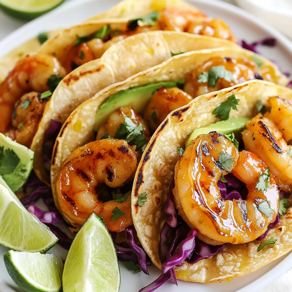 - 1 lb large shrimp, peeled and deveined - 2 tablespoons honey - 2 tablespoons freshly squeezed lime juice - 1 teaspoon lime zest - 1 teaspoon chili powder - 1 teaspoon ground cumin - 2 tablespoons extra virgin olive oil - Salt and freshly ground black pepper - 8 small corn tortillas - 1 cup red cabbage, finely shredded - 1 ripe avocado, sliced - Fresh cilantro leaves - Lime wedges The Honey Lime Shrimp Tacos pack a punch. Each serving has around 300 calories. You get about 20 grams of protein, 30 grams of carbs, and 10 grams of fat. Shrimp gives you lean protein. It also has omega-3 fatty acids, which are good for your heart. Avocado adds healthy fats and fiber. Together, they make this dish both tasty and good for you. {{ingredient_image_2}} To start, grab a medium bowl. In it, whisk together these marinade ingredients: honey, lime juice, lime zest, chili powder, cumin, olive oil, and a pinch of salt and pepper. Mix well until everything blends smoothly. Next, take your cleaned shrimp and place them in the bowl. Toss gently to coat each shrimp with the marinade. Cover the bowl and let it sit for 15-20 minutes. This time helps the shrimp soak up all that tasty flavor. While the shrimp marinate, preheat your grill or a non-stick skillet over medium-high heat. When it’s hot, arrange the shrimp in a single layer. Cook them for about 3-4 minutes on each side. You’ll know they are done when they turn pink and opaque. This shows they are fully cooked and ready to enjoy. Now, let’s prepare the corn tortillas. In a separate skillet, set the heat to low. Warm the tortillas for about 30 seconds on each side. The goal here is to make them soft and pliable. Avoid letting them get crispy, as you want them to hold the filling well. It’s time to build your tacos! Lay a few pieces of cooked shrimp on each tortilla. Next, add a generous amount of shredded red cabbage. Follow that with a few slices of ripe avocado. Finally, garnish each taco with fresh cilantro leaves. Serve with lime wedges on the side for an extra burst of flavor. Enjoy your delicious honey lime shrimp tacos! - Ideal cooking temperature for shrimp: Cook shrimp at medium-high heat. This helps them cook evenly. Aim for a temperature around 350°F to 400°F. - How to prevent shrimp from overcooking: Shrimp cook fast. Watch them closely. When they turn pink and opaque, they are done. Remove them from heat right away to avoid rubbery shrimp. - Suggestions for additional spices: Add a pinch of cayenne for heat. You can also use smoked paprika for a smoky flavor. Fresh herbs like oregano or thyme can brighten the taste too. - Pairing with sauces or salsas: Try a zesty avocado salsa. A mango salsa adds sweetness. Lime crema also pairs well, offering a creamy touch. - Arranging tacos for serving: Stack tacos on a colorful platter. Lay lime wedges around the tacos for a pop of color. You can also add a small bowl of salsa in the center. - Using vibrant dinnerware or platters: Use bright plates to contrast with the shrimp and toppings. A colorful ceramic dish makes the meal look festive and inviting. Pro Tips Marinate Time: For the best flavor, let the shrimp marinate for at least 20 minutes, but no longer than 30 minutes to avoid a mushy texture. Grill Marks: For added visual appeal, use a grill instead of a skillet. Grill the shrimp on medium-high heat to achieve beautiful grill marks. Tortilla Warming: Warm the tortillas over low heat in a skillet, and cover them with a clean kitchen towel to keep them warm and soft until serving. Avocado Tips: Choose a ripe avocado that gives slightly when pressed. To prevent browning, squeeze some lime juice on the cut avocado before serving. {{image_4}} You can switch out shrimp for other proteins. Chicken works well. Tofu is a great choice for a plant-based meal. Each option adds its own flavor and texture. Instead of corn tortillas, try flour tortillas. They offer a soft bite. For a low-carb option, use lettuce wraps. They provide a fresh crunch. For a kick, add jalapeños to your tacos. Their heat enhances the honey and lime taste. You can slice them thin and sprinkle them on top. For a tropical twist, use pineapple salsa. The sweet, juicy pineapple pairs well with the shrimp. This adds a bright flavor that takes you to a beach. Pair your tacos with sides like rice or beans. They add a hearty feel to your meal. A fresh salad also makes a great side dish. For drinks, consider a margarita. Its tartness balances the sweet shrimp. Iced tea is another good option. It keeps the meal light and refreshing. To keep your shrimp fresh, store them in an airtight container. Placing a paper towel inside helps absorb excess moisture. This keeps the shrimp from getting soggy. Store the shrimp in the fridge for up to three days. The assembled tacos will only last one day. The cabbage and avocado can turn brown quickly. To reheat shrimp, place them in a skillet over low heat. Add a splash of olive oil to prevent drying out. Heat for about three minutes, stirring gently. For warming tortillas, use a dry skillet over low heat. Heat each tortilla for about 30 seconds on each side. Avoid cooking them too long to keep them soft. You can freeze marinated shrimp. Just place them in a zip-top bag and squeeze out the air. They will stay fresh for up to three months. For best results, thaw shrimp overnight in the fridge. This method keeps the shrimp juicy and full of flavor. You can cook shrimp by grilling or pan-frying. Both methods work well. - Grilling: Preheat the grill on medium-high. Place shrimp in a single layer. Cook for 3-4 minutes per side. Watch for the shrimp to turn pink and opaque. - Pan-frying: Heat a non-stick skillet over medium-high heat. Add the shrimp in a single layer. Cook as you would on the grill. Grilling adds a nice smoky flavor. Pan-frying gives you a quick and easy dish. Both methods are delicious. Yes, you can prepare some parts in advance. - Marinating Shrimp: You can marinate the shrimp up to 1 hour in advance. Just cover and place it in the fridge. - Tortillas: Warm tortillas just before serving. If you warm them too early, they may dry out. - Toppings: Slice the avocado and shred the cabbage ahead of time. Keep them in separate containers in the fridge. This way, you save time when you are ready to serve. Many toppings go well with these tacos. Here are some popular choices: - Red Cabbage: Adds crunch and color. - Avocado: Creamy and rich flavor. - Cilantro: Fresh and bright taste. - Lime Wedges: Extra zing when squeezed on top. - Salsa: Adds a spicy kick. Feel free to mix and match. Use what you enjoy! In this post, we covered a simple and tasty honey lime shrimp taco recipe. You learned about the key ingredients, cooking steps, and how to assemble your tacos perfectly. I also shared tips on enhancing flavors and presentation. Try different proteins and toppings to make the recipe your own. Whether you stick to shrimp or explore variations, these tacos are sure to impress! Enjoy your cooking and savor each bite of this delicious meal.